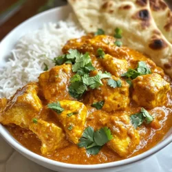 Let’s gather the key ingredients for a tasty Chicken Tikka Masala. Each item plays a big role in making this dish special. - Chicken - 500g boneless chicken thighs, cut into bite-sized pieces - Marinade Components - 1 cup plain yogurt - 2 tablespoons lemon juice - 4 cloves garlic, minced - 1 tablespoon ginger, grated - 2 teaspoons ground cumin - 1 teaspoon ground coriander - 1 teaspoon garam masala - 1 teaspoon turmeric powder - 1 teaspoon chili powder - Salt, to taste - Cooking Ingredients - 2 tablespoons vegetable oil - 1 large onion, finely chopped - 2 green chilies, slit (optional) - 1 can (400g) crushed tomatoes - 1 cup coconut milk - Fresh cilantro, for garnish Each ingredient adds its unique flavor. The chicken absorbs the marinade well, making it tender. The spices give warmth, while the coconut milk adds creaminess. This mix creates a delightful blend that makes Chicken Tikka Masala a favorite. {{ingredient_image_1}} Start by gathering your ingredients. In a large bowl, mix together: - 1 cup plain yogurt - 2 tablespoons lemon juice - 4 cloves garlic, minced - 1 tablespoon ginger, grated - 2 teaspoons ground cumin - 1 teaspoon ground coriander - 1 teaspoon garam masala - 1 teaspoon turmeric powder - 1 teaspoon chili powder - Salt, to taste Stir these well until you have a smooth mix. Now, add the chicken pieces. Make sure they get coated in the marinade. Cover the bowl, then place it in the fridge. Let it sit for at least 1 hour. For even better taste, leave it overnight. Next, heat 2 tablespoons of vegetable oil in a large skillet over medium heat. Once the oil is hot, add 1 finely chopped onion. Stir it until it turns golden brown. This will take about 8 to 10 minutes. If you like spice, you can add 2 slit green chilies here. Cook them for another minute. Now, add the marinated chicken to the skillet. Don't forget the marinade! Cook until the chicken turns brown on all sides, which should take about 5 to 7 minutes. Pour in 1 can of crushed tomatoes. Bring everything to a gentle simmer. Cook for about 10 minutes while stirring occasionally. After that, lower the heat. Add 1 cup of coconut milk and stir it in well. Let it simmer for another 10 to 15 minutes. This helps the sauce thicken and ensures the chicken is fully cooked. Before serving, garnish with fresh cilantro. This adds a lovely touch and bright flavor to your Chicken Tikka Masala. Enjoy your meal! To get the best flavor in your Chicken Tikka Masala, marinate the chicken. Use a mix of yogurt, lemon juice, garlic, and spices. This step adds depth to the dish. Refrigerate the chicken for at least one hour. If you can, let it sit overnight. The longer it marinates, the better the taste. Don't skip the spices! Each one plays a role in creating a rich flavor. When cooking, heat your oil well before adding onions. This helps them brown nicely. Stir often to prevent burning. Once the onions are golden, add the marinated chicken. Sear the chicken for about 5 to 7 minutes. This locks in the juices and flavors. After that, add crushed tomatoes and let everything simmer. This step allows the flavors to blend well. Lastly, pour in coconut milk for creaminess. For a great look, serve your Chicken Tikka Masala in a deep bowl. Pair it with warm naan or fluffy basmati rice. Garnish with fresh cilantro for color. You can also drizzle coconut cream on top. This adds a beautiful finish. A well-presented dish makes it more inviting and delicious! Pro Tips Marinating Time: The longer you marinate the chicken, the more flavorful it will be. Aim for at least 1 hour, but overnight is ideal for maximum taste. Ingredient Quality: Use fresh spices and high-quality coconut milk for a richer flavor. Fresh ingredients make a significant difference in taste. Adjusting Heat: If you prefer a milder dish, reduce the amount of chili powder or omit the green chilies. You can always add heat later! Serving Suggestions: Pair the Chicken Tikka Masala with warm naan, basmati rice, or even a fresh salad for a complete meal. Don’t forget to garnish with cilantro! {{image_2}} You can easily make Chicken Tikka Masala vegetarian. Swap the chicken for paneer or tofu. Both options soak up the sauce well. You can also use mixed vegetables like bell peppers, cauliflower, and peas. Marinate them just like chicken for a tasty dish. This way, everyone can enjoy the flavors. Adjust the spiciness to your taste. If you like it mild, reduce the chili powder. You can add more coconut milk to balance the heat. For a spicier dish, add extra green chilies or more chili powder. Always taste as you cook to get it just right. Serve Chicken Tikka Masala with warm naan or fluffy basmati rice. This pairs well with the rich sauce. You can add a side of cooling yogurt or a fresh salad. For an elegant touch, garnish with fresh cilantro and a drizzle of coconut cream. Enjoy the colorful presentation! After you cook Chicken Tikka Masala, let it cool. Place it in an airtight container. Store it in the fridge for up to 3 days. If you want to keep it longer, freezing is a better option. Always reheat it thoroughly before eating. To freeze Chicken Tikka Masala, let it cool completely. Transfer the dish to a freezer-safe container. You can also use freezer bags for easy storage. It will stay good for about 2 to 3 months. When you are ready to eat, thaw it overnight in the fridge. When reheating, you can use the stove or a microwave. For the stove, pour the Chicken Tikka Masala into a pan. Heat it over medium-low heat until hot. Stir often to avoid burning. In the microwave, place it in a microwave-safe bowl. Heat it in short bursts, stirring in between. Make sure it's heated all the way through before serving again. Chicken Tikka Masala is a flavorful dish from Indian cuisine. It features marinated, grilled chicken pieces. The chicken cooks in a creamy, spiced tomato sauce. This dish combines yogurt, spices, and coconut milk. The result is a rich and tasty meal. It pairs well with naan or rice. People love it for its warm and comforting flavors. To spice up your Chicken Tikka Masala, add more chili powder. You can also use fresh green chilies. Adjust the amount based on your spice level. Another option is to include cayenne pepper in the marinade. This will give it a nice kick. Remember to taste as you go for the right heat. Yes, you can make Chicken Tikka Masala ahead of time. Prepare the dish and let it cool. Store it in an airtight container in the fridge. It stays fresh for up to three days. You can also freeze it for longer storage. Just make sure to reheat it well before serving. This makes it a great option for meal prep. You learned about Chicken Tikka Masala, its key ingredients, and how to cook it. I shared tips for flavor, technique, and presentation. We explored vegetarian options and spice levels too. You now know how to store and reheat leftovers. Remember, practice makes perfect. Experimenting with this dish lets you find your best taste. Enjoy your cooking journey with this classic meal!