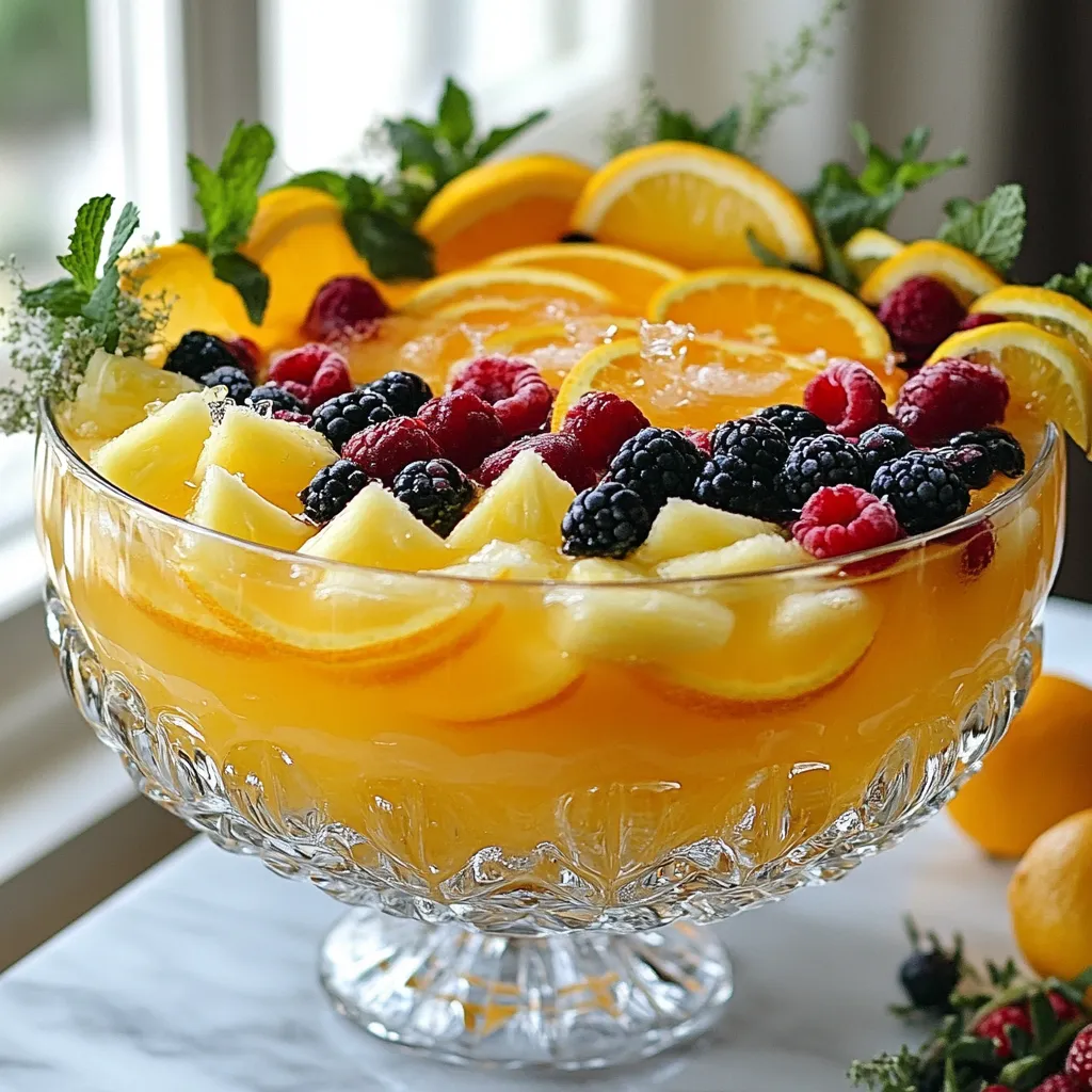 - 4 cups sparkling water - 2 cups freshly squeezed orange juice - 1 cup pineapple juice - 1 cup cranberry juice - 1/4 cup honey or agave syrup - 1 lemon, sliced - 1 orange, sliced - 1 cup mixed berries (strawberries, blueberries, raspberries) - Fresh mint leaves for garnish - Ice cubes To make a great Moscato Punch, gather these ingredients. Start with sparkling water. It adds a nice fizz. Next, use freshly squeezed orange juice for the best taste. Pineapple juice brings a tropical vibe. Cranberry juice adds a tart kick. Sweeten it with honey or agave syrup. You can adjust this to your taste. Slicing a lemon and an orange gives a fresh look. Mixed berries not only taste good, but they also make the drink colorful. Don’t forget the fresh mint leaves! They add a lovely aroma. Lastly, ice cubes keep your punch cold and refreshing. This simple list makes it easy to prepare. You can have all these items ready in just 15 minutes. Enjoy making your Moscato Punch! {{ingredient_image_1}} - Mixing the juices in the punch bowl Start by taking a large punch bowl. Pour in 4 cups of sparkling water. Add 2 cups of freshly squeezed orange juice. Next, mix in 1 cup of pineapple juice and 1 cup of cranberry juice. Stir everything well. This blend creates a bright and tasty base for your punch. - Sweetening the punch Now, it's time to sweeten your drink. Add 1/4 cup of honey or agave syrup to the juice mix. Stir until it dissolves completely. Taste the punch. If you want it sweeter, add more syrup. Adjust it to suit your taste. - Adding fruits and ice Slice one lemon and one orange. Toss both the slices into the punch bowl. Then, add 1 cup of mixed berries, like strawberries, blueberries, and raspberries. This adds color and flavor. After that, fill the bowl with ice cubes. The ice keeps the punch cold and refreshing. - Garnishing before serving Just before serving, garnish the punch with fresh mint leaves. This gives it a lovely aroma and a pop of color. Serve the punch in glasses filled with extra ice. Enjoy the refreshing flavors with your friends! To make your Moscato Punch just right, you can adjust the sweetness. Start with 1/4 cup of honey or agave syrup. Add more if you like it sweeter. Use fresh fruit juices for the best taste. Freshly squeezed orange juice makes a big difference. For Moscato wine, the best types are fruity and light. Look for a Moscato with floral notes. These wines pair well with citrus and berries. Fresh ingredients are key, too. Always choose ripe fruits for the best flavor. When serving, pick tall glasses. They show off the colorful fruit. Add ice cubes for a nice chill. You can also garnish with mint leaves. This adds color and a fresh scent. Make your punch look pretty by layering the fruit. Place slices of lemon and orange on top. This makes it fun and eye-catching. Pair your Moscato Punch with light snacks. Things like cheese, crackers, or fruit bites work well. They make a tasty match for the drink. Pro Tips Use Fresh Juices: For the best flavor, always opt for freshly squeezed juices instead of bottled ones. Fresh juice adds a vibrant taste that enhances the overall punch. Chill Ingredients: Make sure all the juice and sparkling water are well-chilled before mixing. This ensures that your punch is refreshing and cold without needing too much ice, which can dilute the flavor. Customize Sweetness: Adjust the sweetness to your taste. Start with the suggested amount of honey or agave syrup and add more if desired. Different fruits can also affect sweetness, so taste as you go. Garnish Creatively: Use a combination of fruits and herbs for garnish. Not only does this enhance the visual appeal, but it also adds aromatic notes as guests sip their punch. {{image_2}} You can make Moscato punch more exciting with fruity twists. One fun option is the tropical Moscato punch. Just add fresh mango or kiwi. Their sweet flavors mix well with the wine. You can also use pineapple for a sunny vibe. This will take your drink to a tropical paradise. Another idea is to create berry-infused Moscato punch. Use a mix of strawberries, blueberries, and raspberries. These berries add a burst of color and flavor. Plus, they make the drink look beautiful. Feel free to experiment with other fruits too. Peaches or cherries can add a fun twist. Want a fun drink without alcohol? You can make a mocktail version of Moscato punch. Just skip the wine and use sparkling juices instead. A mix of sparkling apple or grape juice works well. This keeps the refreshing taste while being kid-friendly. If you still want some fizz, use sparkling water with the juices. It adds bubbles and keeps the drink light. You can still add all the fruits and herbs for flavor. This way, everyone can enjoy a delicious drink! If you have leftover Moscato punch, store it in the fridge. Use a large, airtight container. This keeps the punch fresh and tasty. For the best flavor, drink the punch within two days. After that, the fruit can lose its charm and the flavors may fade. When you serve it again, add fresh ice and mint. This gives it a fresh look and taste. You can also add more fruit to liven it up. Enjoy your Moscato punch even after the party! Moscato Punch is a fun and fruity drink. It mixes sweet Moscato wine with fresh juices and bubbly water. This drink is light and refreshing, making it perfect for summer days. The bright colors from fruits make it look inviting too. Everyone loves the sweet and tart flavors. It’s a crowd-pleaser at any gathering. Yes, you can make Moscato Punch ahead of time. Mix the juices and sweetener the night before. Add the sparkling water and ice just before serving. This keeps the bubbles fresh and lively. You can also slice the fruits in advance, but add them just before serving. This keeps the punch looking bright and fresh. You can easily change the sweetness of your Moscato Punch. Start with the honey or agave syrup. Add a little at a time and taste as you go. If you want it less sweet, try using more citrus juice. You can also use less sweet Moscato wine to balance the flavors. Moscato Punch fits many occasions. Serve it at birthday parties, baby showers, or summer picnics. It’s also great for family gatherings or brunch. The bright flavors make it perfect for celebrations. Just add ice and enjoy with friends! You can make a kid-friendly version of Moscato Punch. Skip the wine and use sparkling juice instead. Mix the juices with sparkling water for a fun drink. Kids will love the colors and sweetness. Just be sure to keep it bubbly and fresh! Moscato punch is a fun and tasty drink made with fresh juices, sparkling water, and fruits. You can mix and match flavors to fit any event. Use the tips on sweetness and fresh ingredients for the best taste. Pair it with snacks for a great dining experience. Whether you choose to serve it alcoholic or as a mocktail, this drink shines at any gathering. Enjoy making this vibrant beverage and sharing it with friends and family. Your guests will love every sip.