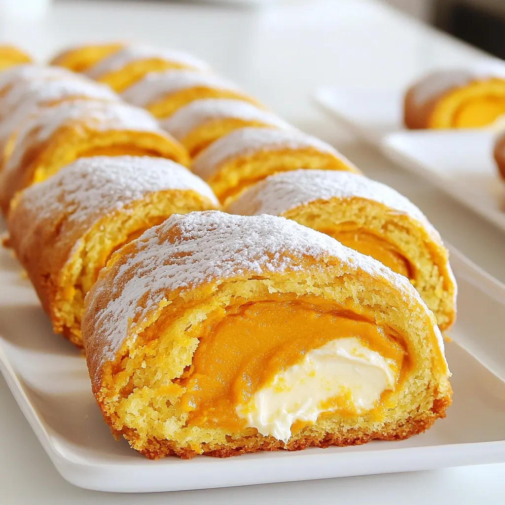 - 1 cup all-purpose flour - 1 teaspoon baking powder - 1 teaspoon baking soda - 1 teaspoon ground cinnamon - 1/2 teaspoon ground nutmeg - 1/2 teaspoon salt - 3 large eggs - 1 cup granulated sugar - 1 cup canned pumpkin puree - 1 teaspoon vanilla extract The main star of the pumpkin roll is the pumpkin puree. It gives the cake its rich flavor and moist texture. All-purpose flour provides the cake structure. Baking soda and baking powder act as leavening agents. They help the cake rise and become fluffy. Ground cinnamon and nutmeg add warmth and spice. They remind us of fall and holiday flavors. Salt enhances the sweetness of the cake and balances the spices. - 8 ounces cream cheese, softened - 1/4 cup unsalted butter, softened - 1 cup powdered sugar - 1 teaspoon vanilla extract For the cream cheese filling, softened cream cheese gives a rich and creamy taste. Unsalted butter adds extra smoothness to the filling. Powdered sugar sweetens the mixture and makes it easy to spread. Vanilla extract boosts the flavor and makes it even more delicious. - Gluten-free alternatives: Use a gluten-free flour blend to replace all-purpose flour. - Dairy-free options: Swap cream cheese and butter with dairy-free versions made from nuts or coconut. - Sugar substitutes: Replace granulated sugar with coconut sugar or a sugar alternative like monk fruit. These substitutions help you enjoy pumpkin roll while meeting dietary needs. Always test a small batch first to find the best taste and texture. 1. Mixing dry ingredients: In a medium bowl, whisk together the all-purpose flour, baking powder, baking soda, cinnamon, nutmeg, and salt. This mix gives your pumpkin roll flavor and structure. 2. Preparing the egg and sugar mixture: In a large bowl, beat together the eggs and granulated sugar. The mix should become light and fluffy, which takes about 2-3 minutes. This step is key for a soft cake. 3. Combining wet and dry ingredients: Stir in the pumpkin puree and vanilla extract into your egg mixture. Then, gradually fold in the dry mix until just combined. Avoid overmixing to keep the batter airy. 1. Prepping the jelly roll pan: Preheat your oven to 375°F (190°C). Line a 15x10 inch jelly roll pan with parchment paper and grease it lightly. This helps the cake come out easily after baking. 2. Baking time and testing for doneness: Pour the batter into the pan and spread it evenly. Bake for 13-15 minutes. The cake is done when it springs back lightly when touched. 3. Inverting and rolling the cake: After baking, remove the pan from the oven. Invert the cake onto a clean kitchen towel dusted with powdered sugar. Carefully peel off the parchment paper. Starting at one short end, roll the cake with the towel inside. This helps it keep its shape while cooling. 1. Steps for achieving creamy filling: In a medium bowl, beat the softened cream cheese and unsalted butter together until smooth. This step is crucial for a rich filling. 2. Tips for easy mixing and spreading: Gradually add the powdered sugar and vanilla extract. Mix until creamy and well combined. This filling should spread easily over your cooled cake. To make a great pumpkin roll, avoid some common mistakes. First, do not overmix your batter. This can make the cake tough. Mix just until the dry ingredients blend in. Next, make sure your oven is at the right temperature. An oven that is too hot can dry out your cake. For the perfect roll, use a clean kitchen towel dusted with powdered sugar. When the cake comes out of the oven, flip it onto the towel right away. Then, roll it up tightly. This helps keep its shape. Allow the cake to cool completely while it is rolled. This step helps the cake hold its shape and makes it easier to spread the filling later. To make your pumpkin roll even better, add spices or nuts. Chopped walnuts or pecans can add a nice crunch. You can also use more spices like ginger or cloves for extra flavor. To keep the cake moist, do not bake it too long. Check for doneness by lightly pressing the top. If it springs back, it’s ready. Using quality ingredients is key. Fresh pumpkin puree tastes better than canned. If you can, use organic eggs and sugar for a richer flavor. To make your pumpkin roll look great, dust the top with powdered sugar. This simple touch adds a nice look. When serving, slice the roll into even pieces. You can serve it with whipped cream or a scoop of ice cream. For creative plating, try placing a slice on a colorful plate. Add a few mint leaves or a sprinkle of cinnamon for a pop of color. A nice presentation makes your treat even more special! {{image_2}} You can make your pumpkin roll even more fun by adding flavors. Try mixing in chocolate chips or a swirl of caramel. Both options add a rich taste that pairs well with pumpkin. You can also change the cream filling. Instead of the classic cream cheese, use chocolate or maple. Each change offers a new twist on the favorite treat. If you follow a vegan diet, you can still enjoy pumpkin roll. Replace eggs with flaxseed meal mixed with water. Use a vegan cream cheese for the filling. This keeps the roll creamy and delicious. For those avoiding gluten, substitute all-purpose flour with a gluten-free blend. Both options let you enjoy this fall treat without worry. You can adapt the pumpkin roll for special occasions. For Halloween, add spooky decorations or orange and black sprinkles. During Thanksgiving, top it with nuts or cranberries for a festive touch. Even Christmas can inspire a new look. Add peppermint extract to the cream filling for a refreshing twist. Each season offers a chance to explore new ideas. To keep your pumpkin roll fresh, place any leftovers in an airtight container. If you don’t have one, wrap it tightly in plastic wrap. Be sure to seal it well to avoid air exposure, which can dry it out. Store it in the fridge for up to a week. This keeps the cream cheese filling from getting too soft and helps maintain the cake's moisture. If you want to save some for later, freezing is a great option. First, let the pumpkin roll cool completely. Then, wrap it tightly in plastic wrap and place it in a freezer bag. This protects the roll from freezer burn. You can freeze it for up to three months. When you're ready to eat it, move it to the fridge overnight to thaw. This helps keep the flavors intact and the texture nice. A pumpkin roll can last about a week in the fridge. Check for any signs of spoilage. If it smells off or has a change in texture, it’s best to discard it. Always trust your senses; if it doesn't look or smell right, it's safer to throw it away. Enjoy your pumpkin roll while it's fresh for the best taste! What is the best way to roll a pumpkin roll? The best way to roll a pumpkin roll is to use a clean kitchen towel. After baking, dust the towel with powdered sugar. Invert the cake onto the towel and peel off the parchment paper. Start rolling at one short end while the cake is still warm. This helps keep its shape. Allow it to cool completely in this rolled form to avoid cracks. Can I make a pumpkin roll ahead of time? Yes, you can make a pumpkin roll ahead of time. After rolling the cake, wrap it in plastic wrap. Store it in the fridge for up to three days. You can also freeze it. Just thaw it in the fridge before serving. This makes it easy for gatherings or special events. Is pumpkin roll gluten-free? No, a traditional pumpkin roll is not gluten-free. It uses all-purpose flour, which contains gluten. If you want a gluten-free version, use a gluten-free flour blend. This will give you a similar texture without the gluten. How many calories are in a pumpkin roll slice? Each slice of pumpkin roll has about 150 calories. This can change based on the size of the slice and the filling used. If you add more sugar or butter, the calories will go up. Where to buy pre-made pumpkin rolls? You can find pre-made pumpkin rolls at many grocery stores during the fall. Look in the bakery section. Some stores might even have them in the freezer aisle. Local bakeries may also sell delicious homemade versions. Is homemade better than store-bought? Homemade pumpkin rolls are often better than store-bought. You can control the ingredients and adjust flavors. Plus, making it at home can be a fun activity. The taste of fresh ingredients can make a big difference. Making a pumpkin roll is simple and fun. We looked at key ingredients, from pumpkin puree to cream cheese filling. I shared tips to help you bake and roll your cake perfectly. Don’t forget the flavor and dietary variations to keep things exciting. With the right storage, your pumpkin roll can last for days. Whether you make it for a special occasion or just for fun, enjoy every bite. The joy of baking lies in sharing and tasting your delicious creations. Happy baking!