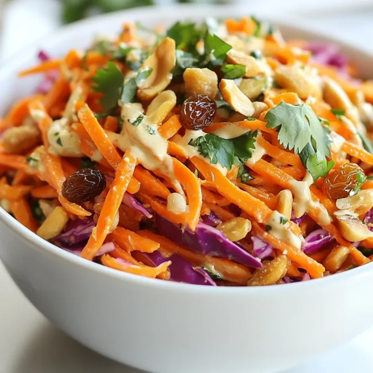 - 3 large carrots, julienned - 1 cup shredded red cabbage - 1/2 cup fresh cilantro, roughly chopped For this salad, fresh ingredients matter. Carrots bring a nice crunch. They also add natural sweetness. Use large carrots and julienne them for the best texture. Red cabbage adds color and a slight bite. Itβs great for crunch and looks beautiful in a bowl. Fresh cilantro adds a unique flavor. It brightens the dish and pairs well with the dressing. - 1/4 cup plain Greek yogurt - 2 tablespoons tahini - 2 tablespoons honey The dressing is simple but rich. Greek yogurt gives creaminess and tang. Tahini adds depth with its nutty taste. Honey sweetens the dressing and balances the tartness. Mix these together for a smooth, tasty base. It coats the salad well and ties the flavors together. - 1 tablespoon lime juice - 1 teaspoon grated ginger - Salt and pepper to taste Lime juice adds a zesty punch. It brightens the salad and keeps it fresh. Grated ginger brings warmth and spice. Just a little goes a long way. Donβt forget salt and pepper. They enhance all the flavors in the salad. Adjust them to your taste for the perfect mix. {{ingredient_image_1}} 1. Julienne Carrots First, peel the large carrots. Then, cut them into thin strips. This makes the carrots easy to eat and adds a nice crunch. 2. Shred Red Cabbage Next, take the red cabbage and shred it. You want thin pieces that mix well with the carrots. Place both the carrots and cabbage in a large bowl. 1. Adding Herbs and Nuts Now, chop the fresh cilantro roughly. Toss it into the bowl with the carrots and cabbage. Then, add the chopped roasted peanuts for a nice nutty flavor. 2. Including Dried Fruit Donβt forget to add the sweet raisins. They give the salad a lovely contrast to the veggies. Mix everything gently in the bowl. 1. Combining Wet Ingredients In a small bowl, add the Greek yogurt, tahini, honey, lime juice, and grated ginger. These ingredients make a creamy and zesty dressing. 2. Adjusting Consistency Whisk the mixture until it's smooth. If it's too thick, add a splash of water. Finally, season with salt and pepper to taste. 1. Tossing Ingredients Together Pour the dressing over the salad mix. Gently toss everything together. Make sure every piece is coated with the creamy dressing. 1. Importance of Resting Time Let the salad chill in the fridge for at least 30 minutes. This helps all the flavors blend together. The salad tastes best when itβs cool and fresh. You can change the dressing to fit your taste. Try adding a splash of apple cider vinegar for a tangy kick. You can also use almond butter instead of tahini for a nutty twist. If you want more heat, add a pinch of cayenne pepper or crushed red pepper flakes. These tweaks can make your salad exciting and new. The key to great flavor is balance. The honey in the dressing brings sweetness. You can add more lime juice to make it tart. Taste the dressing before mixing it in. Adjust until it feels just right for you. This balance will make your salad pop with flavor. Serve your carrot salad in a clear bowl. This way, the bright colors will shine through. You can also layer the ingredients in a mason jar for a fun look. This method makes it easy to grab for lunch. Garnish your salad with extra peanuts and cilantro on top. You can also add some lime wedges on the side. This adds a fresh touch and looks great on the table. A sprinkle of sesame seeds can give a nice finish too. You can prepare this salad in advance. Just mix the salad base and dressing separately. Store them in the fridge. When you're ready to serve, combine them. This method helps keep the salad crunchy. To keep your salad fresh, avoid adding dressing until serving. If the salad sits too long, it can get soggy. Store leftovers in an airtight container. This will help maintain the crispness of the carrots and cabbage. Pro Tips Use Fresh Ingredients: Fresh carrots and crunchy cabbage enhance the saladβs flavor and texture. Opt for organic produce if possible. Adjust the Sweetness: Depending on your preference, you can add more or less honey. Taste the dressing before mixing to find your perfect balance. Include Additional Veggies: Feel free to add other vegetables like bell peppers or cucumbers for extra crunch and color. Make Ahead: This salad tastes even better the next day! Prepare it in advance for a quick lunch or side dish. {{image_2}} You can change up the nuts or seeds in this salad. Instead of roasted peanuts, try almonds or sunflower seeds. Both add a nice crunch. You can also use pumpkin seeds for a different flavor. For vegetables, consider using bell peppers or shredded carrots. These add color and taste. If you want a vegan version, swap the Greek yogurt for a plant-based yogurt. This keeps it creamy without dairy. Use maple syrup instead of honey for sweetness. For gluten-free options, ensure your tahini and yogurt are certified gluten-free. This way, everyone can enjoy the salad. You can enhance the salad with seasonal produce. In spring, add fresh peas for a crisp bite. In the fall, diced apples or pears bring sweetness. In summer, toss in some diced cucumbers for extra freshness. Each season adds its own unique twist to this vibrant salad. - How to Store Leftovers Store leftovers in the fridge. Use an airtight container to keep them fresh. Make sure the salad is cool before sealing it. - Best Container Types Glass containers are great for storage. They donβt stain and keep odors away. BPA-free plastic containers work well too. Just ensure they seal tightly. - Can You Freeze Carrot Salad? I do not recommend freezing carrot salad. The veggies lose their crispness when thawed. The salad may become watery and mushy. - Thawing Tips If you freeze it by mistake, thaw in the fridge. Use it within a day. The salad will not taste the same as fresh. - How Long Will It Last? In the fridge, the salad lasts about 3 to 5 days. Check for any signs of spoilage, like a sour smell. If it looks off, throw it away. This salad became popular due to its bright colors and fresh taste. - Popular Ingredients: The mix of carrots, red cabbage, and cilantro grabs attention. Roasted peanuts and raisins add crunch and sweetness. - Unique Flavor Profile: The dressing, made with Greek yogurt and tahini, gives creaminess. Honey and lime juice balance sweetness and tang, making each bite exciting. Yes, you can easily make it your own! - Substitutions and Additions: Use other veggies like bell peppers or snap peas. Swap peanuts for sunflower seeds if you need a nut-free option. Add fruits like apples for extra sweetness. This salad works well on many occasions. - Serving as a Side Dish: It pairs nicely with grilled meats or sandwiches. Serve it chilled for a refreshing touch. - Pairing Suggestions: Try it with roasted chicken or fish. It also complements rice dishes beautifully. Absolutely! This salad is packed with nutrients. - Nutritional Benefits: Carrots provide vitamin A, while cabbage adds fiber. Cilantro brings fresh flavor and vitamins, too. - Healthier Ingredient Options: Use low-fat Greek yogurt for a lighter dressing. You can also reduce honey for less sweetness if desired. This blog post covered flavorful ingredients, step-by-step instructions, and creative suggestions for your carrot salad. You learned how to prepare fresh veggies, mix them with a special dressing, and enhance the flavors. Remember, you can customize this recipe to fit your taste and dietary needs. Whether youβre enjoying it now or saving some for later, this salad offers a healthy boost. Get ready to impress with this colorful dish that everyone will love. Enjoy making it and sharing it!