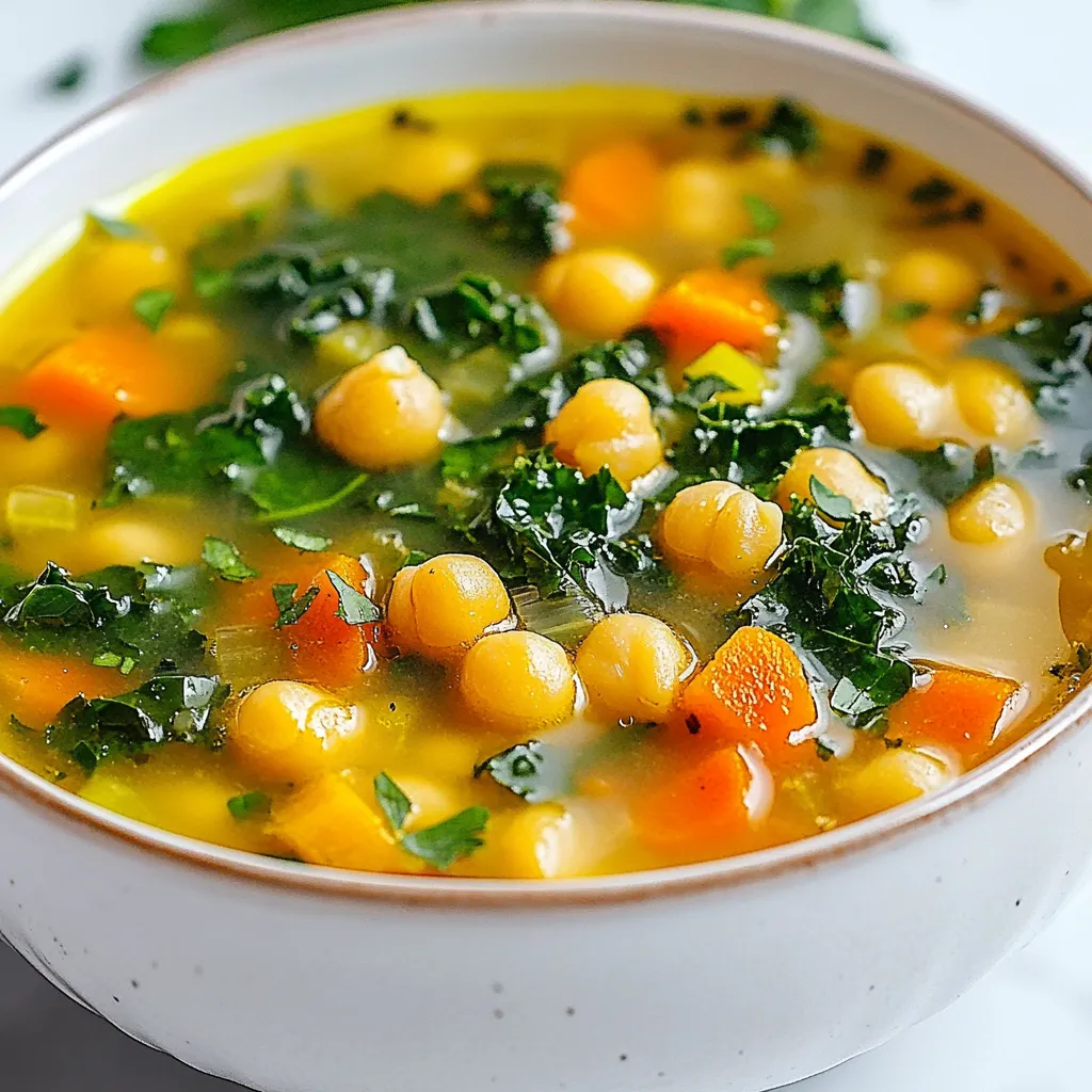 - 1 can (15 oz) chickpeas, drained and rinsed - 1 medium onion, diced - 4 cloves of garlic, minced - 2 medium carrots, diced - 2 stalks celery, diced - 4 cups vegetable broth - 2 cups kale, chopped - 1 teaspoon ground cumin - 1 teaspoon smoked paprika - 1/2 teaspoon red pepper flakes (optional) - 2 tablespoons olive oil - Salt and pepper to taste - Juice of 1 lemon - Fresh parsley for garnish Each ingredient in this soup brings something special. Chickpeas add protein and fiber. They help keep you full and satisfied. Onions and garlic boost flavor while supporting your immune system. Carrots and celery provide vitamins A and K, which are great for your eyes and bones. Kale is a superfood packed with vitamins and minerals. It helps with digestion and keeps your skin healthy. Olive oil adds healthy fats and helps your body absorb nutrients better. Lastly, spices like cumin and paprika add flavor and may help with digestion too. Using fresh ingredients can make your soup taste bright and lively. Fresh chickpeas have a lovely texture, but they take longer to cook. If you're short on time, canned chickpeas work great. Just rinse them well before adding to the soup. Fresh garlic and onions are best for flavor. They release a wonderful aroma when cooked. For carrots and celery, fresh ones add crunch. However, frozen versions can work too if you’re in a hurry. The key is to use what you have on hand while keeping the taste in mind. {{ingredient_image_1}} 1. Start by heating olive oil in a large pot over medium heat. 2. Add the diced onion and sauté for 3-4 minutes. Wait until the onion turns translucent. 3. Next, stir in the minced garlic, diced carrots, and diced celery. Cook these for 5 minutes. Stir often so they soften. 4. After that, add the drained chickpeas, ground cumin, smoked paprika, and red pepper flakes if you like spice. Mix well to coat the chickpeas. 5. Pour in 4 cups of vegetable broth and bring the mixture to a boil. 6. Lower the heat and let it simmer for 15 minutes. 7. Now, add the chopped kale. Cook for 5 more minutes until the kale wilts. 8. Season your soup with salt and pepper. Add the juice of one lemon for freshness. 9. For a creamier texture, blend part of the soup with an immersion blender. Leave some chunks for heartiness. 10. Serve hot and garnish with fresh parsley. - Large pot: This is where you will cook your soup. - Wooden spoon: Great for stirring and mixing your ingredients. - Knife and cutting board: Needed for chopping your vegetables. - Immersion blender: Use this for blending if you want a creamy soup. - Read the recipe all the way through first. It helps to know each step. - Gather all your ingredients before you start cooking. This makes it easier. - Don’t rush the cooking times. Let the veggies soften as they should. - Taste as you go! Adjust salt, pepper, or lemon juice to your liking. - Use fresh ingredients when you can. They add great flavor and nutrition. To boost flavor, use fresh herbs. Parsley adds brightness. Try thyme or basil, too. You can also add a splash of coconut milk for creaminess. Drizzle some balsamic vinegar before serving for a sweet touch. If you enjoy heat, add more red pepper flakes or hot sauce. Don’t skip the sauté step. It builds flavor by softening the onion and garlic. Avoid overcooking the kale; it should wilt but still stay vibrant. Use low-sodium broth to control salt levels. Finally, taste as you go to adjust seasoning. For a thicker soup, blend more of it. Use an immersion blender to puree part of the mix. If it’s too thick, add more broth or water. For a heartier option, add more chickpeas or even some diced potatoes. Adjust until you reach your desired consistency. Pro Tips Enhance the Flavor: Add a splash of soy sauce or tamari for an extra umami kick that complements the chickpeas beautifully. Make it Creamy: For a creamier texture, blend half of the soup with an immersion blender, then stir it back into the pot. Use Fresh Herbs: Incorporate fresh thyme or rosemary for added depth of flavor; they pair well with the garlic and spices. Adjust the Spice: If you prefer a spicier soup, increase the amount of red pepper flakes or add a diced jalapeño while sautéing the vegetables. {{image_2}} You can easily make this soup fit your needs. For a gluten-free option, use a gluten-free vegetable broth. Most broths are naturally gluten-free, but always check the label. If you need it nut-free, rest assured this recipe is already nut-free. Just ensure any added toppings or sides are also nut-free. This soup is very flexible with flavors. You can boost its taste by adding spices like turmeric or coriander. Fresh herbs like thyme or basil can also add a nice twist. If you want more veggies, try adding zucchini, bell peppers, or spinach. These will enhance the soup’s nutrition and flavor. Chickpeas are great, but you can switch them out too. Black beans or lentils work very well. They add protein and texture. If you use lentils, remember they cook faster than chickpeas. So, adjust your cooking time to keep the soup creamy and delicious. To keep your Vegan Garlic Chickpea Soup fresh, let it cool first. Then, pour it into an airtight container. Store it in the fridge for up to four days. Be sure to label the container with the date. This helps you remember when you made it! If you want to save your soup for later, freezing is a great option. Use freezer-safe containers or bags. Leave some space at the top for expansion. You can freeze the soup for up to three months. When you are ready to eat, just pull it out and thaw. When you reheat your soup, do it gently. You can use the stove or microwave. If using the stove, heat it on low to avoid burning. Stir it often to keep it even. If it seems too thick, add a splash of vegetable broth or water to thin it out. Enjoy it warm and fresh! You can enjoy this soup with crusty bread or a fresh salad. Serve it with a slice of sourdough for a hearty meal. You can also pair it with a light quinoa salad for a great balance. Consider adding a dollop of vegan yogurt on top for creaminess. Yes, Vegan Garlic Chickpea Soup is perfect for meal prep. You can make a big batch and store it in containers. This soup holds up well in the fridge. Just remember to let it cool before storing. It can save you time on busy days. This soup lasts about 4 to 5 days in the fridge. Make sure to keep it in an airtight container. If you want to keep it longer, you can freeze it. Just thaw it overnight before reheating. Enjoy your warm bowl whenever you crave it! Making Vegan Garlic Chickpea Soup is simple and rewarding. We covered key ingredients, their health benefits, and cooking steps that make it easy for you. I shared tips to enhance flavor and avoid common mistakes. Variations let you customize for different diets and tastes. Lastly, I explained how to store and reheat leftovers. Enjoy this soup as a go-to meal for comfort or nutrition. You’ll find it easy to make and hard to resist. Dive in and savor each bowl!