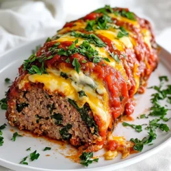 - 1 pound ground beef - 1 pound ground turkey - 1 cup breadcrumbs - 1/2 cup grated Parmesan cheese - 1/4 cup fresh parsley, chopped - 2 cloves garlic, minced - 1 large egg - 1 teaspoon Italian seasoning - 1 teaspoon salt - 1/2 teaspoon black pepper - 1 cup mozzarella cheese, shredded - 1 cup marinara sauce, divided - 1/2 cup roasted red peppers, chopped - 1/2 cup spinach, wilted and chopped In this recipe, I use both ground beef and turkey for a tasty mix. The beef gives it a rich flavor, while the turkey keeps it lean. Next, I add breadcrumbs to bind everything together. The Parmesan cheese adds a nice salty kick, making each bite special. Fresh parsley and garlic bring a fresh taste that makes the meatloaf pop. I include an egg as a binder, too. It helps the meatloaf hold its shape. Italian seasoning, salt, and black pepper add warmth and depth. For the stuffing, mozzarella cheese is a must for its melty goodness. I also use roasted red peppers and spinach for added flavor and nutrition. These ingredients come together for a meal that's both savory and satisfying. {{ingredient_image_1}} - Preheat your oven to 350°F (175°C). This step is key for even cooking. - In a large bowl, combine the ground beef and ground turkey. Use your hands to mix them well. - Add in 1 cup of breadcrumbs and 1/2 cup of grated Parmesan cheese to the meat mix. This helps bind the meatloaf. - Incorporate 1/4 cup of chopped parsley, 2 cloves of minced garlic, 1 large egg, 1 teaspoon of Italian seasoning, 1 teaspoon of salt, and 1/2 teaspoon of black pepper. Mix until everything is well combined. - In another bowl, mix 1 cup of shredded mozzarella cheese, 1/2 cup of chopped roasted red peppers, and 1/2 cup of wilted and chopped spinach for the stuffing. This adds great flavor. - Set the filling aside while you shape the meatloaf. - On a sheet of parchment paper, shape the meat mixture into a rectangle, about 1 inch thick. This helps with rolling. - Spread the cheese mixture evenly over the meatloaf, leaving a small border. This makes sure the filling stays in. - Carefully lift the parchment paper and roll the meatloaf tightly, enclosing the filling. Pinch the ends and seams to seal well. - Place the rolled meatloaf seam-side down in a baking dish. This helps it keep its shape. - Pour half of the marinara sauce over the meatloaf, spreading it evenly. This adds moisture and flavor. - Bake the meatloaf in the preheated oven for about 60-75 minutes. It should reach an internal temperature of 160°F (70°C). - Halfway through baking, baste the meatloaf with the remaining marinara sauce. This keeps it juicy. - Once done, remove the meatloaf from the oven. Let it rest for 10 minutes before slicing. This helps it hold together. Mixing your meat well is key. When you blend ground beef and turkey, do it gently. This keeps the meatloaf from getting tough. The right mix of meats gives a nice flavor and texture. I like using equal parts of beef and turkey for the best results. To boost flavor, add more herbs and spices. Fresh basil or oregano can add depth. If you have time, use homemade marinara sauce. It tastes better than store-bought and adds a special touch. You can make it from scratch with just tomatoes, garlic, and olive oil. When slicing, use a sharp knife. This keeps the loaf intact and neat. I like to serve slices on a big platter. Drizzle extra marinara sauce on top. Garnishing with fresh parsley makes it look fancy. For sides, consider garlic bread or a simple salad. Both pair well and round out the meal nicely. Pro Tips Use a Meat Thermometer: Ensure your meatloaf is cooked perfectly by checking the internal temperature. It should reach 160°F (70°C) for safe consumption. Customize the Filling: Feel free to experiment with different fillings such as mushrooms, olives, or different cheeses to suit your taste preferences. Let It Rest: Allow your meatloaf to rest for at least 10 minutes after baking. This helps the juices redistribute, making each slice moist and flavorful. Leftover Ideas: Use any leftover meatloaf in sandwiches, salads, or pasta dishes for a quick and delicious meal the next day. {{image_2}} Try new cheeses for your stuffing. You can use provolone or fontina for a rich taste. Goat cheese adds a tangy flavor that many love. Mixing cheeses can bring out fun flavors. You can also add vegetables or grains to the mix. Try mushrooms, zucchini, or even quinoa for a healthy twist. These add texture and extra nutrients to your meal. Don't be afraid to change the meat! Use ground pork or chicken for a lighter option. Each meat brings its own flavor and texture. Adding spices can give your meatloaf some heat. Consider red pepper flakes or chopped jalapeños. This will please those who enjoy spicy food. If you need a gluten-free meatloaf, you can substitute breadcrumbs. Use gluten-free breadcrumbs or ground oats instead. These options work well and still bind the meat. Choose a gluten-free marinara sauce too. Many brands offer this now. You can also make your own with fresh tomatoes and herbs for a homemade touch. To keep your stuffed Italian meatloaf fresh, store it in the fridge. Use airtight containers to prevent air from spoiling the food. Make sure to let it cool down before sealing it up. Leftovers are best when eaten within three to four days. Always check for any off smells before eating. If you want to save some meatloaf for later, freezing is a great option. Wrap the meatloaf tightly in plastic wrap first. Then place it in a freezer bag or airtight container. This keeps the meatloaf from getting freezer burn. You can freeze it for up to three months. When you're ready to eat, thaw it in the fridge overnight. To reheat, you can bake it at 350°F (175°C) until it's hot all the way through. This keeps the flavors intact and the meatloaf juicy. You can check the internal temperature of the meatloaf. Use a meat thermometer and look for 160°F (70°C). This temperature ensures the meat is safe to eat. If you don’t have a thermometer, make a small cut in the meatloaf. The juices should run clear, not pink. Yes, you can make the meatloaf ahead. Here are some tips: - Mix and Shape: Prepare the meatloaf mix and shape it. - Chill: Wrap it tight in plastic wrap. Store it in the fridge for up to 24 hours. - Freeze: If you want to store it longer, freeze it. Use a freezer-safe container or wrap it well. Thaw it overnight in the fridge before baking. Pair your meatloaf with tasty sides. Here are some great options: - Garlic mashed potatoes: Creamy and smooth, they balance the meatloaf well. - Steamed vegetables: Broccoli or green beans add color and nutrients. - Caesar salad: A fresh salad adds crunch and flavor. - Crusty bread: Perfect for soaking up any extra marinara sauce. These sides will make your meal complete and satisfying! In this blog post, I guided you through making stuffed Italian meatloaf. We covered key ingredients, step-by-step instructions, and tips for the perfect texture and flavor. I shared creative variations and storage tips to keep your meatloaf fresh. Remember, the right blend of meats and seasonings makes all the difference. Enjoy experimenting with your ingredients and flavors. Your meatloaf will not just be a meal; it will be a comforting centerpiece. Get cooking, and savor each delicious bite.