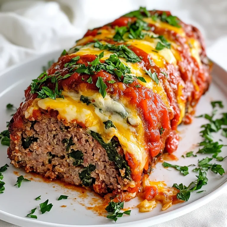 - 1 pound ground beef - 1 pound ground turkey - 1 cup breadcrumbs - 1/2 cup grated Parmesan cheese - 1/4 cup fresh parsley, chopped - 2 cloves garlic, minced - 1 large egg - 1 teaspoon Italian seasoning - 1 teaspoon salt - 1/2 teaspoon black pepper - 1 cup mozzarella cheese, shredded - 1 cup marinara sauce, divided - 1/2 cup roasted red peppers, chopped - 1/2 cup spinach, wilted and chopped In this recipe, I use both ground beef and turkey for a tasty mix. The beef gives it a rich flavor, while the turkey keeps it lean. Next, I add breadcrumbs to bind everything together. The Parmesan cheese adds a nice salty kick, making each bite special. Fresh parsley and garlic bring a fresh taste that makes the meatloaf pop. I include an egg as a binder, too. It helps the meatloaf hold its shape. Italian seasoning, salt, and black pepper add warmth and depth. For the stuffing, mozzarella cheese is a must for its melty goodness. I also use roasted red peppers and spinach for added flavor and nutrition. These ingredients come together for a meal that's both savory and satisfying. {{ingredient_image_1}} - Preheat your oven to 350°F (175°C). This step is key for even cooking. - In a large bowl, combine the ground beef and ground turkey. Use your hands to mix them well. - Add in 1 cup of breadcrumbs and 1/2 cup of grated Parmesan cheese to the meat mix. This helps bind the meatloaf. - Incorporate 1/4 cup of chopped parsley, 2 cloves of minced garlic, 1 large egg, 1 teaspoon of Italian seasoning, 1 teaspoon of salt, and 1/2 teaspoon of black pepper. Mix until everything is well combined. - In another bowl, mix 1 cup of shredded mozzarella cheese, 1/2 cup of chopped roasted red peppers, and 1/2 cup of wilted and chopped spinach for the stuffing. This adds great flavor. - Set the filling aside while you shape the meatloaf. - On a sheet of parchment paper, shape the meat mixture into a rectangle, about 1 inch thick. This helps with rolling. - Spread the cheese mixture evenly over the meatloaf, leaving a small border. This makes sure the filling stays in. - Carefully lift the parchment paper and roll the meatloaf tightly, enclosing the filling. Pinch the ends and seams to seal well. - Place the rolled meatloaf seam-side down in a baking dish. This helps it keep its shape. - Pour half of the marinara sauce over the meatloaf, spreading it evenly. This adds moisture and flavor. - Bake the meatloaf in the preheated oven for about 60-75 minutes. It should reach an internal temperature of 160°F (70°C). - Halfway through baking, baste the meatloaf with the remaining marinara sauce. This keeps it juicy. - Once done, remove the meatloaf from the oven. Let it rest for 10 minutes before slicing. This helps it hold together. Mixing your meat well is key. When you blend ground beef and turkey, do it gently. This keeps the meatloaf from getting tough. The right mix of meats gives a nice flavor and texture. I like using equal parts of beef and turkey for the best results. To boost flavor, add more herbs and spices. Fresh basil or oregano can add depth. If you have time, use homemade marinara sauce. It tastes better than store-bought and adds a special touch. You can make it from scratch with just tomatoes, garlic, and olive oil. When slicing, use a sharp knife. This keeps the loaf intact and neat. I like to serve slices on a big platter. Drizzle extra marinara sauce on top. Garnishing with fresh parsley makes it look fancy. For sides, consider garlic bread or a simple salad. Both pair well and round out the meal nicely. Pro Tips Use a Meat Thermometer: Ensure your meatloaf is cooked perfectly by checking the internal temperature. It should reach 160°F (70°C) for safe consumption. Customize the Filling: Feel free to experiment with different fillings such as mushrooms, olives, or different cheeses to suit your taste preferences. Let It Rest: Allow your meatloaf to rest for at least 10 minutes after baking. This helps the juices redistribute, making each slice moist and flavorful. Leftover Ideas: Use any leftover meatloaf in sandwiches, salads, or pasta dishes for a quick and delicious meal the next day. {{image_2}} Try new cheeses for your stuffing. You can use provolone or fontina for a rich taste. Goat cheese adds a tangy flavor that many love. Mixing cheeses can bring out fun flavors. You can also add vegetables or grains to the mix. Try mushrooms, zucchini, or even quinoa for a healthy twist. These add texture and extra nutrients to your meal. Don't be afraid to change the meat! Use ground pork or chicken for a lighter option. Each meat brings its own flavor and texture. Adding spices can give your meatloaf some heat. Consider red pepper flakes or chopped jalapeños. This will please those who enjoy spicy food. If you need a gluten-free meatloaf, you can substitute breadcrumbs. Use gluten-free breadcrumbs or ground oats instead. These options work well and still bind the meat. Choose a gluten-free marinara sauce too. Many brands offer this now. You can also make your own with fresh tomatoes and herbs for a homemade touch. To keep your stuffed Italian meatloaf fresh, store it in the fridge. Use airtight containers to prevent air from spoiling the food. Make sure to let it cool down before sealing it up. Leftovers are best when eaten within three to four days. Always check for any off smells before eating. If you want to save some meatloaf for later, freezing is a great option. Wrap the meatloaf tightly in plastic wrap first. Then place it in a freezer bag or airtight container. This keeps the meatloaf from getting freezer burn. You can freeze it for up to three months. When you're ready to eat, thaw it in the fridge overnight. To reheat, you can bake it at 350°F (175°C) until it's hot all the way through. This keeps the flavors intact and the meatloaf juicy. You can check the internal temperature of the meatloaf. Use a meat thermometer and look for 160°F (70°C). This temperature ensures the meat is safe to eat. If you don’t have a thermometer, make a small cut in the meatloaf. The juices should run clear, not pink. Yes, you can make the meatloaf ahead. Here are some tips: - Mix and Shape: Prepare the meatloaf mix and shape it. - Chill: Wrap it tight in plastic wrap. Store it in the fridge for up to 24 hours. - Freeze: If you want to store it longer, freeze it. Use a freezer-safe container or wrap it well. Thaw it overnight in the fridge before baking. Pair your meatloaf with tasty sides. Here are some great options: - Garlic mashed potatoes: Creamy and smooth, they balance the meatloaf well. - Steamed vegetables: Broccoli or green beans add color and nutrients. - Caesar salad: A fresh salad adds crunch and flavor. - Crusty bread: Perfect for soaking up any extra marinara sauce. These sides will make your meal complete and satisfying! In this blog post, I guided you through making stuffed Italian meatloaf. We covered key ingredients, step-by-step instructions, and tips for the perfect texture and flavor. I shared creative variations and storage tips to keep your meatloaf fresh. Remember, the right blend of meats and seasonings makes all the difference. Enjoy experimenting with your ingredients and flavors. Your meatloaf will not just be a meal; it will be a comforting centerpiece. Get cooking, and savor each delicious bite.