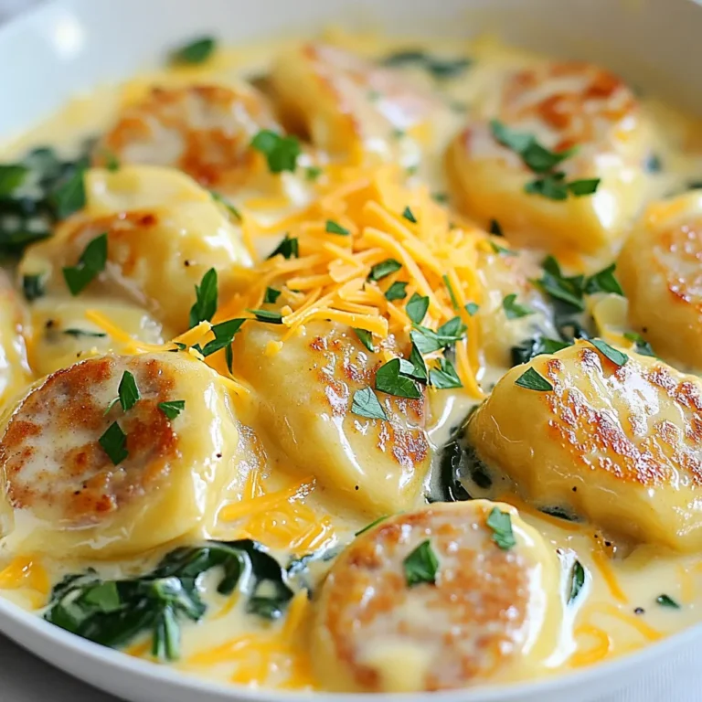 To make One-Pan Creamy Pierogi with Turkey Sausage, you need the following core items: - 12 frozen potato and cheese pierogi - 2 turkey sausage links, sliced - 1 cup onion, diced - 3 cloves garlic, minced - 2 cups spinach, chopped - 1 cup heavy cream - 1 cup chicken broth - 1 tablespoon olive oil - 1 teaspoon smoked paprika - Salt and pepper to taste - ¼ cup fresh parsley, chopped (for garnish) These ingredients combine to create a hearty and comforting dish. The frozen pierogi bring a lovely texture. The turkey sausage adds a savory flavor, while the heavy cream makes everything rich and creamy. You can add a few optional ingredients to enhance the dish: - ½ cup shredded cheddar cheese (optional) - Red pepper flakes for a kick - Fresh herbs like thyme or dill These extras can add a unique twist to your pierogi. Cheddar cheese melts beautifully, while herbs can brighten the flavor. You can mix and match based on what you enjoy. When selecting turkey sausage, look for these key points: - Check the label: Choose sausages with minimal additives. - Look for lean options: Aim for sausages with lower fat content. - Freshness matters: Buy from a trusted brand or local butcher. Quality sausage makes a big difference in flavor. Fresh sausage enhances the dish. Don’t hesitate to ask your butcher for recommendations. {{ingredient_image_1}} Start by heating the olive oil in a large skillet over medium heat. Add the diced onion. Cook it for about five minutes. You want the onions to be fragrant and translucent. Next, stir in the minced garlic. Cook the garlic for one to two minutes. Be careful not to let it brown. This step adds a sweet and savory base to your dish. Add the sliced turkey sausage to the skillet. Brown the sausage for about five to seven minutes. Stir occasionally to cook it evenly. The sausage should be cooked through and nicely browned. This gives your dish a rich flavor. Don't rush this step; proper browning is key. Pour in the chicken broth and bring it to a gentle simmer. Now, gently add the frozen pierogi. Make sure they are submerged in the liquid. Cover the skillet and cook for eight minutes. After eight minutes, uncover and stir carefully. Next, pour in the heavy cream. Add the smoked paprika, salt, and pepper. Let it simmer for five minutes to thicken the sauce. Finally, stir in the chopped spinach until it wilts, about two minutes. If you like, sprinkle shredded cheddar cheese on top. Cover the skillet for a minute to melt the cheese. Garnish with fresh parsley before serving. Enjoy your creamy and comforting dish! To get the best pierogi, start with frozen ones. They cook evenly and save time. When adding them to the skillet, make sure they are submerged in the broth. This helps them cook through completely. Stir gently to avoid breaking them apart. Seasoning is key to making this dish pop. Use smoked paprika to add a warm flavor. Salt and pepper are must-haves, too. Fresh parsley adds a bright touch at the end. If you like a kick, sprinkle in some red pepper flakes. Prep can be quick with some tricks. Dice onions and garlic ahead of time. Store them in the fridge for later use. You can also slice the turkey sausage in advance. This cuts down your cooking time. Using one pan helps with cleanup, making your cooking experience smooth. Pro Tips Thawing the Pierogi: For even cooking, consider thawing the frozen pierogi in the refrigerator overnight before using them in the recipe. Adjusting Creaminess: If you prefer a lighter dish, you can substitute half of the heavy cream with low-fat milk or a non-dairy alternative. Flavor Boost: Experiment with adding spices like cayenne pepper or Italian herbs for an extra flavor kick. Vegetable Variations: Feel free to swap the spinach with other greens like kale or Swiss chard for different textures and tastes. {{image_2}} You can make this dish vegetarian by swapping the turkey sausage. Try using sliced mushrooms for a hearty texture. You can also add firm tofu, crumbled tempeh, or seitan. These options soak up flavors well and keep the dish satisfying. To enhance flavors, consider adding spices or herbs. Fresh dill adds brightness and pairs well with the creamy sauce. You might also try adding thyme or rosemary. Paprika gives a smoky touch, while chili flakes add heat. Experiment to find your favorite blend. For a lighter dish, use half-and-half or low-fat cream. If you want it dairy-free, almond or coconut milk are great substitutes. For added creaminess, blend cashews with water to make a creamy sauce. This keeps the dish rich but lighter in calories. To keep your One-Pan Creamy Pierogi fresh, let the dish cool. Use an airtight container to store the leftovers. Make sure to cover it well. This helps keep the flavors intact. Place the container in the fridge. The dish will stay good for about three days. When you're ready to eat again, reheating is key. Use a skillet for the best results. Heat it on low and add a splash of chicken broth. This keeps the dish creamy. Stir gently to avoid breaking the pierogi. You can also use a microwave. Just cover it with a damp paper towel. Heat in short bursts to avoid overcooking. Freezing is great for longer storage. First, cool the dish completely. Then, scoop portions into freezer-safe bags. Remove as much air as possible. Label each bag with the date. You can keep it in the freezer for up to three months. When ready to eat, thaw it overnight in the fridge before reheating. This keeps the taste fresh and delicious. Yes, you can use fresh pierogi. Just adjust the cooking time. Fresh pierogi cook faster. Simmer them in the broth for about 5 minutes. Check them for doneness before adding the cream. You can use half-and-half or whole milk. For a lighter option, try Greek yogurt. Just mix it in slowly to avoid curdling. You can also use coconut milk for a dairy-free choice. This dish lasts about 3 to 4 days in the fridge. Store it in an airtight container. To keep flavors fresh, reheat gently on the stove or in the microwave. Yes, you can prepare this dish ahead. Cook it up to the point before adding the cream. Store it in the fridge. When ready to eat, heat it and then add the cream. Serve this dish with a light salad or roasted veggies. A tangy cucumber salad works great too. For a heartier meal, add crusty bread or a side of sauerkraut. This article covered everything you need for One-Pan Creamy Pierogi. We discussed key ingredients, including essential and optional ones. I shared tips for cooking turkey sausage and making the dish creamy. You learned expert tricks for perfect pierogi and how to save time. We explored tasty variations and proper storage methods. Remember, cooking is fun, and you can customize this dish to fit your tastes. Enjoy making it your own!