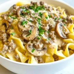 - 1 lb ground beef - 1 medium onion, finely chopped - 2 cloves garlic, minced - 8 oz mushrooms, sliced (button or cremini) - 1 cup beef broth - 1 cup sour cream - 2 tablespoons all-purpose flour - 2 tablespoons Worcestershire sauce - 1 teaspoon Dijon mustard - 1 teaspoon paprika - Salt and pepper to taste - 12 oz egg noodles - Fresh parsley, chopped (for garnish) Gathering the right ingredients is key to a great creamy ground beef stroganoff. Start with the ground beef; it gives the dish its hearty base. You need a medium onion and two cloves of garlic for flavor. The mushrooms add a rich texture and umami taste. Beef broth brings depth to the sauce, while sour cream gives it that creamy finish we crave. Make sure to have all-purpose flour handy. It helps thicken the sauce nicely. Worcestershire sauce, Dijon mustard, and paprika add layers of flavor. Finally, don’t forget salt and pepper for seasoning. The egg noodles are the perfect vehicle for this creamy goodness, and a sprinkle of fresh parsley makes it look beautiful. With these ingredients, you create a dish that’s both comforting and delicious. You’ll impress everyone at the dinner table! {{ingredient_image_1}} To cook the egg noodles, fill a large pot with water and add salt. How much salt? Use about 1 tablespoon for every 4 quarts of water. Bring the water to a rolling boil. Add the noodles and cook them until they are al dente. This usually takes about 8-10 minutes. Drain the noodles and set them aside. You want them ready to mix with the beef and sauce later. In a large skillet, heat over medium heat. Add the ground beef to the pan. Break it up with a spatula as it cooks. You want a nice brown sear on the beef for flavor. Once it is brown, check for excess grease. If there is too much, carefully drain some off. This helps keep your dish from being too greasy. Now, it’s time to add flavor! Toss in the finely chopped onion and minced garlic. Cook them together for about 3-4 minutes. You want the onion to turn soft and clear. This means they are ready for the next step. The garlic will give a nice aroma and add depth to the dish. Sprinkle the all-purpose flour over the beef and mushroom mix. Stir well to coat everything. This will help thicken your sauce. Next, slowly pour in the beef broth while stirring. This keeps the sauce smooth without lumps. Cook it until it starts to thicken, which should take about 5 minutes. Reduce the heat to low. Now, stir in the sour cream. This adds that creamy texture we love in stroganoff. Mix until everything is well combined and heated through. Taste it! Adjust the seasoning with salt and pepper if needed. Finally, add the cooked egg noodles to the skillet. Gently toss everything together until the noodles are coated in that delicious sauce. Sour cream is key for a rich, creamy texture in your stroganoff. It adds a tangy flavor and smoothness. Be sure to add it at the end of cooking. This helps keep it creamy and prevents it from curdling. To avoid curdling, keep the heat low after adding the sour cream. Stir gently and do not let it boil. This way, your sauce stays smooth and creamy. For a beautiful presentation, serve stroganoff in shallow bowls. Top each serving with a sprinkle of fresh parsley. This adds color and a fresh taste. Pair your dish with crusty bread for dipping. Best side dishes include steamed vegetables or a simple salad. These add freshness and balance to the creamy beef. Consider serving egg noodles or rice to soak up the delicious sauce. Pro Tips Use Fresh Ingredients: Fresh mushrooms and high-quality beef will enhance the flavor of your stroganoff significantly. Adjust the Creaminess: For a richer sauce, feel free to add more sour cream or a splash of heavy cream at the end. Customize Your Mushrooms: Experiment with different mushroom varieties like shiitake or portobello for unique flavors and textures. Serve with Style: Garnish with freshly chopped parsley and serve with a side of crusty bread for a complete meal experience. {{image_2}} You can switch ground beef for other meats. Ground turkey works well. It has a lighter taste but still gives good flavor. For a plant-based option, try using lentils or mushrooms. Both add texture and heartiness. If you need a dairy-free version, use coconut cream instead of sour cream. It gives a rich taste without dairy. You can also try a cashew cream. Just blend soaked cashews with water until smooth. Add herbs and spices to kick up the flavor. Fresh thyme or parsley can make your dish bright. A pinch of cayenne pepper adds warmth without being too hot. Mushrooms are key in stroganoff. You can use different types for unique tastes. Button mushrooms are mild. Cremini mushrooms have a deeper flavor. Portobello mushrooms can give a meaty texture. Try mixing them for a fun twist! To keep your creamy ground beef stroganoff fresh, transfer it to an airtight container. Make sure it cools down to room temperature before sealing. This helps keep the flavors intact. You can store it in the fridge for up to three days. After that, the taste and texture may change. To reheat stroganoff, the best way is on the stove. Place it in a skillet over low heat. Stir it often to prevent sticking. If it seems too thick, add a splash of beef broth or water. This helps maintain creaminess. You can also use the microwave. Heat it in short intervals, stirring in between. This way, it heats evenly without boiling. To make stroganoff thicker, use flour or cornstarch. After browning beef, sprinkle two tablespoons of flour over the mixture. Stir it in well. This helps absorb moisture and creates a base for a rich sauce. Then, when you add beef broth, do it slowly while mixing. This keeps lumps away. If you want an even thicker sauce, let it cook longer on low heat to reduce liquid. Yes, you can make this dish ahead. Cook the stroganoff and let it cool. Store it in an airtight container in the fridge for up to three days. When ready to eat, reheat it on low heat. Add a splash of beef broth or water to keep it creamy. Stir gently as it warms up. Beef stroganoff pairs well with many sides. Here are some ideas: - Egg noodles (they’re a classic choice) - Rice or mashed potatoes (great for soaking up sauce) - Steamed broccoli or green beans (for a fresh crunch) - Crusty bread (perfect for dipping) Yes, you can freeze it! Once it cools, place stroganoff in a freezer-safe container. It lasts up to three months. To reheat, thaw it in the fridge overnight. Warm it on the stove over low heat. Add a little beef broth to help it regain its creamy texture. Stir well as it warms up. In this blog post, we explored how to make a delicious creamy ground beef stroganoff. We covered key ingredients like beef, mushrooms, and sour cream. I broke down each step: cooking the noodles, browning the beef, and creating the sauce. We also shared tips for achieving the perfect texture and enhancing flavors. Remember, you can customize this dish with ingredient swaps or extra spices. Enjoy your cooking, and make this recipe your own. A comforting plate of stroganoff awaits you!