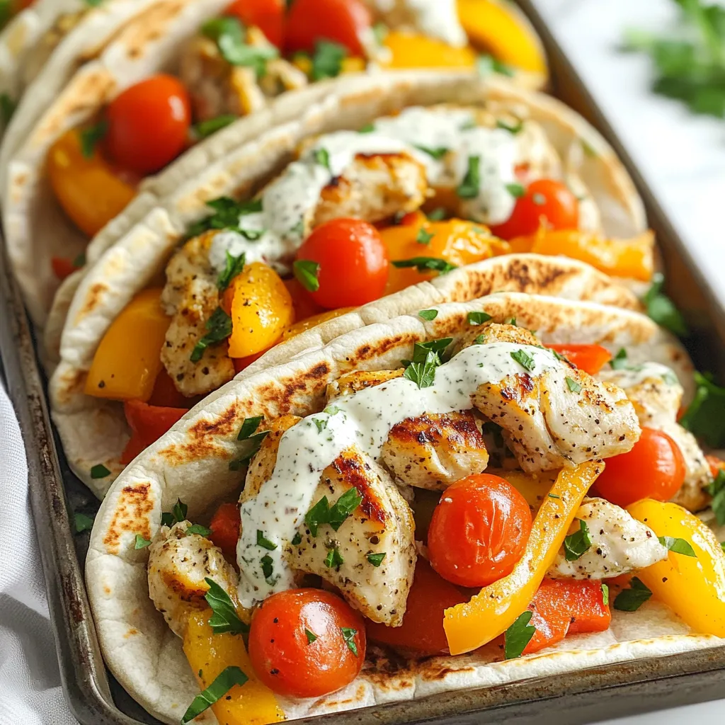 - 2 boneless, skinless chicken breasts, cut into bite-sized pieces - 1 tablespoon olive oil - 1 red bell pepper, sliced - 1 yellow bell pepper, sliced - 1 red onion, sliced - 4 whole wheat pitas - 1 cup cherry tomatoes, halved For the Herb Ranch Sauce: - 1/2 cup Greek yogurt - 1/4 cup mayonnaise - 1 tablespoon lemon juice - 1 tablespoon fresh dill, chopped - 1 tablespoon fresh chives, chopped - 1 teaspoon smoked paprika - 1 teaspoon garlic powder - 1 teaspoon onion powder - 1 teaspoon dried oregano - Salt and pepper to taste - Fresh parsley - Cherry tomatoes When I plan a meal, I always want simple yet tasty food. This dish does just that. The chicken and veggies cook together on one pan, making it easy. You get juicy chicken and colorful veggies in each bite. The whole wheat pitas add a nice touch, making it filling. The herb ranch sauce brings it all together. Greek yogurt and mayo create a creamy base. Fresh dill and chives add a burst of flavor. You can adjust the sauce to fit your taste. If you want more zing, add more lemon juice. I love adding fresh parsley as a garnish. It gives a pop of color and freshness. Cherry tomatoes also add sweetness and a nice crunch. You can mix and match these ingredients based on what you have. Enjoy making these pitas your own! {{ingredient_image_1}} - Preheating and Baking Sheet Preparation Start by preheating your oven to 425°F (220°C). This heat gives the chicken a nice, crisp finish. Line a large baking sheet with parchment paper. This makes for easy cleanup later. - Seasoning Chicken In a mixing bowl, add your chicken pieces. Pour in one tablespoon of olive oil. Add one teaspoon each of smoked paprika, garlic powder, onion powder, and dried oregano. Season with salt and pepper to taste. Toss everything together well. You want the chicken to be fully coated with those tasty spices. - Arranging Ingredients on the Baking Sheet Spread the seasoned chicken onto one side of the baking sheet. On the other side, arrange the sliced red and yellow bell peppers and red onion. This way, everything cooks evenly and flavors blend nicely. - Roasting Chicken and Vegetables Place the baking sheet in the preheated oven. Roast for 15 to 20 minutes. Stir the mixture halfway through to ensure even cooking. The chicken should be cooked through, and the veggies should be tender and slightly caramelized. - Mixing the Herb Ranch Ingredients While the chicken and veggies roast, let’s make the herb ranch sauce. In a bowl, mix together half a cup of Greek yogurt, a quarter cup of mayonnaise, one tablespoon of lemon juice, and one tablespoon each of chopped dill and chives. Season with salt and pepper to taste. Stir until the mixture is smooth and creamy. - Combining Sauce with Pita Filling Once your chicken and veggies are ready, remove them from the oven. If you want warm pitas, put them in the oven for the last five minutes of cooking. To assemble, fill each pita with the chicken and veggie mixture. Add halved cherry tomatoes for a fresh bite. Drizzle the herb ranch sauce over the filling. Don't forget to garnish with fresh parsley for that extra pop of color! - How to Ensure Even Cooking: Stir the chicken and veggies halfway through cooking. This helps them cook evenly. Make sure the chicken is cut into small pieces. This way, it cooks faster. Keep the veggies in similar sizes for best results. - Best Oven Temperature for Roasting: Preheat your oven to 425°F (220°C). This high heat helps the chicken and veggies roast well. It gives them a nice, crispy texture. - Presentation Ideas for Pitas: Serve the pitas cut in half on a wooden board. Place the herb ranch sauce in small bowls on the side. This makes it easy for guests to dip. Add some extra fresh herbs on top for a pop of color. - Pairing with Sides or Salads: These pitas taste great with a simple side salad. A mix of greens, cucumbers, and carrots works well. You can also serve them with roasted potatoes or a grain salad for a filling meal. - Spice Level Adjustments: If you like heat, add cayenne pepper or red pepper flakes to the chicken mix. Start with a small amount and taste as you go. This way, you can keep it mild or make it spicy. - Variations for Vegetables: Feel free to swap in any veggies you like. Zucchini, mushrooms, or asparagus are great choices. Just make sure to cut them into small pieces for even cooking. Pro Tips Marinate for Extra Flavor: If time permits, marinate the chicken with the spices and olive oil for at least 30 minutes before cooking. This allows the flavors to penetrate the chicken for a more delicious result. Customize Your Veggies: Feel free to add or substitute other vegetables such as zucchini, asparagus, or broccoli based on your preference or what you have on hand. Just ensure they are cut to similar sizes for even cooking. Use a Meat Thermometer: To ensure the chicken is perfectly cooked, use a meat thermometer. The internal temperature should reach 165°F (75°C) for safe consumption. Prep Ahead: For a quick weeknight meal, you can prep the chicken and vegetables in advance. Store them in the fridge, and when you're ready to eat, simply roast them on the sheet pan. {{image_2}} Alternatives to Chicken You can swap chicken for turkey or pork. Both work well in pitas. Try diced tofu or tempeh for a tasty change. These options keep the dish light and flavorful. Vegetarian Options For a vegetarian twist, use grilled veggies. Roasted chickpeas add protein and crunch. They soak up flavors and make each bite delightful. Using Other Types of Bread You don’t have to stick with pitas. Try flatbreads or naan for a fun twist. These breads add different textures and flavors to your meal. Gluten-Free Options If you need gluten-free bread, look for gluten-free pitas. You can also use lettuce wraps for a fresh and crunchy alternative. Alternative Dipping Sauces You can change the herb ranch sauce to a spicy yogurt sauce. Mix Greek yogurt with hot sauce for a kick. Hummus is another great choice for a creamy dip. Cream-Based vs. Yogurt-Based Dressings Creamy dressings add richness. You can use sour cream or buttermilk for a different flavor. Yogurt-based dressings are lighter but still tasty. Each option brings its own zing to the dish. To keep your leftovers fresh, store them in airtight containers. Place the chicken and veggies in one container and the pitas in another. This keeps everything from getting soggy. When you refrigerate, eat the leftovers within three days for best taste. For longer storage, you can freeze the chicken and veggies. Just make sure they cool completely before freezing. They will last up to three months in the freezer. To reheat, use an oven set to 350°F (175°C). Place the chicken and veggies on a baking sheet and warm for about 10-15 minutes. This keeps the flavor and texture nice. For the pitas, wrap them in foil to avoid dryness. Heat them for about five minutes, just until warm. To avoid sogginess, keep the pitas in a separate container from the chicken and veggies until ready to eat. Cooked chicken can last in the fridge for about three to four days. Roasted veggies have a similar shelf life. Whole wheat pitas are best used within a week, but they can last longer if stored well. If you freeze the chicken and veggies, they stay good for about three months. Always check for freshness before eating! Can I make this dish in advance? Yes, you can prepare the chicken and veggies ahead of time. Store them in the fridge for up to two days. Just warm them up before serving. This makes meal prep easy! What can I substitute for Greek yogurt? You can use sour cream instead of Greek yogurt. It has a similar texture and tang. For a dairy-free option, try unsweetened coconut yogurt. Both will work well in the herb ranch sauce. How do I know when the chicken is cooked through? The chicken is done when it reaches an internal temperature of 165°F (75°C). Use a meat thermometer for accurate results. The chicken should also be white and no longer pink inside. Can I add more vegetables to the sheet pan? Absolutely! You can add zucchini, broccoli, or even carrots. Just cut them into small pieces so they cook evenly. This adds more flavor and nutrition to your dish. Is this recipe suitable for meal prep? Yes, this recipe is great for meal prep. You can store portions in containers and heat them during the week. It saves time and gives you delicious meals ready to go! How can I make this dish spicier? To add heat, sprinkle red pepper flakes on the chicken before baking. You can also mix diced jalapeños into the veggie mix. For an extra kick, try using spicy mayo in the herb ranch sauce. This blog post covers everything you need for a tasty chicken and veggie meal. We explored key ingredients, including chicken, whole wheat pitas, and herb ranch sauce. I shared step-by-step instructions for preparation and cooking. You also learned tips for serving and ways to customize the dish. Lastly, we discussed storage and answered common questions. With this guide, you can create a delicious and satisfying meal. Enjoy experimenting and making it your own!