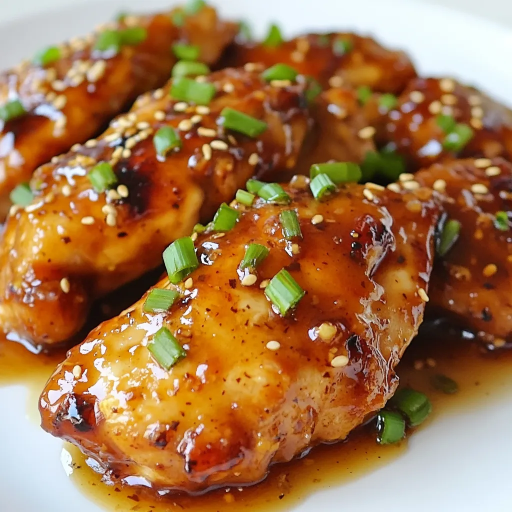 - 4 boneless, skinless chicken breasts - 1/3 cup honey - 1/4 cup low-sodium soy sauce - 4 cloves garlic, minced - 1 tablespoon fresh ginger, minced - 2 tablespoons olive oil - Salt and pepper to taste - 1 teaspoon sesame seeds - Chopped green onions To make honey garlic chicken, gather the main ingredients first. You need four chicken breasts that are boneless and skinless. This keeps the dish lean and easy to cook. Honey adds sweetness and glaze. Use low-sodium soy sauce to control salt levels. Fresh garlic and ginger bring strong flavors. Olive oil helps cook the chicken. Don't forget salt and pepper to season. For a nice touch, consider optional garnishes. Sesame seeds add crunch and flavor. Chopped green onions add a fresh look and taste. Both make the dish pop and look great on your plate. {{ingredient_image_1}} Whisking the honey garlic sauce First, grab a mixing bowl. Add 1/3 cup of honey, 1/4 cup of low-sodium soy sauce, 4 cloves of minced garlic, and 1 tablespoon of minced ginger. Whisk these ingredients together until they blend well. This sauce will give your chicken a sweet and savory kick. Seasoning the chicken breasts Next, take your 4 boneless, skinless chicken breasts. Sprinkle salt and pepper on both sides. This simple step makes the chicken tasty and enhances its natural flavor. Searing the chicken breasts Heat 2 tablespoons of olive oil in a large skillet over medium-high heat. When the oil is hot, carefully place the chicken breasts in the pan. Sear them for about 5 minutes on each side. You want a golden brown color for a nice crust. Adding the sauce and cooking After searing, reduce the heat to medium. Pour the honey garlic sauce over the chicken in the skillet. Cover the skillet with a lid and let it cook for about 10 to 12 minutes. The chicken should reach an internal temperature of 165°F (75°C). This ensures it is fully cooked and safe to eat. Resting the chicken Once cooked, carefully remove the chicken from the skillet. Let it rest for a few minutes. This step is important because it helps keep the chicken juicy. Serving suggestions Slice the chicken and drizzle the remaining sauce from the skillet over it. For a nice touch, you can sprinkle sesame seeds and chopped green onions on top. This adds a pop of color and flavor to your dish. Enjoy your honey garlic chicken breast! To ensure your chicken is cooked through, use a meat thermometer. Aim for an internal temperature of 165°F (75°C). This keeps the chicken juicy and safe to eat. If you don't have a thermometer, cut into the thickest part. The meat should be white with no pink inside. For thickening the sauce, let it simmer uncovered. This helps reduce the liquid. Stir often to avoid burning. If you want it thicker, mix a little cornstarch with water. Add this mixture while the sauce is simmering. It will help the sauce cling to the chicken better. Marinade options can add great flavor. Try adding lemon juice or apple cider vinegar. These add a nice tangy taste. You can also use herbs like thyme or rosemary for an earthy twist. Let the chicken marinate for at least 30 minutes for the best taste. Pairing side dishes can elevate your meal. Consider steamed rice or quinoa to soak up the sauce. You can also serve it with steamed broccoli or a fresh salad. These sides add color and nutrition to your plate. Pro Tips Perfectly Sear the Chicken: To achieve a golden-brown crust, ensure your skillet is hot enough before adding the chicken. This will help seal in the juices and enhance the flavor. Monitor Internal Temperature: Use a meat thermometer to check that the chicken reaches an internal temperature of 165°F (75°C) for food safety and optimal tenderness. Thicken the Sauce: If you prefer a thicker sauce, let it simmer uncovered for a few more minutes after removing the chicken. This will concentrate the flavors even more. Garnish for Presentation: Adding sesame seeds and chopped green onions not only enhances the visual appeal but also adds a delightful crunch and fresh flavor to the dish. {{image_2}} You can change the sweetener in this recipe. Instead of honey, try maple syrup or agave. Each sweetener gives a different twist to the dish. You can also use brown sugar if you want a deeper flavor. Adding vegetables to the skillet is another great option. You can toss in bell peppers, broccoli, or snap peas. This not only adds color but also makes the meal more filling. Cook the veggies with the chicken for a tasty one-pan dish. You can bake this honey garlic chicken in the oven. Preheat the oven to 375°F (190°C). Place the seasoned chicken in a baking dish and pour the sauce over it. Bake for 25-30 minutes until the chicken is done. This method gives a nice glaze and helps the chicken stay juicy. A grilled variation is also a fantastic choice. Marinate the chicken in the honey garlic sauce for at least 30 minutes. Preheat your grill to medium-high heat. Grill the chicken for about 6-7 minutes per side. The grill adds a smoky flavor that enhances the sweetness of the sauce. To store leftovers, let the chicken cool first. Place the chicken in an airtight container. Make sure to pour any extra sauce over the chicken to keep it moist. Store it in the fridge for up to three days. If you want to keep it longer, freeze the chicken. Wrap it well in foil or plastic wrap. It can last in the freezer for about three months. To reheat your honey garlic chicken, use the stove for the best results. Place the chicken in a skillet over low heat. Add a splash of water or sauce to keep it moist. Cover with a lid to heat it evenly. This method helps prevent drying out. You can also use a microwave, but be careful. Heat in short bursts and cover the chicken to keep it juicy. You can add some heat to this dish with red pepper flakes or sriracha. Start with a small amount, like half a teaspoon. Taste, then add more if you like it spicier. You can also use spicy garlic sauce in place of regular garlic. This will give you that sweet and spicy mix. If you need a soy sauce substitute, try tamari or coconut aminos. Both options work well and add flavor. You can also use a mix of water and balsamic vinegar. This mix is a bit sweeter but can still taste great in the dish. Yes, you can use chicken thighs. They are juicier and add more flavor. Cook them the same way as chicken breasts. Just make sure the internal temperature reaches 165°F or 75°C. This way, they will be safe to eat and delicious. You can marinate the chicken for 30 minutes or up to 4 hours. A longer soak helps the flavors soak in. If you are in a hurry, even 30 minutes will help. Just remember to keep it in the fridge while marinating. Yes, you can make it ahead. Cook the chicken and sauce, then store them in the fridge. When you are ready to eat, just reheat it on the stove. This way, you save time on busy days and enjoy a tasty meal. This blog covered everything you need for perfect honey garlic chicken. We explored key ingredients, like chicken breasts, honey, and soy sauce. I shared step-by-step instructions from preparation to serving. Plus, tips for great flavor and cooking methods offer more options. Remember to store your leftovers properly and enjoy them later. With easy variations and answers to your questions, you now have what you need to impress at any meal. Cook with confidence and enjoy your delicious dish!