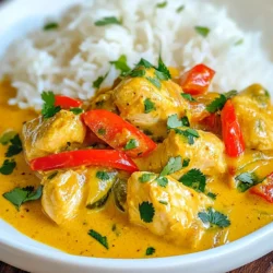 To make Thai Peanut Curry Chicken, gather these items: - 1 1/2 lbs boneless, skinless chicken thighs, cut into bite-sized pieces - 1 tablespoon coconut oil - 1 medium onion, finely chopped - 3 cloves garlic, minced - 1 tablespoon fresh ginger, minced - 1 red bell pepper, sliced - 1 cup coconut milk - 1/2 cup creamy peanut butter - 3 tablespoons red curry paste - 2 tablespoons soy sauce - 1 tablespoon brown sugar - Zest and juice of 1 lime For a fresh touch, try these garnishes: - Fresh cilantro, chopped - Lime wedges - Crushed peanuts - Sliced green onions These add color and flavor to your dish. Serve your curry with these sides: - Cooked jasmine rice - Steamed broccoli - Cucumber salad - Thai spring rolls These pair well and make your meal complete. Enjoy the balance of flavors! {{ingredient_image_1}} Start by getting your ingredients ready. You will need chicken, onion, garlic, ginger, and more. Heat coconut oil in a large skillet over medium-high heat. Add the chopped onion and cook until soft. This takes about 3 to 4 minutes. Then, toss in the minced garlic and ginger for one more minute. Next, raise the heat and add the chicken pieces. Cook them until they are browned and fully done, which should take about 5 to 7 minutes. Add the sliced red bell pepper and cook for another 2 to 3 minutes. This will make the pepper tender but still crisp. In a separate bowl, mix coconut milk, peanut butter, red curry paste, soy sauce, and brown sugar. Whisk this until it's smooth. Once your chicken and vegetables are cooked, pour this mixture over them. Stir well and let it simmer for 5 to 6 minutes. This allows the sauce to thicken up a bit. Finally, add lime zest and juice to brighten the flavors. Taste and adjust the seasoning if needed. Remove it from the heat and garnish with fresh cilantro. Serve this hot over jasmine rice for a delightful meal. Sautéing is the main technique here. This method helps to build flavor. Sauté the onion until it's soft, then add garlic and ginger. This will give your dish a great base flavor. Browning the chicken is also key. It locks in juices and adds depth. When you add the red bell pepper, it adds both color and crunch. Simmering the sauce at the end is important. This allows all the flavors to meld together. The goal is to achieve a creamy, rich sauce that coats the chicken beautifully. Keep an eye on your skillet's heat. Medium-high heat works best for sautéing. If it's too low, your chicken won't brown. If it's too high, it may burn. When simmering the sauce, use medium heat. This prevents burning and helps the sauce thicken evenly. Prep your ingredients ahead of time. This will save you from rushing. Have everything chopped and measured before you start cooking. This way, you can focus on enjoying the process. To make your Thai peanut curry chicken extra creamy, use full-fat coconut milk. It gives a rich texture. You can also add more peanut butter. This boosts the creaminess and flavor. Stir in the peanut butter slowly to blend it well. It helps create a smooth sauce that coats the chicken perfectly. If you want more heat, add a pinch of chili flakes. You can also use a bit of sriracha sauce. Start with a small amount, taste, and adjust as needed. If the dish is too spicy, add more coconut milk. This can help balance the heat and keep the dish enjoyable. To enhance the flavors, try adding lime zest and juice at the end. It brightens the dish and adds freshness. You can also toss in some chopped peanuts for crunch. Fresh herbs, like basil or mint, can add a new layer of flavor. Experiment with these ideas to find your perfect taste! Pro Tips Use Fresh Ingredients: Fresh garlic, ginger, and cilantro will elevate the flavor of your curry. Avoid dried herbs for the best taste. Adjust Spice Level: If you prefer more heat, add extra red curry paste or a splash of sriracha. For a milder dish, reduce the amount of curry paste. Let it Simmer: Allow the curry to simmer longer for deeper flavors. Just be careful not to overcook the chicken, keeping it tender and juicy. Perfect Rice: Cook your jasmine rice with a bit of coconut milk for added flavor. This complements the curry beautifully. {{image_2}} You can swap chicken for other proteins. Shrimp is a great choice. It cooks quickly and adds a nice flavor. Firm tofu works well for a vegetarian option. Just cut it into cubes. You can also use beef, but cook it longer. For a lighter dish, try using turkey. Each protein gives its own taste. Feel free to add more veggies to your curry. Broccoli adds crunch and color. Carrots can bring a touch of sweetness. Snap peas or green beans add a nice snap. For a leafy touch, toss in some spinach at the end. You can mix and match to fit your taste. Red curry paste is common, but you can try green or yellow curry paste too. Green curry has a fresh taste and a bit more heat. Yellow curry is milder and sweet. Each paste changes the dish's flavor profile. Experiment to find your favorite! To store your Thai Peanut Curry Chicken, let it cool first. Place it in an airtight container. This helps keep the flavors fresh. You can store it in the fridge for up to three days. If you want to keep it longer, try freezing it. When you're ready to eat the leftovers, reheat them gently. You can use a microwave or a skillet. If using a microwave, heat on medium power for a few minutes. Stir halfway to warm evenly. If using a skillet, add a splash of water or broth. Heat on low until warmed through. This keeps the dish moist and tasty. For freezing, pack the curry in airtight containers. Use freezer-safe bags if you prefer. Make sure to remove as much air as possible. Label the bags with the date. You can freeze the curry for up to three months. When ready to enjoy, thaw it in the fridge overnight. Then, reheat it as described above. Enjoy your delicious Thai Peanut Curry Chicken anytime! You can serve Thai peanut curry chicken with fluffy jasmine rice. The rice soaks up the sauce well. You might also add steamed broccoli or snap peas for color. A side salad with lime dressing adds a nice crunch. If you want something lighter, try cucumber salad. It balances the dish well. Yes, you can make this dish vegetarian. Substitute chicken with tofu or chickpeas. Use vegetable broth instead of chicken broth for more flavor. This will keep the curry creamy and delicious. Adjust the cooking time for tofu to ensure it’s heated through. You can add more veggies like carrots or zucchini too. Thai peanut curry chicken has a mild to medium spice level. The red curry paste adds flavor without being too hot. If you prefer less heat, use less curry paste. You can also add more coconut milk to cool it down. Adjust to your taste for the perfect balance. This blog post shared how to make Thai Peanut Curry Chicken. We covered the key ingredients, the cooking steps, and tips to enhance flavor. You learned about variations and how to store leftovers correctly. Now, you can create a tasty dish that suits your needs. Whether you choose to add veggies or adjust spice, enjoy your cooking. Dive in and savor this delicious meal!