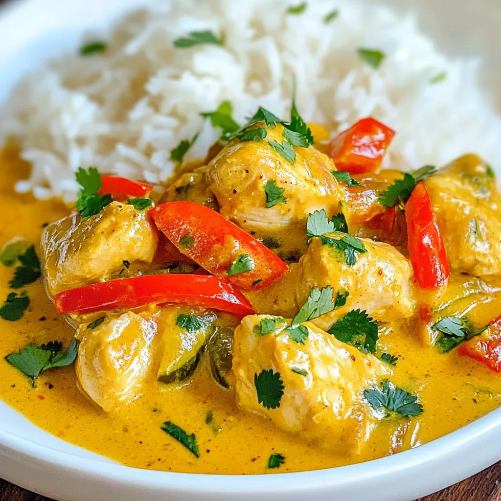 To make Thai Peanut Curry Chicken, gather these items: - 1 1/2 lbs boneless, skinless chicken thighs, cut into bite-sized pieces - 1 tablespoon coconut oil - 1 medium onion, finely chopped - 3 cloves garlic, minced - 1 tablespoon fresh ginger, minced - 1 red bell pepper, sliced - 1 cup coconut milk - 1/2 cup creamy peanut butter - 3 tablespoons red curry paste - 2 tablespoons soy sauce - 1 tablespoon brown sugar - Zest and juice of 1 lime For a fresh touch, try these garnishes: - Fresh cilantro, chopped - Lime wedges - Crushed peanuts - Sliced green onions These add color and flavor to your dish. Serve your curry with these sides: - Cooked jasmine rice - Steamed broccoli - Cucumber salad - Thai spring rolls These pair well and make your meal complete. Enjoy the balance of flavors! {{ingredient_image_1}} Start by getting your ingredients ready. You will need chicken, onion, garlic, ginger, and more. Heat coconut oil in a large skillet over medium-high heat. Add the chopped onion and cook until soft. This takes about 3 to 4 minutes. Then, toss in the minced garlic and ginger for one more minute. Next, raise the heat and add the chicken pieces. Cook them until they are browned and fully done, which should take about 5 to 7 minutes. Add the sliced red bell pepper and cook for another 2 to 3 minutes. This will make the pepper tender but still crisp. In a separate bowl, mix coconut milk, peanut butter, red curry paste, soy sauce, and brown sugar. Whisk this until it's smooth. Once your chicken and vegetables are cooked, pour this mixture over them. Stir well and let it simmer for 5 to 6 minutes. This allows the sauce to thicken up a bit. Finally, add lime zest and juice to brighten the flavors. Taste and adjust the seasoning if needed. Remove it from the heat and garnish with fresh cilantro. Serve this hot over jasmine rice for a delightful meal. Sautéing is the main technique here. This method helps to build flavor. Sauté the onion until it's soft, then add garlic and ginger. This will give your dish a great base flavor. Browning the chicken is also key. It locks in juices and adds depth. When you add the red bell pepper, it adds both color and crunch. Simmering the sauce at the end is important. This allows all the flavors to meld together. The goal is to achieve a creamy, rich sauce that coats the chicken beautifully. Keep an eye on your skillet's heat. Medium-high heat works best for sautéing. If it's too low, your chicken won't brown. If it's too high, it may burn. When simmering the sauce, use medium heat. This prevents burning and helps the sauce thicken evenly. Prep your ingredients ahead of time. This will save you from rushing. Have everything chopped and measured before you start cooking. This way, you can focus on enjoying the process. To make your Thai peanut curry chicken extra creamy, use full-fat coconut milk. It gives a rich texture. You can also add more peanut butter. This boosts the creaminess and flavor. Stir in the peanut butter slowly to blend it well. It helps create a smooth sauce that coats the chicken perfectly. If you want more heat, add a pinch of chili flakes. You can also use a bit of sriracha sauce. Start with a small amount, taste, and adjust as needed. If the dish is too spicy, add more coconut milk. This can help balance the heat and keep the dish enjoyable. To enhance the flavors, try adding lime zest and juice at the end. It brightens the dish and adds freshness. You can also toss in some chopped peanuts for crunch. Fresh herbs, like basil or mint, can add a new layer of flavor. Experiment with these ideas to find your perfect taste! Pro Tips Use Fresh Ingredients: Fresh garlic, ginger, and cilantro will elevate the flavor of your curry. Avoid dried herbs for the best taste. Adjust Spice Level: If you prefer more heat, add extra red curry paste or a splash of sriracha. For a milder dish, reduce the amount of curry paste. Let it Simmer: Allow the curry to simmer longer for deeper flavors. Just be careful not to overcook the chicken, keeping it tender and juicy. Perfect Rice: Cook your jasmine rice with a bit of coconut milk for added flavor. This complements the curry beautifully. {{image_2}} You can swap chicken for other proteins. Shrimp is a great choice. It cooks quickly and adds a nice flavor. Firm tofu works well for a vegetarian option. Just cut it into cubes. You can also use beef, but cook it longer. For a lighter dish, try using turkey. Each protein gives its own taste. Feel free to add more veggies to your curry. Broccoli adds crunch and color. Carrots can bring a touch of sweetness. Snap peas or green beans add a nice snap. For a leafy touch, toss in some spinach at the end. You can mix and match to fit your taste. Red curry paste is common, but you can try green or yellow curry paste too. Green curry has a fresh taste and a bit more heat. Yellow curry is milder and sweet. Each paste changes the dish's flavor profile. Experiment to find your favorite! To store your Thai Peanut Curry Chicken, let it cool first. Place it in an airtight container. This helps keep the flavors fresh. You can store it in the fridge for up to three days. If you want to keep it longer, try freezing it. When you're ready to eat the leftovers, reheat them gently. You can use a microwave or a skillet. If using a microwave, heat on medium power for a few minutes. Stir halfway to warm evenly. If using a skillet, add a splash of water or broth. Heat on low until warmed through. This keeps the dish moist and tasty. For freezing, pack the curry in airtight containers. Use freezer-safe bags if you prefer. Make sure to remove as much air as possible. Label the bags with the date. You can freeze the curry for up to three months. When ready to enjoy, thaw it in the fridge overnight. Then, reheat it as described above. Enjoy your delicious Thai Peanut Curry Chicken anytime! You can serve Thai peanut curry chicken with fluffy jasmine rice. The rice soaks up the sauce well. You might also add steamed broccoli or snap peas for color. A side salad with lime dressing adds a nice crunch. If you want something lighter, try cucumber salad. It balances the dish well. Yes, you can make this dish vegetarian. Substitute chicken with tofu or chickpeas. Use vegetable broth instead of chicken broth for more flavor. This will keep the curry creamy and delicious. Adjust the cooking time for tofu to ensure it’s heated through. You can add more veggies like carrots or zucchini too. Thai peanut curry chicken has a mild to medium spice level. The red curry paste adds flavor without being too hot. If you prefer less heat, use less curry paste. You can also add more coconut milk to cool it down. Adjust to your taste for the perfect balance. This blog post shared how to make Thai Peanut Curry Chicken. We covered the key ingredients, the cooking steps, and tips to enhance flavor. You learned about variations and how to store leftovers correctly. Now, you can create a tasty dish that suits your needs. Whether you choose to add veggies or adjust spice, enjoy your cooking. Dive in and savor this delicious meal!