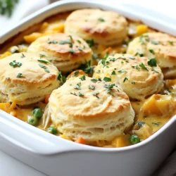 To make a tasty chicken pot pie casserole, use these key ingredients: - 2 cups cooked chicken, shredded - 1 cup frozen mixed vegetables (carrots, peas, corn) - 1 cup diced potatoes - 1 small onion, finely chopped - 2 cloves garlic, minced - 1 can (10.5 oz) condensed cream of chicken soup - 1 cup chicken broth - 1 teaspoon dried thyme - 1 teaspoon paprika - Salt and pepper to taste - 1 cup shredded cheddar cheese - 1 package (about 10 oz) refrigerated biscuits or puff pastry Each ingredient plays a big role in the dish. The chicken provides protein, while the mixed veggies add color and nutrients. The soup and broth create a creamy base that ties everything together. You can add a few optional ingredients to make your casserole even better: - 1 cup mushrooms, sliced - 1 cup cooked bacon, crumbled - Fresh parsley or thyme for garnish Mushrooms add an earthy taste. Bacon gives a nice crunch and salty flavor. Fresh herbs brighten the dish and make it look great. If you have dietary needs, don't worry! Here are some great substitutes: - Use turkey instead of chicken for a leaner option. - Swap the cream of chicken soup with a plant-based soup for a vegan option. - Use gluten-free biscuits or puff pastry if you need to avoid gluten. These substitutes keep the dish delicious while catering to different diets. Always choose ingredients that suit your needs for the best experience! {{ingredient_image_1}} Start by preheating your oven to 375°F (190°C). This ensures your casserole cooks evenly. Next, grab a large skillet. Add the finely chopped onion and minced garlic. Sauté them over medium heat until the onions turn soft and clear. This takes about 3-4 minutes. Now, add the cooked chicken, frozen mixed vegetables, and diced potatoes to the skillet. Make sure to stir everything well so it mixes nicely. Next, pour in the can of cream of chicken soup and chicken broth. Sprinkle in the dried thyme, paprika, salt, and pepper. Stir again until the mix is well-coated and heated through. Once your mix is ready, it’s time to transfer it. Grab a greased 9x13 inch casserole dish. Spread the chicken and vegetable mixture evenly across the bottom. Now, take the refrigerated biscuits or puff pastry. Tear them into smaller pieces and place them on top of the chicken mixture. Make sure to cover it all so every bite has that lovely crust. Then, sprinkle the shredded cheddar cheese over the biscuits or pastry. This adds a nice cheesy flavor as it bakes. Place your casserole in the preheated oven. Bake it for 25-30 minutes. Keep an eye on it. You want the biscuits to turn a lovely golden brown and be cooked through. When it’s done, carefully remove it from the oven. Let it cool for a few minutes before serving. This helps the flavors settle and keeps you from burning your mouth. Enjoy your delicious chicken pot pie casserole! To get a nice, crispy topping on your casserole, use refrigerated biscuits or puff pastry. Tear them into smaller pieces and cover the chicken mixture evenly. Make sure to space them out so they cook well. For extra crunch, you can brush a little melted butter on top before baking. Adding a sprinkle of paprika or herbs can also enhance color and flavor. If you have leftovers, cool the casserole to room temperature. Cover it tightly with plastic wrap or foil. You can also use an airtight container for better protection. Store it in the fridge, where it will last for about three days. For longer storage, consider freezing it. Just ensure it’s well wrapped to prevent freezer burn. When it’s time to reheat, preheat your oven to 350°F (175°C). Place the casserole in an oven-safe dish. Cover it with foil to keep it moist. Heat for about 20-25 minutes, or until it’s warmed through. If you want to revive the crispy topping, remove the foil for the last few minutes of baking. Enjoy every bite! Pro Tips Use Rotisserie Chicken: For a quicker preparation, use store-bought rotisserie chicken. It’s already cooked and adds great flavor. Customize Vegetables: Feel free to customize the mixed vegetables according to your preference or what you have on hand; green beans and bell peppers work well too! Make it Creamier: For a creamier texture, add a splash of heavy cream or sour cream to the chicken mixture before baking. Check Biscuit Doneness: Since baking times can vary, check that the biscuits are golden brown and cooked through before removing from the oven. {{image_2}} You can make a tasty vegetarian version of this casserole. Swap the chicken for chickpeas or tofu. Use vegetable broth instead of chicken broth. Keep the same veggies, like peas and carrots. This gives you a hearty, filling dish without meat. It’s just as comforting and delicious. To make this casserole gluten-free, pick gluten-free biscuits or puff pastry. You can also use a gluten-free flour mix for a thicker sauce. Check that your cream of chicken soup is gluten-free too. Many brands offer gluten-free versions. This way, you can enjoy the same great taste without the gluten. Add fun flavors to your casserole with mix-ins. Try mushrooms for an earthy taste. You can also toss in bell peppers for color and crunch. Fresh herbs like rosemary or basil can brighten the dish. A dash of hot sauce adds a nice kick. Don’t be afraid to experiment with flavors. Each mix-in gives a new twist to this classic comfort food. To freeze chicken pot pie casserole, let it cool first. Then, cover it tightly with plastic wrap or foil. You can also use freezer-safe containers. Make sure to label the date on the package. This helps you know when to use it. It stays fresh for up to three months in the freezer. When ready to eat, let it thaw overnight in the fridge. In the fridge, chicken pot pie casserole lasts about three to four days. Store it in an airtight container for best results. If you notice any off-smells or mold, it’s time to toss it. To enjoy it at its best, eat the leftovers within this time frame. Meal prep is easy with this casserole. You can make a large batch ahead of time. Just divide it into portions before cooking. This way, you can freeze some and keep some in the fridge. You can also prepare the filling and store it separately. Then, add the biscuits or pastry right before baking. This keeps them fresh and flaky. Yes, you can use rotisserie chicken. It saves time and adds great flavor. Simply shred the chicken into small pieces. This makes cooking easier. You get a rich taste without much work. Just swap the cooked chicken in the recipe with your rotisserie chicken. You can prepare this casserole ahead of time. Cook the filling and store it in the fridge. You can also assemble the whole dish, but don't bake it yet. Cover it tightly and keep it in the fridge. When you are ready, just bake it as directed. This makes meal prep easy and quick! Many sides go well with this casserole. A simple green salad adds freshness. You can also serve steamed vegetables for color and nutrition. Mashed potatoes or garlic bread are great comfort food options, too. Choose sides that balance the rich flavors of the casserole. This Chicken Pot Pie Casserole offers a mix of flavors and ease. You learned about essential and optional ingredients. You saw how to prepare, cook, and bake it perfectly. With tips for a crispy topping and storing leftovers, you’re set for success. I also shared tasty variations, storage tips, and answers to common questions. Feel free to get creative with your own twists. Enjoy making this dish a favorite in your home.