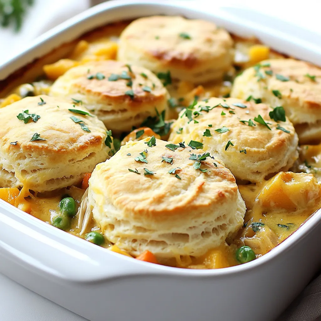 To make a tasty chicken pot pie casserole, use these key ingredients: - 2 cups cooked chicken, shredded - 1 cup frozen mixed vegetables (carrots, peas, corn) - 1 cup diced potatoes - 1 small onion, finely chopped - 2 cloves garlic, minced - 1 can (10.5 oz) condensed cream of chicken soup - 1 cup chicken broth - 1 teaspoon dried thyme - 1 teaspoon paprika - Salt and pepper to taste - 1 cup shredded cheddar cheese - 1 package (about 10 oz) refrigerated biscuits or puff pastry Each ingredient plays a big role in the dish. The chicken provides protein, while the mixed veggies add color and nutrients. The soup and broth create a creamy base that ties everything together. You can add a few optional ingredients to make your casserole even better: - 1 cup mushrooms, sliced - 1 cup cooked bacon, crumbled - Fresh parsley or thyme for garnish Mushrooms add an earthy taste. Bacon gives a nice crunch and salty flavor. Fresh herbs brighten the dish and make it look great. If you have dietary needs, don't worry! Here are some great substitutes: - Use turkey instead of chicken for a leaner option. - Swap the cream of chicken soup with a plant-based soup for a vegan option. - Use gluten-free biscuits or puff pastry if you need to avoid gluten. These substitutes keep the dish delicious while catering to different diets. Always choose ingredients that suit your needs for the best experience! {{ingredient_image_1}} Start by preheating your oven to 375°F (190°C). This ensures your casserole cooks evenly. Next, grab a large skillet. Add the finely chopped onion and minced garlic. Sauté them over medium heat until the onions turn soft and clear. This takes about 3-4 minutes. Now, add the cooked chicken, frozen mixed vegetables, and diced potatoes to the skillet. Make sure to stir everything well so it mixes nicely. Next, pour in the can of cream of chicken soup and chicken broth. Sprinkle in the dried thyme, paprika, salt, and pepper. Stir again until the mix is well-coated and heated through. Once your mix is ready, it’s time to transfer it. Grab a greased 9x13 inch casserole dish. Spread the chicken and vegetable mixture evenly across the bottom. Now, take the refrigerated biscuits or puff pastry. Tear them into smaller pieces and place them on top of the chicken mixture. Make sure to cover it all so every bite has that lovely crust. Then, sprinkle the shredded cheddar cheese over the biscuits or pastry. This adds a nice cheesy flavor as it bakes. Place your casserole in the preheated oven. Bake it for 25-30 minutes. Keep an eye on it. You want the biscuits to turn a lovely golden brown and be cooked through. When it’s done, carefully remove it from the oven. Let it cool for a few minutes before serving. This helps the flavors settle and keeps you from burning your mouth. Enjoy your delicious chicken pot pie casserole! To get a nice, crispy topping on your casserole, use refrigerated biscuits or puff pastry. Tear them into smaller pieces and cover the chicken mixture evenly. Make sure to space them out so they cook well. For extra crunch, you can brush a little melted butter on top before baking. Adding a sprinkle of paprika or herbs can also enhance color and flavor. If you have leftovers, cool the casserole to room temperature. Cover it tightly with plastic wrap or foil. You can also use an airtight container for better protection. Store it in the fridge, where it will last for about three days. For longer storage, consider freezing it. Just ensure it’s well wrapped to prevent freezer burn. When it’s time to reheat, preheat your oven to 350°F (175°C). Place the casserole in an oven-safe dish. Cover it with foil to keep it moist. Heat for about 20-25 minutes, or until it’s warmed through. If you want to revive the crispy topping, remove the foil for the last few minutes of baking. Enjoy every bite! Pro Tips Use Rotisserie Chicken: For a quicker preparation, use store-bought rotisserie chicken. It’s already cooked and adds great flavor. Customize Vegetables: Feel free to customize the mixed vegetables according to your preference or what you have on hand; green beans and bell peppers work well too! Make it Creamier: For a creamier texture, add a splash of heavy cream or sour cream to the chicken mixture before baking. Check Biscuit Doneness: Since baking times can vary, check that the biscuits are golden brown and cooked through before removing from the oven. {{image_2}} You can make a tasty vegetarian version of this casserole. Swap the chicken for chickpeas or tofu. Use vegetable broth instead of chicken broth. Keep the same veggies, like peas and carrots. This gives you a hearty, filling dish without meat. It’s just as comforting and delicious. To make this casserole gluten-free, pick gluten-free biscuits or puff pastry. You can also use a gluten-free flour mix for a thicker sauce. Check that your cream of chicken soup is gluten-free too. Many brands offer gluten-free versions. This way, you can enjoy the same great taste without the gluten. Add fun flavors to your casserole with mix-ins. Try mushrooms for an earthy taste. You can also toss in bell peppers for color and crunch. Fresh herbs like rosemary or basil can brighten the dish. A dash of hot sauce adds a nice kick. Don’t be afraid to experiment with flavors. Each mix-in gives a new twist to this classic comfort food. To freeze chicken pot pie casserole, let it cool first. Then, cover it tightly with plastic wrap or foil. You can also use freezer-safe containers. Make sure to label the date on the package. This helps you know when to use it. It stays fresh for up to three months in the freezer. When ready to eat, let it thaw overnight in the fridge. In the fridge, chicken pot pie casserole lasts about three to four days. Store it in an airtight container for best results. If you notice any off-smells or mold, it’s time to toss it. To enjoy it at its best, eat the leftovers within this time frame. Meal prep is easy with this casserole. You can make a large batch ahead of time. Just divide it into portions before cooking. This way, you can freeze some and keep some in the fridge. You can also prepare the filling and store it separately. Then, add the biscuits or pastry right before baking. This keeps them fresh and flaky. Yes, you can use rotisserie chicken. It saves time and adds great flavor. Simply shred the chicken into small pieces. This makes cooking easier. You get a rich taste without much work. Just swap the cooked chicken in the recipe with your rotisserie chicken. You can prepare this casserole ahead of time. Cook the filling and store it in the fridge. You can also assemble the whole dish, but don't bake it yet. Cover it tightly and keep it in the fridge. When you are ready, just bake it as directed. This makes meal prep easy and quick! Many sides go well with this casserole. A simple green salad adds freshness. You can also serve steamed vegetables for color and nutrition. Mashed potatoes or garlic bread are great comfort food options, too. Choose sides that balance the rich flavors of the casserole. This Chicken Pot Pie Casserole offers a mix of flavors and ease. You learned about essential and optional ingredients. You saw how to prepare, cook, and bake it perfectly. With tips for a crispy topping and storing leftovers, you’re set for success. I also shared tasty variations, storage tips, and answers to common questions. Feel free to get creative with your own twists. Enjoy making this dish a favorite in your home.