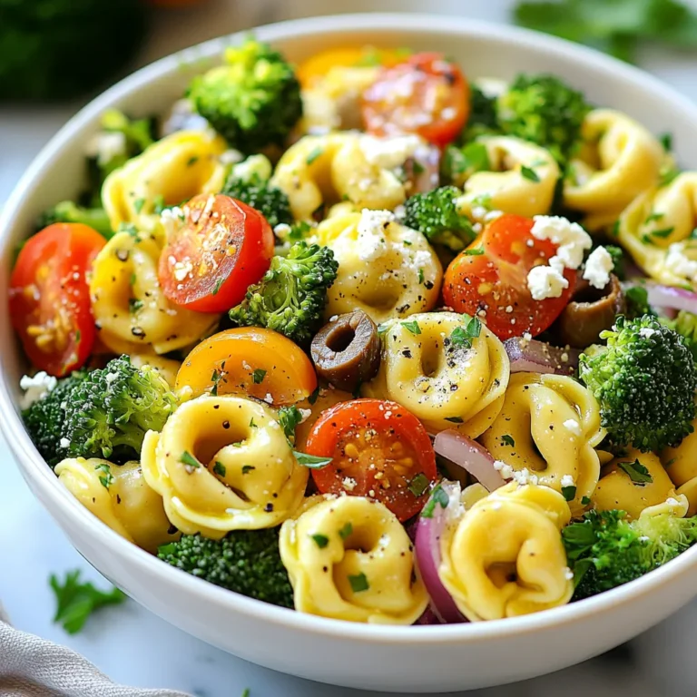- 12 oz cheese tortellini - 2 cups broccoli florets - 1 cup cherry tomatoes, halved - 1/2 cup red onion, thinly sliced - 1/2 cup Kalamata olives, pitted and sliced - 1/4 cup feta cheese, crumbled - 1/4 cup olive oil - 2 tablespoons lemon juice - 1 teaspoon dried oregano - Salt and pepper to taste - Fresh parsley, chopped (for garnish) Gathering the right ingredients makes the dish shine. First, you need 12 oz of cheese tortellini. This gives the salad a nice, cheesy flavor. Next, grab 2 cups of broccoli florets. They add crunch and color. For sweetness, use 1 cup of cherry tomatoes, halved. Their juicy bites balance the dish. You will also need 1/2 cup of thinly sliced red onion. This adds a sharp taste. Then, add 1/2 cup of Kalamata olives, pitted and sliced. Their briny flavor contrasts well with the other ingredients. Don't forget 1/4 cup of crumbled feta cheese. It brings a creamy texture. Next, you need 1/4 cup of olive oil. This will dress the salad. Use 2 tablespoons of lemon juice for a zesty kick. Add 1 teaspoon of dried oregano for depth. Finally, sprinkle salt and pepper to taste. Fresh parsley, chopped, makes a lovely garnish. Now you have everything ready to make a fresh and flavorful Broccoli Tortellini Salad! {{ingredient_image_1}} To start, fill a large pot with water and add salt. Bring it to a boil. - Add 12 oz of cheese tortellini to the boiling water. - Cook the tortellini until it is al dente, usually around 3-5 minutes. - For the last 2 minutes of cooking, add 2 cups of broccoli florets. - Drain the tortellini and broccoli together. Rinse them under cold water to stop cooking. In a large bowl, combine the cooked tortellini and broccoli. - Add 1 cup of halved cherry tomatoes. - Toss in 1/2 cup of thinly sliced red onion. - Include 1/2 cup of sliced Kalamata olives and 1/4 cup of crumbled feta cheese. Next, prepare the dressing in a separate bowl. Now, pour the dressing over the salad mix. Toss everything gently to combine. Let the salad rest for about 10 minutes. This helps the flavors mix well. Before serving, give it another gentle toss and sprinkle fresh parsley on top. To cook tortellini perfectly, start by boiling salted water. This adds flavor. Follow the package instructions closely. Cook until the tortellini is al dente. This means it should still have a little bite. For the last two minutes, add the broccoli florets to the pot. This helps them cook just right. After draining, always rinse both the tortellini and broccoli under cold water. Rinsing stops the cooking process. It keeps your pasta from getting mushy. When choosing broccoli, fresh is best for flavor and texture. Look for bright green florets. If fresh is not available, frozen works too. Just remember to thaw it before using. For the dressing, use fresh lemon juice for a bright taste. It balances the richness of the feta. Try adding more dried oregano for extra flavor. Taste your dressing before adding it to the salad. This helps you adjust the seasoning to your liking. To make your salad visually appealing, think about garnishing. Fresh parsley adds a pop of color. You can also use lemon wedges on the side. This looks nice and adds more flavor. Serve the salad in a large, shallow bowl. This allows everyone to see the vibrant colors. Arrange the ingredients in a way that shows off their shapes. A well-presented salad makes it more inviting. Remember, we eat with our eyes first! Pro Tips Perfect Pasta: Be sure to cook the tortellini until it is al dente for the best texture in your salad. Chill Out: For an even more refreshing salad, let it chill in the refrigerator for at least 30 minutes before serving. Fresh Flavors: Use fresh lemon juice instead of bottled for a brighter flavor in the dressing. Customize Ingredients: Feel free to add or substitute other vegetables like bell peppers or cucumbers for extra crunch and color. {{image_2}} You can change the cheese tortellini to a different kind. Try using spinach tortellini or whole wheat. These swaps can boost the flavor and add nutrients. If you want to switch the Kalamata olives, use green olives or capers. They bring a different taste, but still work well. For feta cheese, try goat cheese or even a dairy-free option. These changes keep the salad fresh and exciting. If you follow a vegetarian diet, this salad is already a great choice. To make it vegan, just skip the feta cheese or use a vegan cheese alternative. For gluten-free options, look for gluten-free tortellini. Many brands offer tasty choices that fit this need. Always check the label to make sure it meets your dietary needs. You can mix in other seasonal vegetables to change the salad's taste all year. In spring, add peas or asparagus. In summer, bell peppers or zucchini work great. In fall, roasted butternut squash adds sweetness. When it comes to dressings, switch it up! Try a balsamic vinaigrette or a creamy dressing for a new flavor. These variations keep the dish fun and interesting. To keep your Broccoli Tortellini Salad fresh, use an airtight container. Make sure to cool the salad before sealing it. This helps avoid moisture build-up. Store the salad in the refrigerator. It will stay fresh for up to three days. Keep in mind, the longer it sits, the softer the tortellini and broccoli will become. Freezing this salad isn’t ideal, but you can do it. To freeze without losing texture, leave out the tomatoes and feta. These ingredients do not freeze well. Place the tortellini and broccoli mix in a freezer bag. Squeeze out as much air as you can and seal it. To thaw, move the salad to the fridge overnight. Once thawed, mix in fresh tomatoes and feta before serving. You can repurpose leftover salad in fun ways. Use it as a filling for a wrap or sandwich. Add it to a bed of greens for a new salad. If you want to reheat it, do so gently. Use the microwave on low power to warm it up. Always check the temperature to ensure it’s safe to eat. The best way to cook tortellini is in boiling salted water. Bring a large pot to a boil. Add the tortellini and cook it until it's al dente, usually around 3 to 5 minutes. For this salad, add broccoli florets in the last 2 minutes of cooking. This keeps both the tortellini and broccoli tender yet firm. Yes, you can make this salad ahead of time. Prepare the salad and dressing separately. Combine them shortly before serving. This helps keep the tortellini and veggies crisp. You can store the salad in the fridge for up to 2 days. You can serve this salad with grilled chicken or fish for protein. It pairs well with crusty bread or a light soup. For a vegetarian option, serve with roasted veggies or a side of hummus. This recipe yields about 4 servings. It's perfect for a family meal or a small gathering. You can easily double the recipe if you need more. Yes, this salad is great for meal prep. You can make it in advance and store it in containers. Just remember to keep the dressing separate until you're ready to eat. This keeps the salad fresh and tasty throughout the week. This salad combines tasty cheese tortellini, fresh veggies, and tangy dressing. You saw how to cook the tortellini and mix in broccoli, tomatoes, and olives. I shared tips for perfect texture and vibrant presentation. Remember, you can swap ingredients and store leftovers easily. Feel free to get creative with your variations. Enjoy making this quick and healthy dish! It’s simple and great for any meal.