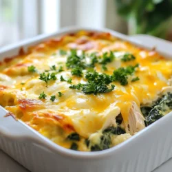 - 2 cups cooked chicken breast, shredded - 1 cup fresh spinach, chopped - 1 cup steamed cauliflower florets - 1 cup softened cream cheese - 1/2 cup shredded sharp cheddar cheese - 1/2 cup mozzarella cheese, shredded - 1/4 cup chicken broth - 2 cloves garlic, minced - 1 teaspoon onion powder - 1 teaspoon paprika - Salt and pepper to taste When making this low-carb chicken casserole, the right ingredients matter. I always start with cooked chicken breast. It adds protein and flavor. I shred it to mix well with other ingredients. Fresh spinach adds color and nutrients. It wilts perfectly as the casserole cooks. Steamed cauliflower florets act as a great substitute for pasta or rice. It keeps the dish low in carbs. The cream cheese binds everything together. It makes the casserole creamy and rich. For the cheese topping, I love using a mix of sharp cheddar and mozzarella. They melt beautifully and create a tasty crust. Adding flavor is key to this dish. Chicken broth keeps it moist. Garlic adds a nice kick. Onion powder and paprika give depth. Salt and pepper balance everything out. You can adjust these to fit your taste. By using fresh and quality ingredients, you ensure a delicious meal that everyone will love. {{ingredient_image_1}} - Preheat your oven to 375°F (190°C). - In a large mixing bowl, combine 2 cups of cooked chicken, 1 cup of chopped spinach, and 1 cup of steamed cauliflower florets. - In another bowl, mix 1 cup of softened cream cheese with 1/4 cup of chicken broth, 2 minced garlic cloves, 1 teaspoon of onion powder, 1 teaspoon of paprika, and salt and pepper to taste. - Pour this cream cheese mixture over the chicken and vegetables. Stir until everything is evenly coated. - Transfer the mixture to a greased 9x9-inch baking dish. Spread it out evenly. - Top with 1/2 cup of shredded sharp cheddar cheese and 1/2 cup of shredded mozzarella cheese. - Drizzle 1 tablespoon of olive oil over the cheese to help it brown. - Bake in the preheated oven for 25-30 minutes, or until the cheese is bubbly and golden brown on top. - Best practices for shredding chicken: To shred chicken easily, use two forks. Hold one fork in each hand. Pull the chicken apart in opposite directions. This method works best with warm or hot chicken. - How to properly steam cauliflower: Cut cauliflower into small florets. Place them in a steamer basket over boiling water. Cover and steam for about 5-7 minutes. The cauliflower should be tender but not mushy. - Using herbs and spices for added flavor: Fresh herbs like parsley add brightness. Try basil or thyme for a different twist. Use spices like cumin or chili powder for warmth. - Recommendations for low-carb substitutes: Swap out cream cheese for ricotta for a lighter option. Use zucchini instead of cauliflower for a different texture. Almond flour can replace breadcrumbs if you want a crunchy topping. - Recommended side dishes: Serve with a light salad. A simple green salad pairs well. Roasted vegetables are also a great choice. - How to best present the casserole: Garnish with fresh parsley before serving. This adds color and freshness. Serve hot for the best taste and look. Pro Tips Use Rotisserie Chicken: Save time by using store-bought rotisserie chicken instead of cooking your own. It adds flavor and makes the prep even quicker. Vegetable Variations: Feel free to add other vegetables like broccoli or bell peppers. They can enhance the flavor and add more nutrients to the dish. Cheese Choices: Experiment with different cheeses such as Gruyère or pepper jack for a unique twist on the flavor profile. Make Ahead: Prepare the casserole in advance and store it in the fridge. Just bake it when you’re ready to serve for a convenient meal. {{image_2}} You can change the protein in this dish. Instead of chicken, try turkey or even shrimp. If you want a meatless option, use tofu or tempeh. For veggies, swap the spinach and cauliflower with zucchini or broccoli. These swaps keep it low-carb and tasty. Add fun spices to give your casserole a kick. Try cumin or chili powder for a Mexican twist. For an Italian vibe, use basil and oregano. You can also add some red pepper flakes for heat. These ideas will help you create a dish that fits your mood. If you need a gluten-free meal, this casserole is already safe. Just double-check your cheese and broth labels. For those who avoid dairy, use dairy-free cream cheese and cheese. Look for brands that melt well. These options make it easy for everyone to enjoy. To store leftovers, place the casserole in an airtight container. Make sure it cools down to room temperature first. You can keep it in the fridge for up to four days. Just reheat it in the oven or microwave when you're ready to enjoy it again. If you want to freeze this dish, let it cool completely. Then, wrap it tightly in plastic wrap and foil. This helps prevent freezer burn. You can freeze the casserole for up to three months. To reheat, thaw it overnight in the fridge. Bake it at 350°F (175°C) for about 30 minutes. Check that it’s hot throughout before serving. This casserole is perfect for meal prep. You can make it ahead on a Sunday for the week. Portion it into single servings in small containers for easy access. This way, you can grab a healthy meal on busy nights. Just heat up a portion, and you're good to go! What is the carb count for this casserole? This low carb chicken casserole has about 6 grams of carbs per serving. The main ingredients contribute minimally to the carb total. Fresh spinach and cauliflower are great low-carb choices. Cream cheese and the cheeses add flavor without many carbs. If you count carbs, this dish fits well into your meal plan. Can I use raw chicken instead of cooked? Using raw chicken is not advised for this recipe. The dish needs cooked chicken to blend flavors well. If you choose raw, you must cook it fully first. Shredded cooked chicken saves time and adds a rich flavor. What to do if the casserole is too dry? If your casserole turns out dry, add more chicken broth. You can also drizzle some olive oil on top. Mixing in extra cream cheese helps too. These will add moisture and enhance the taste. How to fix over-seasoning issues? If you find it too salty or spicy, add cooked cauliflower or more chicken. This will balance the flavors. Mixing in a bit of cream cheese may help reduce the strong taste too. Recommended baking dishes A 9x9-inch baking dish works perfectly for this casserole. You can also use a larger dish if you double the recipe. Glass or ceramic dishes help heat evenly and brown the cheese nicely. Tools for preparation and mixing Have a large mixing bowl for combining ingredients. Use a spatula for mixing well. A sharp knife helps chop the spinach, and a steamer basket is great for cooking cauliflower. This blog post shared a tasty casserole recipe that is both easy and healthy. We covered the main ingredients like chicken, spinach, and cauliflower, along with cheese options. You learned step-by-step how to mix and bake the dish perfectly. I also provided tips for storing leftovers and ideas for variations to keep meals exciting. Feel free to get creative with flavors and ingredients! Enjoy cooking and sharing this dish with family and friends. Your kitchen adventures just got a lot more delicious!