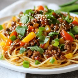 To make Asian Style Ground Beef Spaghetti, gather these ingredients: - 8 oz spaghetti noodles - 1 lb ground beef - 1 tablespoon sesame oil - 3 cloves garlic, minced - 1 inch ginger, grated - 1/4 cup soy sauce - 2 tablespoons hoisin sauce - 1 tablespoon sriracha (adjust to taste) - 1 red bell pepper, thinly sliced - 1 cup snap peas, trimmed - 4 green onions, sliced - Sesame seeds for garnish - Fresh cilantro for garnish Each ingredient plays a key role. Spaghetti noodles give the dish its base. Ground beef adds protein and flavor. Sesame oil brings a nutty taste. Garlic and ginger provide a fragrant kick. Soy sauce and hoisin sauce add depth. Sriracha adds heat, while the vegetables add color and crunch. Green onions, sesame seeds, and cilantro make for a beautiful finish. This mix creates a dish that is both tasty and fun to make! {{ingredient_image_1}} 1. Start by bringing a large pot of salted water to a boil. 2. Once boiling, add 8 oz of spaghetti noodles. 3. Cook the noodles according to the package instructions until they are al dente. 4. Drain the noodles and set them aside. 1. In a large skillet or wok, heat 1 tablespoon of sesame oil over medium-high heat. 2. Add 3 cloves of minced garlic and 1 inch of grated ginger. 3. Sauté them for about 30 seconds until they smell great. 1. Next, add 1 lb of ground beef to the skillet. 2. Break the beef apart with a spatula as it cooks. 3. Cook it until fully browned and no longer pink, about 5-7 minutes. 4. If there is excess fat, drain it off. 1. Stir in 1/4 cup of soy sauce, 2 tablespoons of hoisin sauce, and 1 tablespoon of sriracha. 2. Mix well until the beef is coated in the sauce. 3. Add 1 thinly sliced red bell pepper and 1 cup of trimmed snap peas. 4. Stir-fry for about 3-4 minutes until the veggies are tender but still crisp. 1. Now, add the cooked spaghetti noodles to the skillet. 2. Toss everything together gently for about 2 minutes until heated through. 1. Remove the skillet from heat. 2. Top the dish with sliced green onions, sesame seeds, and fresh cilantro. 3. Serve immediately and enjoy your meal! To make your Asian style ground beef spaghetti shine, spice is key. Sriracha adds heat and depth. Start with one tablespoon. Taste, then add more if you like it spicier. This lets you control the flavor. Using fresh ingredients makes a big difference. Fresh garlic and ginger boost taste. Use vibrant vegetables like red bell peppers and snap peas. They add crunch and color to the dish. A wok works better than a skillet for this dish. It heats quickly and cooks food evenly. The high sides help toss ingredients without spills. If you don’t have a wok, a large skillet will do. When stir-frying, keep the heat high. This helps veggies stay crisp. Add them in stages. Start with tougher vegetables like bell peppers, then add snap peas last. This way, everything cooks just right. This dish pairs well with simple sides. Serve it with a light salad or steamed rice. Both balance the bold flavors. Leftovers store well in the fridge. Use an airtight container for freshness. Enjoy them within three days for best taste. Pro Tips Use Fresh Ingredients: Fresh vegetables and herbs will enhance the flavor of your dish significantly. Try to incorporate fresh ginger and garlic for the best results. Control the Heat: Adjust the amount of sriracha based on your heat preference. Start with less and add more if you like it spicier. Cook Noodles Al Dente: Cooking the spaghetti until al dente will ensure that they hold their shape and texture when mixed with the beef and sauce. Garnish for Flavor: Don't skip the garnish! Fresh cilantro and green onions add a burst of freshness that complements the savory flavors of the dish. {{image_2}} You can switch up the meat in this dish. Ground chicken or turkey works great. They are lighter but still tasty. For a vegetarian or vegan option, try crumbled tofu or tempeh. These options soak up flavor well and keep the dish satisfying. Feel free to add seasonal vegetables. Broccoli or zucchini can add color and nutrition. You can also switch up garnishes. Try chopped peanuts or fresh basil for new tastes. These simple changes can make the dish feel fresh and exciting. For a deeper flavor, add oyster sauce or fish sauce. They give a nice umami taste that enhances the meal. If you need gluten-free options, use tamari instead of soy sauce. This keeps the dish safe for those with gluten issues while keeping the flavor intact. To store leftovers, let the dish cool before packing it. Place the spaghetti in an airtight container. This keeps it fresh for up to three days. If you plan to use it later, separate the noodles from the beef and sauce. This helps keep everything tasty. Use glass or BPA-free plastic containers for best results. You can freeze portions for future meals. Divide the spaghetti into single servings. Place each in a freezer-safe container or bag. Label them with the date for easy tracking. This dish will last up to three months in the freezer. When ready to eat, thaw it overnight in the fridge. To reheat, warm it in a pan over low heat. You can also use the microwave for a quick meal. Add a splash of water to keep it moist when reheating. You can easily change some ingredients in this dish. Here are a few ideas: - Use whole wheat spaghetti instead of regular noodles for added fiber. - Swap ground beef for ground turkey or chicken for a leaner option. - Sesame oil can be replaced with olive oil if needed. - If you don't have hoisin sauce, try using teriyaki sauce as a substitute. - For a vegetarian twist, use tofu or tempeh in place of meat. To reduce spiciness, simply cut back on the sriracha. You can also: - Omit the sriracha completely for a milder flavor. - Add more soy sauce or hoisin sauce to balance the heat. - Mix in a little sugar or honey to counteract spice. - Use bell peppers or carrots for sweetness without heat. Yes, you can make this dish ahead of time. Here’s how: - Cook the spaghetti and beef mixture separately, then cool them. - Store them in airtight containers in the fridge for up to three days. - When ready to eat, simply reheat on the stove. Stir well to combine. - You may want to add a splash of soy sauce when reheating for added moisture. Absolutely! To make this dish gluten-free, follow these tips: - Use gluten-free spaghetti or rice noodles instead of regular pasta. - Check that your soy sauce is gluten-free; many brands offer this option. - Hoisin sauce can also be found in gluten-free versions. - Always read labels to ensure all ingredients meet gluten-free standards. This dish packs many healthy benefits, such as: - Ground beef provides protein, vital for muscle growth and repair. - Spaghetti offers carbohydrates for energy, especially if you choose whole grain. - Vegetables like snap peas and bell peppers provide fiber, vitamins, and minerals. - Garlic and ginger add health benefits and flavor without extra calories. - Fresh herbs like cilantro improve taste and offer antioxidants. This blog post covered how to make a delicious spaghetti dish with ground beef. We explored the key ingredients, step-by-step cooking methods, and smart tips for the best flavor. I shared ways to adjust spice and how to store leftovers properly. Now you have the tools to customize this recipe, whether it's for a quick weeknight meal or a creative twist. Enjoy your cooking and make this dish your own!