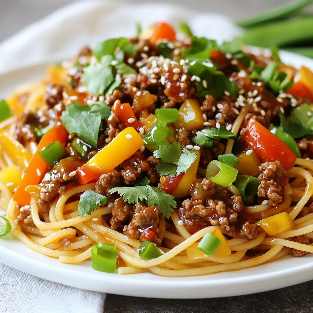 To make Asian Style Ground Beef Spaghetti, gather these ingredients: - 8 oz spaghetti noodles - 1 lb ground beef - 1 tablespoon sesame oil - 3 cloves garlic, minced - 1 inch ginger, grated - 1/4 cup soy sauce - 2 tablespoons hoisin sauce - 1 tablespoon sriracha (adjust to taste) - 1 red bell pepper, thinly sliced - 1 cup snap peas, trimmed - 4 green onions, sliced - Sesame seeds for garnish - Fresh cilantro for garnish Each ingredient plays a key role. Spaghetti noodles give the dish its base. Ground beef adds protein and flavor. Sesame oil brings a nutty taste. Garlic and ginger provide a fragrant kick. Soy sauce and hoisin sauce add depth. Sriracha adds heat, while the vegetables add color and crunch. Green onions, sesame seeds, and cilantro make for a beautiful finish. This mix creates a dish that is both tasty and fun to make! {{ingredient_image_1}} 1. Start by bringing a large pot of salted water to a boil. 2. Once boiling, add 8 oz of spaghetti noodles. 3. Cook the noodles according to the package instructions until they are al dente. 4. Drain the noodles and set them aside. 1. In a large skillet or wok, heat 1 tablespoon of sesame oil over medium-high heat. 2. Add 3 cloves of minced garlic and 1 inch of grated ginger. 3. Sauté them for about 30 seconds until they smell great. 1. Next, add 1 lb of ground beef to the skillet. 2. Break the beef apart with a spatula as it cooks. 3. Cook it until fully browned and no longer pink, about 5-7 minutes. 4. If there is excess fat, drain it off. 1. Stir in 1/4 cup of soy sauce, 2 tablespoons of hoisin sauce, and 1 tablespoon of sriracha. 2. Mix well until the beef is coated in the sauce. 3. Add 1 thinly sliced red bell pepper and 1 cup of trimmed snap peas. 4. Stir-fry for about 3-4 minutes until the veggies are tender but still crisp. 1. Now, add the cooked spaghetti noodles to the skillet. 2. Toss everything together gently for about 2 minutes until heated through. 1. Remove the skillet from heat. 2. Top the dish with sliced green onions, sesame seeds, and fresh cilantro. 3. Serve immediately and enjoy your meal! To make your Asian style ground beef spaghetti shine, spice is key. Sriracha adds heat and depth. Start with one tablespoon. Taste, then add more if you like it spicier. This lets you control the flavor. Using fresh ingredients makes a big difference. Fresh garlic and ginger boost taste. Use vibrant vegetables like red bell peppers and snap peas. They add crunch and color to the dish. A wok works better than a skillet for this dish. It heats quickly and cooks food evenly. The high sides help toss ingredients without spills. If you don’t have a wok, a large skillet will do. When stir-frying, keep the heat high. This helps veggies stay crisp. Add them in stages. Start with tougher vegetables like bell peppers, then add snap peas last. This way, everything cooks just right. This dish pairs well with simple sides. Serve it with a light salad or steamed rice. Both balance the bold flavors. Leftovers store well in the fridge. Use an airtight container for freshness. Enjoy them within three days for best taste. Pro Tips Use Fresh Ingredients: Fresh vegetables and herbs will enhance the flavor of your dish significantly. Try to incorporate fresh ginger and garlic for the best results. Control the Heat: Adjust the amount of sriracha based on your heat preference. Start with less and add more if you like it spicier. Cook Noodles Al Dente: Cooking the spaghetti until al dente will ensure that they hold their shape and texture when mixed with the beef and sauce. Garnish for Flavor: Don't skip the garnish! Fresh cilantro and green onions add a burst of freshness that complements the savory flavors of the dish. {{image_2}} You can switch up the meat in this dish. Ground chicken or turkey works great. They are lighter but still tasty. For a vegetarian or vegan option, try crumbled tofu or tempeh. These options soak up flavor well and keep the dish satisfying. Feel free to add seasonal vegetables. Broccoli or zucchini can add color and nutrition. You can also switch up garnishes. Try chopped peanuts or fresh basil for new tastes. These simple changes can make the dish feel fresh and exciting. For a deeper flavor, add oyster sauce or fish sauce. They give a nice umami taste that enhances the meal. If you need gluten-free options, use tamari instead of soy sauce. This keeps the dish safe for those with gluten issues while keeping the flavor intact. To store leftovers, let the dish cool before packing it. Place the spaghetti in an airtight container. This keeps it fresh for up to three days. If you plan to use it later, separate the noodles from the beef and sauce. This helps keep everything tasty. Use glass or BPA-free plastic containers for best results. You can freeze portions for future meals. Divide the spaghetti into single servings. Place each in a freezer-safe container or bag. Label them with the date for easy tracking. This dish will last up to three months in the freezer. When ready to eat, thaw it overnight in the fridge. To reheat, warm it in a pan over low heat. You can also use the microwave for a quick meal. Add a splash of water to keep it moist when reheating. You can easily change some ingredients in this dish. Here are a few ideas: - Use whole wheat spaghetti instead of regular noodles for added fiber. - Swap ground beef for ground turkey or chicken for a leaner option. - Sesame oil can be replaced with olive oil if needed. - If you don't have hoisin sauce, try using teriyaki sauce as a substitute. - For a vegetarian twist, use tofu or tempeh in place of meat. To reduce spiciness, simply cut back on the sriracha. You can also: - Omit the sriracha completely for a milder flavor. - Add more soy sauce or hoisin sauce to balance the heat. - Mix in a little sugar or honey to counteract spice. - Use bell peppers or carrots for sweetness without heat. Yes, you can make this dish ahead of time. Here’s how: - Cook the spaghetti and beef mixture separately, then cool them. - Store them in airtight containers in the fridge for up to three days. - When ready to eat, simply reheat on the stove. Stir well to combine. - You may want to add a splash of soy sauce when reheating for added moisture. Absolutely! To make this dish gluten-free, follow these tips: - Use gluten-free spaghetti or rice noodles instead of regular pasta. - Check that your soy sauce is gluten-free; many brands offer this option. - Hoisin sauce can also be found in gluten-free versions. - Always read labels to ensure all ingredients meet gluten-free standards. This dish packs many healthy benefits, such as: - Ground beef provides protein, vital for muscle growth and repair. - Spaghetti offers carbohydrates for energy, especially if you choose whole grain. - Vegetables like snap peas and bell peppers provide fiber, vitamins, and minerals. - Garlic and ginger add health benefits and flavor without extra calories. - Fresh herbs like cilantro improve taste and offer antioxidants. This blog post covered how to make a delicious spaghetti dish with ground beef. We explored the key ingredients, step-by-step cooking methods, and smart tips for the best flavor. I shared ways to adjust spice and how to store leftovers properly. Now you have the tools to customize this recipe, whether it's for a quick weeknight meal or a creative twist. Enjoy your cooking and make this dish your own!