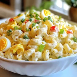 - 2 cups elbow macaroni - 4 large eggs - 1/2 cup mayonnaise - 2 tablespoons Dijon mustard - 1 tablespoon apple cider vinegar - 1 teaspoon garlic powder - 1 teaspoon onion powder - 1/4 cup green onions, sliced - 1/4 cup sweet pickle relish - 1/2 cup celery, diced - 1/4 cup red bell pepper, diced - Salt and pepper to taste This creamy deviled egg macaroni salad starts with elbow macaroni. You’ll need two cups of it. Cook the macaroni until it is al dente. This keeps it firm and adds a nice bite. Next, you need four large eggs. These should be hard-boiled and chopped. The eggs add a rich flavor that makes the salad creamy. For the dressing, use 1/2 cup mayonnaise. This gives the salad a smooth texture. Add two tablespoons of Dijon mustard. It adds a touch of tanginess. A tablespoon of apple cider vinegar brightens the flavors. To enhance the taste, use garlic powder and onion powder. Just a teaspoon of each will do. They add depth without overpowering the dish. Then, for crunch and color, add a mix of fresh veggies. I like to use 1/4 cup of sliced green onions, 1/4 cup of sweet pickle relish, 1/2 cup of diced celery, and 1/4 cup of diced red bell pepper. These ingredients add freshness and a pop of color. Lastly, season with salt and pepper to taste. This ensures all the flavors shine through in your creamy deviled egg macaroni salad. {{ingredient_image_1}} - Boil the pasta: Start with a large pot of water. Add salt and bring it to a boil. Add 2 cups of elbow macaroni. Cook until al dente, following the package instructions. - Drain and rinse: Once the pasta is cooked, drain it in a colander. Rinse the pasta under cold water. This stops the cooking and keeps it firm. - Boil and simmer eggs: Take 4 large eggs and place them in a medium saucepan. Cover the eggs with cold water. Bring to a boil over medium heat. Once boiling, cover the pot and remove it from heat. Let it sit for 12 minutes. - Transfer to an ice bath: After 12 minutes, carefully move the eggs to an ice bath. This cools them quickly and makes peeling easier. - Chop the eggs: Once the eggs are cool, peel them. Chop the hard-boiled eggs into small pieces and set aside. - Combine mayonnaise and seasonings: In a large bowl, mix together 1/2 cup mayonnaise, 2 tablespoons Dijon mustard, and 1 tablespoon apple cider vinegar. - Mix until smooth: Add 1 teaspoon garlic powder, 1 teaspoon onion powder, salt, and pepper to taste. Stir until the mixture is creamy and well blended. - Add ingredients to the dressing: To the dressing, add the cooked macaroni, chopped hard-boiled eggs, 1/4 cup sliced green onions, 1/4 cup sweet pickle relish, 1/2 cup diced celery, and 1/4 cup diced red bell pepper. - Gently fold everything together: Use a spatula to gently fold the ingredients. Make sure everything is coated with the dressing without breaking the pasta or eggs. - Chill the salad before serving: Cover the bowl with plastic wrap. Place it in the refrigerator for at least 30 minutes. This helps the flavors blend well. - Adjust seasoning as needed: Before serving, taste the salad. Adjust the salt and pepper if needed for more flavor. Garnish with extra sliced eggs or green onions if desired. Cooking pasta to al dente is vital. Al dente means the pasta is firm but not hard. This keeps it from getting mushy in your salad. Follow the package instructions closely. Drain the pasta and rinse it under cold water. This stops the cooking and keeps it firm. For the eggs, start with fresh ones. Fresh eggs are easier to peel. Place them in cold water and bring it to a boil. Once boiling, cover the pot and take it off the heat. Let the eggs sit for 12 minutes, then cool them in an ice bath. This makes peeling simple. Chop the eggs into bite-sized pieces. The right mustard makes all the difference. I recommend Dijon mustard for its tangy taste. It adds depth to the dressing. You can also try other mustards for variety. If you love spice, add more garlic or onion powder. A pinch of cayenne can also boost the flavor. Presentation is key for any dish. Garnishing with extra slices of eggs adds charm. Fresh herbs like parsley or chives also work well. They bring color and freshness to the dish. Using colorful vegetables makes the salad pop. Diced red bell pepper and green onions add vibrancy. You can even add peas or carrots for extra color and crunch. A well-presented salad is more inviting and appetizing. Pro Tips Perfect Pasta: Make sure to cook the macaroni al dente, as it will continue to absorb moisture from the dressing while it chills. Eggs Done Right: For perfectly hard-boiled eggs, use the ice bath method to stop the cooking process and make peeling easier. Customize Your Crunch: Add in other crunchy vegetables like bell peppers or cucumber for added texture and freshness. Flavor Infusion: Let the macaroni salad chill for at least 30 minutes, as this helps all the flavors meld together beautifully. {{image_2}} You can boost the protein in this salad with a few simple changes. Diced ham or chicken adds a savory twist. This makes the dish heartier and perfect for lunch. You can also add crispy bacon for a smoky flavor. Bacon bits bring a nice crunch and richness. If you want a vegetarian salad, consider substituting the eggs. You could use tofu or chickpeas for protein. Adding more veggies can also enhance flavors and colors. Try diced cucumbers, peas, or even shredded carrots for a fresh taste. To make a lighter salad, swap Greek yogurt for mayonnaise. This keeps it creamy without all the calories. You can also reduce the amount of pasta. Use less elbow macaroni and add more veggies. This keeps the taste while lowering the calories. - Use an airtight container for storage. - Store in the fridge for up to three days. Creamy Deviled Egg Macaroni Salad tastes best when fresh, but you can save leftovers. An airtight container helps keep it fresh and tasty. After making it, let it cool down. Then, put it in the fridge. The salad will stay good for about three days. - Yes, you can freeze pasta salad. - Freeze in a safe container for up to three months. If you want to freeze it, use a freezer-safe container. This salad can last up to three months in the freezer. When you want to eat it again, move it to the fridge overnight. Let it thaw slowly for the best taste. - Serve cold after storage. - Pair with grilled chicken or fresh veggies. After storing, serve the salad cold for the best flavor. It goes great with grilled chicken or fresh veggies. You can also enjoy it with a side of fruit for a fun meal. Try adding some extra green onions or pickles on top for a tasty touch. You can use Greek yogurt as a great swap for mayonnaise. It adds creaminess and tang. Another option is avocado, which gives a rich taste. If you want a lighter salad, try using hummus. Each option brings its own flavor twist. You can store this salad in the fridge for up to three days. Make sure to keep it in an airtight container. After that, the flavors may fade, and the texture could change. Always check for freshness before enjoying leftovers. Yes, you can make this salad a day in advance. This allows the flavors to blend and get even tastier. Just remember to store it in the fridge. Before serving, give it a quick stir to refresh the ingredients. To peel hard-boiled eggs easily, cool them quickly in an ice bath. Let them sit in cold water for a few minutes. Then, gently tap the egg on a hard surface. Roll it lightly to crack the shell and peel it under running water for the best results. Absolutely! Whole grain pasta works well in this recipe. It adds a nutty flavor and makes the salad a bit healthier. Just cook it according to the package instructions and let it cool before mixing. This way, you keep the taste and texture just right. In this article, we explored how to make a delicious Creamy Deviled Egg Macaroni Salad. From gathering ingredients like elbow macaroni and hard-boiled eggs to mixing in flavorful dressings, each step is key. You learned tips for perfecting texture and enhancing flavor, plus fun serving ideas. Whether you want to add protein or reduce calories, there are options to suit your taste. Enjoy making this salad, and make it your own!
