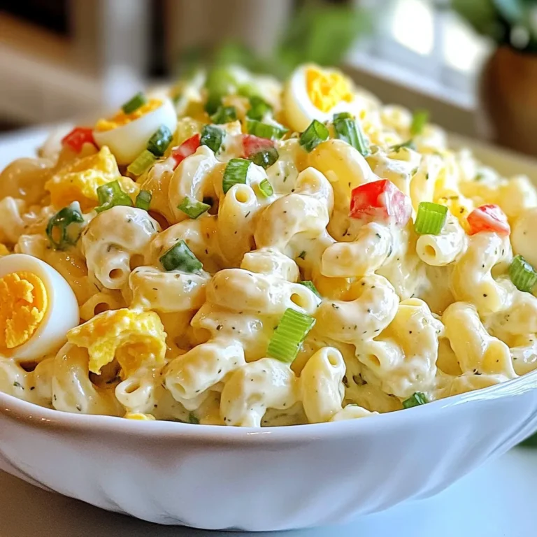 - 2 cups elbow macaroni - 4 large eggs - 1/2 cup mayonnaise - 2 tablespoons Dijon mustard - 1 tablespoon apple cider vinegar - 1 teaspoon garlic powder - 1 teaspoon onion powder - 1/4 cup green onions, sliced - 1/4 cup sweet pickle relish - 1/2 cup celery, diced - 1/4 cup red bell pepper, diced - Salt and pepper to taste This creamy deviled egg macaroni salad starts with elbow macaroni. You’ll need two cups of it. Cook the macaroni until it is al dente. This keeps it firm and adds a nice bite. Next, you need four large eggs. These should be hard-boiled and chopped. The eggs add a rich flavor that makes the salad creamy. For the dressing, use 1/2 cup mayonnaise. This gives the salad a smooth texture. Add two tablespoons of Dijon mustard. It adds a touch of tanginess. A tablespoon of apple cider vinegar brightens the flavors. To enhance the taste, use garlic powder and onion powder. Just a teaspoon of each will do. They add depth without overpowering the dish. Then, for crunch and color, add a mix of fresh veggies. I like to use 1/4 cup of sliced green onions, 1/4 cup of sweet pickle relish, 1/2 cup of diced celery, and 1/4 cup of diced red bell pepper. These ingredients add freshness and a pop of color. Lastly, season with salt and pepper to taste. This ensures all the flavors shine through in your creamy deviled egg macaroni salad. {{ingredient_image_1}} - Boil the pasta: Start with a large pot of water. Add salt and bring it to a boil. Add 2 cups of elbow macaroni. Cook until al dente, following the package instructions. - Drain and rinse: Once the pasta is cooked, drain it in a colander. Rinse the pasta under cold water. This stops the cooking and keeps it firm. - Boil and simmer eggs: Take 4 large eggs and place them in a medium saucepan. Cover the eggs with cold water. Bring to a boil over medium heat. Once boiling, cover the pot and remove it from heat. Let it sit for 12 minutes. - Transfer to an ice bath: After 12 minutes, carefully move the eggs to an ice bath. This cools them quickly and makes peeling easier. - Chop the eggs: Once the eggs are cool, peel them. Chop the hard-boiled eggs into small pieces and set aside. - Combine mayonnaise and seasonings: In a large bowl, mix together 1/2 cup mayonnaise, 2 tablespoons Dijon mustard, and 1 tablespoon apple cider vinegar. - Mix until smooth: Add 1 teaspoon garlic powder, 1 teaspoon onion powder, salt, and pepper to taste. Stir until the mixture is creamy and well blended. - Add ingredients to the dressing: To the dressing, add the cooked macaroni, chopped hard-boiled eggs, 1/4 cup sliced green onions, 1/4 cup sweet pickle relish, 1/2 cup diced celery, and 1/4 cup diced red bell pepper. - Gently fold everything together: Use a spatula to gently fold the ingredients. Make sure everything is coated with the dressing without breaking the pasta or eggs. - Chill the salad before serving: Cover the bowl with plastic wrap. Place it in the refrigerator for at least 30 minutes. This helps the flavors blend well. - Adjust seasoning as needed: Before serving, taste the salad. Adjust the salt and pepper if needed for more flavor. Garnish with extra sliced eggs or green onions if desired. Cooking pasta to al dente is vital. Al dente means the pasta is firm but not hard. This keeps it from getting mushy in your salad. Follow the package instructions closely. Drain the pasta and rinse it under cold water. This stops the cooking and keeps it firm. For the eggs, start with fresh ones. Fresh eggs are easier to peel. Place them in cold water and bring it to a boil. Once boiling, cover the pot and take it off the heat. Let the eggs sit for 12 minutes, then cool them in an ice bath. This makes peeling simple. Chop the eggs into bite-sized pieces. The right mustard makes all the difference. I recommend Dijon mustard for its tangy taste. It adds depth to the dressing. You can also try other mustards for variety. If you love spice, add more garlic or onion powder. A pinch of cayenne can also boost the flavor. Presentation is key for any dish. Garnishing with extra slices of eggs adds charm. Fresh herbs like parsley or chives also work well. They bring color and freshness to the dish. Using colorful vegetables makes the salad pop. Diced red bell pepper and green onions add vibrancy. You can even add peas or carrots for extra color and crunch. A well-presented salad is more inviting and appetizing. Pro Tips Perfect Pasta: Make sure to cook the macaroni al dente, as it will continue to absorb moisture from the dressing while it chills. Eggs Done Right: For perfectly hard-boiled eggs, use the ice bath method to stop the cooking process and make peeling easier. Customize Your Crunch: Add in other crunchy vegetables like bell peppers or cucumber for added texture and freshness. Flavor Infusion: Let the macaroni salad chill for at least 30 minutes, as this helps all the flavors meld together beautifully. {{image_2}} You can boost the protein in this salad with a few simple changes. Diced ham or chicken adds a savory twist. This makes the dish heartier and perfect for lunch. You can also add crispy bacon for a smoky flavor. Bacon bits bring a nice crunch and richness. If you want a vegetarian salad, consider substituting the eggs. You could use tofu or chickpeas for protein. Adding more veggies can also enhance flavors and colors. Try diced cucumbers, peas, or even shredded carrots for a fresh taste. To make a lighter salad, swap Greek yogurt for mayonnaise. This keeps it creamy without all the calories. You can also reduce the amount of pasta. Use less elbow macaroni and add more veggies. This keeps the taste while lowering the calories. - Use an airtight container for storage. - Store in the fridge for up to three days. Creamy Deviled Egg Macaroni Salad tastes best when fresh, but you can save leftovers. An airtight container helps keep it fresh and tasty. After making it, let it cool down. Then, put it in the fridge. The salad will stay good for about three days. - Yes, you can freeze pasta salad. - Freeze in a safe container for up to three months. If you want to freeze it, use a freezer-safe container. This salad can last up to three months in the freezer. When you want to eat it again, move it to the fridge overnight. Let it thaw slowly for the best taste. - Serve cold after storage. - Pair with grilled chicken or fresh veggies. After storing, serve the salad cold for the best flavor. It goes great with grilled chicken or fresh veggies. You can also enjoy it with a side of fruit for a fun meal. Try adding some extra green onions or pickles on top for a tasty touch. You can use Greek yogurt as a great swap for mayonnaise. It adds creaminess and tang. Another option is avocado, which gives a rich taste. If you want a lighter salad, try using hummus. Each option brings its own flavor twist. You can store this salad in the fridge for up to three days. Make sure to keep it in an airtight container. After that, the flavors may fade, and the texture could change. Always check for freshness before enjoying leftovers. Yes, you can make this salad a day in advance. This allows the flavors to blend and get even tastier. Just remember to store it in the fridge. Before serving, give it a quick stir to refresh the ingredients. To peel hard-boiled eggs easily, cool them quickly in an ice bath. Let them sit in cold water for a few minutes. Then, gently tap the egg on a hard surface. Roll it lightly to crack the shell and peel it under running water for the best results. Absolutely! Whole grain pasta works well in this recipe. It adds a nutty flavor and makes the salad a bit healthier. Just cook it according to the package instructions and let it cool before mixing. This way, you keep the taste and texture just right. In this article, we explored how to make a delicious Creamy Deviled Egg Macaroni Salad. From gathering ingredients like elbow macaroni and hard-boiled eggs to mixing in flavorful dressings, each step is key. You learned tips for perfecting texture and enhancing flavor, plus fun serving ideas. Whether you want to add protein or reduce calories, there are options to suit your taste. Enjoy making this salad, and make it your own!