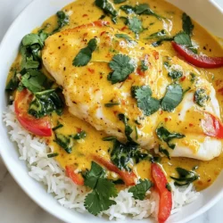 To make Coconut Curry Baked Cod, you need the following: - 4 cod fillets - 1 can (13.5 oz) coconut milk - 2 tablespoons red curry paste - 1 tablespoon soy sauce - 1 tablespoon brown sugar - 1 teaspoon ginger, grated - 2 cloves garlic, minced - 1 cup spinach, chopped - 1 red bell pepper, sliced - 1 tablespoon lime juice - Fresh cilantro, for garnish - Salt and pepper to taste These simple ingredients come together to make a tasty dish. If you don’t have some ingredients, you can make easy swaps: - Cod fillets: Use salmon or tilapia instead. - Coconut milk: Almond milk or whole cream can work, but flavor may change. - Red curry paste: Try yellow or green curry paste if you prefer. - Brown sugar: Honey or maple syrup can be good substitutes. - Spinach: Kale or Swiss chard can replace spinach. These swaps can keep the dish tasty and fresh. When buying cod, look for these signs to ensure freshness: - Smell: Fresh cod should smell like the sea, not fishy. - Color: The fillets should be bright white or cream. - Texture: Press lightly; it should be firm and spring back. - Eyes: If buying whole fish, clear eyes indicate freshness. Choosing fresh cod makes a big difference in flavor and texture. {{ingredient_image_1}} First, set your oven to 400°F (200°C). This will make sure your cod cooks evenly. While the oven heats up, grab a baking dish and grease it lightly. This helps prevent the cod from sticking. A non-stick spray or a little oil works well. Make sure the dish is big enough for the cod fillets and vegetables. In a medium bowl, mix the sauce. Start with one can of coconut milk. Add two tablespoons of red curry paste. This paste gives the dish its rich flavor. Next, stir in one tablespoon of soy sauce and one tablespoon of brown sugar. The sugar balances the spice. Grate one teaspoon of ginger and add it in. Then, add two minced garlic cloves. Whisk all these ingredients together until smooth. This will be the tasty sauce for the cod. Once your sauce is ready, season the cod fillets with salt and pepper. Place them in the greased baking dish. Pour the coconut curry sauce over the cod, making sure to coat each piece well. Now, it's time for the veggies! Add one cup of chopped spinach and one sliced red bell pepper around the cod. Drizzle one tablespoon of lime juice over everything. This adds a nice zing. Cover the dish with aluminum foil and bake for 20 minutes. After that, take off the foil and bake for another 10 minutes. The cod should be cooked through and flake easily with a fork. When it's done, let it rest for a couple of minutes. Garnish with fresh cilantro before serving. Enjoy your meal! To get perfectly flaky cod, start with fresh fillets. Look for fish that smells clean and looks moist. When cooking, do not overbake. Cod will flake easily when it reaches 145°F (63°C). A fork should easily separate the fish. Baking it covered helps keep moisture in. Remove the foil in the last few minutes to brown the top. If you like it spicy, add more red curry paste. For a milder flavor, use less. You can also mix in some coconut sugar to balance heat. Another option is to add more coconut milk. This will tone down the spice. Always taste your sauce before pouring it over the cod. Adjust until it is just right for you. Serve your coconut curry baked cod over jasmine rice or quinoa. The rice will soak up the delicious sauce. You can also add steamed broccoli or snap peas for color. A sprinkle of fresh cilantro brightens the dish. Lime wedges give an extra kick when squeezed on top. Enjoy your meal with a light salad for a fresh crunch. Pro Tips Use Fresh Ingredients: Fresh cod fillets and vibrant vegetables will enhance the flavor and nutrition of your dish. Adjust Spice Levels: If you prefer a milder curry, reduce the amount of red curry paste, or add a bit of coconut milk to tone it down. Experiment with Vegetables: Feel free to add other vegetables like zucchini or snap peas for added texture and color. Perfectly Flaky Cod: Be careful not to overbake the cod; it should be tender and flake easily when done. {{image_2}} You can switch cod for salmon or tofu. Salmon has a rich flavor and cooks well in the curry. It pairs nicely with coconut and spices. Just use the same cooking time. For a plant-based option, tofu works great too. Press and cube firm tofu before adding it to the dish. It will soak up the sauce and add texture. Feel free to add more veggies for extra flavor. Broccoli, carrots, or snap peas can enhance the dish. You can even add sweet potatoes for a hearty option. Just chop them into small pieces so they cook well. Mix them with the spinach and bell pepper. This gives you a colorful and delicious meal. Herbs and spices can take your dish to the next level. Fresh basil or mint can add a nice touch. A squeeze of lime brightens the flavors too. You might also try adding turmeric for a warm color and taste. If you like heat, a pinch of red chili flakes can spice things up. Experiment to find your favorite combinations! After you enjoy your Coconut Curry Baked Cod, cool it down first. Store leftovers in an airtight container. This keeps the fish fresh longer. Place the container in your fridge. It will last for about three days. Be sure to label it with the date. This helps you remember when you made it. If you want to save some for later, freezing is a great option. Let the cod cool completely before freezing. Wrap it tightly in plastic wrap or foil. Then, place it in a freezer bag. Remove as much air as you can. This helps prevent freezer burn. You can freeze it for up to three months. When you’re ready to eat, thaw it in the fridge overnight. Reheating is easy. For best results, use the oven. Preheat it to 350°F (175°C). Place the cod in a baking dish. Add a splash of coconut milk to keep it moist. Cover it with foil to prevent drying. Heat for about 15-20 minutes. You can also use a microwave. Place it on a microwave-safe plate. Heat in short bursts, checking frequently. Enjoy your flavorful leftovers! Yes, you can use other types of fish. Salmon, tilapia, or halibut work well. These fish will soak up the curry flavor nicely. Just remember to adjust cooking times based on thickness. Thicker fish may need more time, while thinner ones cook faster. You can serve this dish with rice or quinoa. Steamed jasmine rice pairs beautifully with the creamy sauce. You can also add a side of stir-fried vegetables for extra crunch. Fresh lime wedges and cilantro on top will brighten the meal. Yes, this recipe is great for meal prep. You can cook it ahead of time and store it in the fridge. Just keep the cod and vegetables in a sealed container. When you're ready to eat, reheat it gently in the microwave or oven. This dish stays tasty and full of flavor for a few days. This blog post covered all you need to know to make coconut curry baked cod. We discussed the key ingredients, helpful substitutions, and tips for selecting fresh cod. You learned the steps to prepare the dish, tips for perfect results, tasty variations, and best storage methods. Remember, you can use other fish or add your favorite veggies. With this guide, you can create a delicious meal every time. Enjoy experimenting and making it your own!