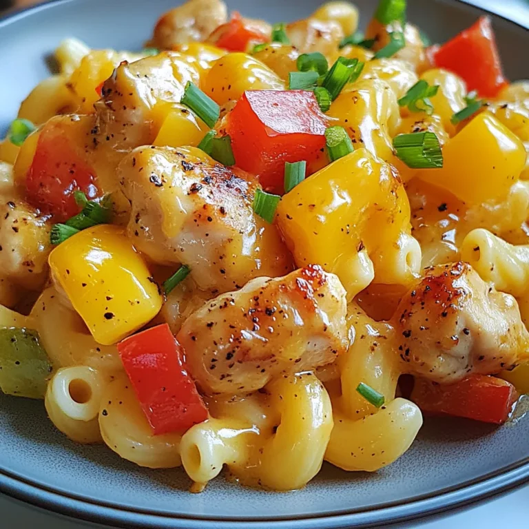 For Honey Pepper Chicken Mac, gather these ingredients: - 2 cups elbow macaroni - 1 lb boneless, skinless chicken thighs, diced - 1/4 cup honey - 1 tablespoon freshly cracked black pepper - 1 teaspoon garlic powder - 1 teaspoon onion powder - 1 tablespoon soy sauce - 1/4 cup bell peppers, diced (red and yellow) - 1/4 cup green onions, sliced - 1 cup shredded cheddar cheese - 1 tablespoon olive oil - Salt to taste You can swap some ingredients for similar ones. Here are some ideas: - Use chicken breast instead of thighs for a leaner option. - Maple syrup can replace honey if you want a different sweet flavor. - If you donβt have elbow macaroni, penne or rotini also work well. - Low-sodium soy sauce is a great option for less salt. Selecting good ingredients is key for great flavor. Here are tips to help you: - Choose chicken that is firm and pink. Avoid any that looks gray or slimy. - Pick fresh bell peppers that are bright and firm. Check for blemishes. - Look for honey that is pure and raw. It has more flavor than processed honey. - For cheese, select blocks of cheddar to shred yourself. Pre-shredded cheese often has additives. This dish shines with fresh, quality ingredients. Happy cooking! {{ingredient_image_1}} Start by boiling a large pot of salted water. The salt helps give the pasta flavor. Once the water is boiling, add 2 cups of elbow macaroni. Cook it according to the package instructions, usually around 8-10 minutes. Stir the pasta a few times to prevent sticking. When it's done, drain the pasta in a colander. Set it aside while you prepare the chicken. In a large mixing bowl, add 1 pound of diced boneless, skinless chicken thighs. Next, pour in 1/4 cup of honey and 1 tablespoon of freshly cracked black pepper. Then, sprinkle in 1 teaspoon of garlic powder and 1 teaspoon of onion powder. Add 1 tablespoon of soy sauce for a savory touch. Use a spoon or spatula to mix everything. Make sure the chicken is well-coated in the marinade. Let it sit for a few minutes. This helps the flavors soak in. Heat 1 tablespoon of olive oil in a large skillet over medium heat. Once the oil is hot, add the marinated chicken to the skillet. Cook it for about 6-8 minutes. Stir occasionally so it cooks evenly. When the chicken is cooked through and slightly caramelized, toss in 1/4 cup of diced bell peppers. SautΓ© the mixture for another 2-3 minutes until the peppers soften a bit. Now, add the cooked macaroni to the skillet. Mix everything well until the pasta is heated through. Finally, remove the skillet from heat. Stir in 1 cup of shredded cheddar cheese until it melts and becomes creamy. If needed, sprinkle some salt to taste. Enjoy your delicious Honey Pepper Chicken Mac! To get the best chicken, use boneless, skinless thighs. They stay juicy and tender. Before cooking, marinate the chicken well. The honey and spices add flavor. Cook it over medium heat for even browning. This helps lock in moisture. Stir occasionally to avoid sticking. The chicken should take about 6-8 minutes to cook fully. Seasonings make a big difference in taste. Use freshly cracked black pepper for a bold kick. Garlic powder and onion powder add depth to your dish. Soy sauce brings a savory touch. Don't forget to taste as you cook. Adjust the salt to fit your preference. Adding bell peppers gives a sweet crunch too. For a creamy texture, choose good-quality cheddar cheese. Shred it yourself for the best melt. After removing the skillet from heat, stir in the cheese slowly. This helps it melt smoothly. Mix until it coats the pasta evenly. If the cheese clumps, add a splash of milk to help it blend. Enjoy the cheesy goodness! Pro Tips Marinate for More Flavor: Allow the chicken to marinate in the honey and spices for at least 30 minutes before cooking. This enhances the flavor and tenderness of the chicken. Cheese Choices: Experiment with different types of cheese like Monterey Jack or Pepper Jack for a unique twist on the traditional cheddar flavor. Perfect Pasta Cooking: Make sure to cook your pasta al dente. This ensures that the pasta holds its shape and texture when combined with the sauce. Veggie Variations: Feel free to add other vegetables such as broccoli or spinach for added nutrition and flavor. Just sautΓ© them along with the bell peppers. {{image_2}} You can easily add more veggies to your Honey Pepper Chicken Mac. This not only boosts flavor but also adds nutrients. Try these options: - Broccoli: Cut into small florets. Steam them first, then add during the last few minutes of cooking. - Spinach: Toss in fresh spinach at the end. It wilts quickly and adds a nice touch. - Carrots: Shred or dice them small. SautΓ© them with the bell peppers for extra crunch. These veggie additions make the dish colorful and fun! If you want a different protein, you have choices. Here are a few ideas: - Shrimp: Cook them for about 3-4 minutes. They cook fast and pair well with honey. - Tofu: Use firm tofu. Press it to remove water, then sautΓ© until golden brown. - Ground turkey: Swap the chicken with ground turkey. Cook it until browned and crumbly. Each option offers a unique taste and texture. For a gluten-free version, you can easily swap out ingredients. Use gluten-free pasta instead of regular macaroni. Here are some additional tips: - Soy Sauce: Find gluten-free soy sauce or tamari to keep the flavor. - Cheese: Most cheeses are gluten-free, but always check the label. - Seasonings: Ensure that any seasoning mixes are gluten-free. These swaps make the dish safe for those with gluten sensitivities while still delicious! To keep your Honey Pepper Chicken Mac fresh, store it in an airtight container. Make sure to let it cool first. This helps keep the flavors strong. You can keep it in the fridge for up to three days. If you want to store it longer, freezing is a great option. Reheating is simple. You can use a microwave or a stovetop. For the microwave, place a portion in a bowl and heat for 1-2 minutes. Stir halfway to heat evenly. If using the stovetop, add a splash of water or broth in a pan over low heat. Stir often until hot. This keeps the dish creamy and tasty. If you want to freeze your Honey Pepper Chicken Mac, pack it in a freezer-safe container. Leave some space at the top, as it will expand. It can last up to three months in the freezer. When ready to eat, thaw it in the fridge overnight. Then reheat it as mentioned above. Enjoy your tasty meal later! Yes, you can use any pasta you like. Try penne, fusilli, or rotini. These shapes hold sauce well and add fun textures. Just make sure to adjust cooking times based on the pasta type. For example, whole wheat pasta may take longer to cook. To reduce the spice, cut back on black pepper. You can also skip the pepper altogether. Instead, use mild herbs like basil or parsley for flavor. Another option is to add a splash of cream to cool it down. This will make the dish creamy and delicious. Honey Pepper Chicken Mac pairs well with a simple salad. A green salad with a light vinaigrette works nicely. You could also serve it with garlic bread for extra comfort. For a drink, try iced tea or lemonade to balance the flavors. In this post, we covered the best ingredients, cooking steps, and helpful tips for your meal. Understanding ingredient choices, cooking methods, and variations can elevate your dish. You have simple ways to make adjustments for preference or diet. Remember to store leftovers properly to enjoy later. Cooking can be fun and easy with the right approach. Dive in and enjoy your culinary journey!