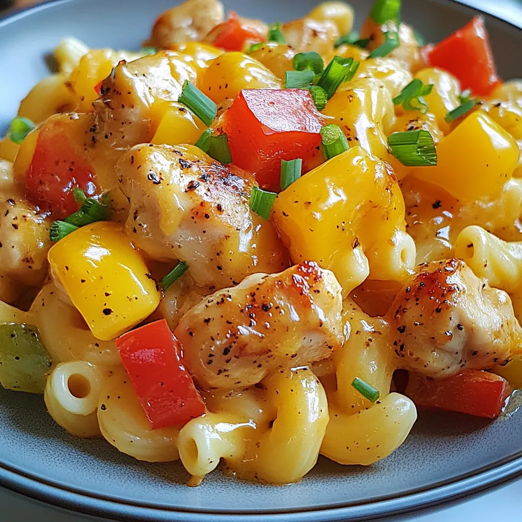For Honey Pepper Chicken Mac, gather these ingredients: - 2 cups elbow macaroni - 1 lb boneless, skinless chicken thighs, diced - 1/4 cup honey - 1 tablespoon freshly cracked black pepper - 1 teaspoon garlic powder - 1 teaspoon onion powder - 1 tablespoon soy sauce - 1/4 cup bell peppers, diced (red and yellow) - 1/4 cup green onions, sliced - 1 cup shredded cheddar cheese - 1 tablespoon olive oil - Salt to taste You can swap some ingredients for similar ones. Here are some ideas: - Use chicken breast instead of thighs for a leaner option. - Maple syrup can replace honey if you want a different sweet flavor. - If you don’t have elbow macaroni, penne or rotini also work well. - Low-sodium soy sauce is a great option for less salt. Selecting good ingredients is key for great flavor. Here are tips to help you: - Choose chicken that is firm and pink. Avoid any that looks gray or slimy. - Pick fresh bell peppers that are bright and firm. Check for blemishes. - Look for honey that is pure and raw. It has more flavor than processed honey. - For cheese, select blocks of cheddar to shred yourself. Pre-shredded cheese often has additives. This dish shines with fresh, quality ingredients. Happy cooking! {{ingredient_image_1}} Start by boiling a large pot of salted water. The salt helps give the pasta flavor. Once the water is boiling, add 2 cups of elbow macaroni. Cook it according to the package instructions, usually around 8-10 minutes. Stir the pasta a few times to prevent sticking. When it's done, drain the pasta in a colander. Set it aside while you prepare the chicken. In a large mixing bowl, add 1 pound of diced boneless, skinless chicken thighs. Next, pour in 1/4 cup of honey and 1 tablespoon of freshly cracked black pepper. Then, sprinkle in 1 teaspoon of garlic powder and 1 teaspoon of onion powder. Add 1 tablespoon of soy sauce for a savory touch. Use a spoon or spatula to mix everything. Make sure the chicken is well-coated in the marinade. Let it sit for a few minutes. This helps the flavors soak in. Heat 1 tablespoon of olive oil in a large skillet over medium heat. Once the oil is hot, add the marinated chicken to the skillet. Cook it for about 6-8 minutes. Stir occasionally so it cooks evenly. When the chicken is cooked through and slightly caramelized, toss in 1/4 cup of diced bell peppers. Sauté the mixture for another 2-3 minutes until the peppers soften a bit. Now, add the cooked macaroni to the skillet. Mix everything well until the pasta is heated through. Finally, remove the skillet from heat. Stir in 1 cup of shredded cheddar cheese until it melts and becomes creamy. If needed, sprinkle some salt to taste. Enjoy your delicious Honey Pepper Chicken Mac! To get the best chicken, use boneless, skinless thighs. They stay juicy and tender. Before cooking, marinate the chicken well. The honey and spices add flavor. Cook it over medium heat for even browning. This helps lock in moisture. Stir occasionally to avoid sticking. The chicken should take about 6-8 minutes to cook fully. Seasonings make a big difference in taste. Use freshly cracked black pepper for a bold kick. Garlic powder and onion powder add depth to your dish. Soy sauce brings a savory touch. Don't forget to taste as you cook. Adjust the salt to fit your preference. Adding bell peppers gives a sweet crunch too. For a creamy texture, choose good-quality cheddar cheese. Shred it yourself for the best melt. After removing the skillet from heat, stir in the cheese slowly. This helps it melt smoothly. Mix until it coats the pasta evenly. If the cheese clumps, add a splash of milk to help it blend. Enjoy the cheesy goodness! Pro Tips Marinate for More Flavor: Allow the chicken to marinate in the honey and spices for at least 30 minutes before cooking. This enhances the flavor and tenderness of the chicken. Cheese Choices: Experiment with different types of cheese like Monterey Jack or Pepper Jack for a unique twist on the traditional cheddar flavor. Perfect Pasta Cooking: Make sure to cook your pasta al dente. This ensures that the pasta holds its shape and texture when combined with the sauce. Veggie Variations: Feel free to add other vegetables such as broccoli or spinach for added nutrition and flavor. Just sauté them along with the bell peppers. {{image_2}} You can easily add more veggies to your Honey Pepper Chicken Mac. This not only boosts flavor but also adds nutrients. Try these options: - Broccoli: Cut into small florets. Steam them first, then add during the last few minutes of cooking. - Spinach: Toss in fresh spinach at the end. It wilts quickly and adds a nice touch. - Carrots: Shred or dice them small. Sauté them with the bell peppers for extra crunch. These veggie additions make the dish colorful and fun! If you want a different protein, you have choices. Here are a few ideas: - Shrimp: Cook them for about 3-4 minutes. They cook fast and pair well with honey. - Tofu: Use firm tofu. Press it to remove water, then sauté until golden brown. - Ground turkey: Swap the chicken with ground turkey. Cook it until browned and crumbly. Each option offers a unique taste and texture. For a gluten-free version, you can easily swap out ingredients. Use gluten-free pasta instead of regular macaroni. Here are some additional tips: - Soy Sauce: Find gluten-free soy sauce or tamari to keep the flavor. - Cheese: Most cheeses are gluten-free, but always check the label. - Seasonings: Ensure that any seasoning mixes are gluten-free. These swaps make the dish safe for those with gluten sensitivities while still delicious! To keep your Honey Pepper Chicken Mac fresh, store it in an airtight container. Make sure to let it cool first. This helps keep the flavors strong. You can keep it in the fridge for up to three days. If you want to store it longer, freezing is a great option. Reheating is simple. You can use a microwave or a stovetop. For the microwave, place a portion in a bowl and heat for 1-2 minutes. Stir halfway to heat evenly. If using the stovetop, add a splash of water or broth in a pan over low heat. Stir often until hot. This keeps the dish creamy and tasty. If you want to freeze your Honey Pepper Chicken Mac, pack it in a freezer-safe container. Leave some space at the top, as it will expand. It can last up to three months in the freezer. When ready to eat, thaw it in the fridge overnight. Then reheat it as mentioned above. Enjoy your tasty meal later! Yes, you can use any pasta you like. Try penne, fusilli, or rotini. These shapes hold sauce well and add fun textures. Just make sure to adjust cooking times based on the pasta type. For example, whole wheat pasta may take longer to cook. To reduce the spice, cut back on black pepper. You can also skip the pepper altogether. Instead, use mild herbs like basil or parsley for flavor. Another option is to add a splash of cream to cool it down. This will make the dish creamy and delicious. Honey Pepper Chicken Mac pairs well with a simple salad. A green salad with a light vinaigrette works nicely. You could also serve it with garlic bread for extra comfort. For a drink, try iced tea or lemonade to balance the flavors. In this post, we covered the best ingredients, cooking steps, and helpful tips for your meal. Understanding ingredient choices, cooking methods, and variations can elevate your dish. You have simple ways to make adjustments for preference or diet. Remember to store leftovers properly to enjoy later. Cooking can be fun and easy with the right approach. Dive in and enjoy your culinary journey!