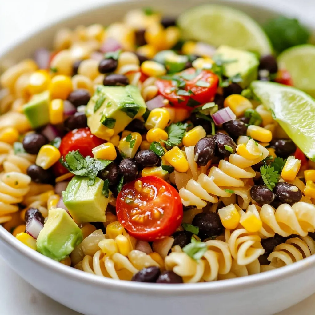 - 8 oz fusilli or rotini pasta - 1 can (15 oz) black beans, rinsed and drained - 1 cup corn kernels (fresh, frozen, or canned) - 1 red bell pepper, diced - 1 small red onion, finely chopped - 1 avocado, diced - 1/2 cup cherry tomatoes, halved - 1/4 cup fresh cilantro, chopped - 3 tablespoons olive oil - 2 tablespoons lime juice - 1 teaspoon cumin - Salt and pepper to taste I find the ingredients for this Black Bean Corn Pasta Salad so colorful and fresh. The main ingredients create a hearty base. You start with 8 oz of fusilli or rotini pasta. This pasta holds on to the dressing well, making every bite tasty. Next, we add a can of black beans. Rinsing them helps remove excess salt and makes them less starchy. A cup of corn adds sweetness and crunch. You can use fresh, frozen, or canned corn, depending on what you have. For extra flavor and color, I love adding a red bell pepper. Diced small, it blends well with the other ingredients. A finely chopped red onion gives a nice bite. Then, you can add a diced avocado for creaminess. The halved cherry tomatoes bring juicy bursts of flavor. Finally, I sprinkle in fresh cilantro, which adds a bright note. The dressing is simple but full of flavor. Three tablespoons of olive oil create a smooth base. Two tablespoons of lime juice add tanginess. One teaspoon of cumin gives warmth and depth. Adjust salt and pepper to your taste to make it perfect. These ingredients come together to create a dish full of texture and flavor. Trust me; it’s a salad you will want to make again and again. {{ingredient_image_1}} To start, bring a large pot of salted water to a boil. Add 8 oz of fusilli or rotini pasta. Cook it until it is al dente, which takes about 8 to 10 minutes. Al dente means the pasta is firm to the bite. Once done, drain the pasta in a colander. Rinse it under cool water to stop the cooking process. This helps keep the pasta from getting mushy. Set the pasta aside while you prepare the other ingredients. Next, grab a small bowl. In this bowl, whisk together 3 tablespoons of olive oil, 2 tablespoons of lime juice, 1 teaspoon of cumin, and salt and pepper to taste. Whisking mixes the flavors well. Make sure the dressing is blended smoothly. The lime juice adds a nice tang, while cumin gives warmth. This dressing is the key to making your salad pop with flavor. Now, it’s time to bring it all together. In a large mixing bowl, combine the cooked pasta, 1 can of black beans (rinsed and drained), 1 cup of corn kernels, 1 diced red bell pepper, 1 finely chopped red onion, 1 diced avocado, 1/2 cup of halved cherry tomatoes, and 1/4 cup of chopped fresh cilantro. Once all the ingredients are in the bowl, pour the dressing over the top. Toss everything gently to coat all ingredients well. This helps every bite taste great. Finally, taste the salad and adjust the seasoning if needed. You can add more salt or pepper to suit your taste. Enjoy creating this fresh and flavorful dish! To make perfect al dente pasta, cook it in salted boiling water. Check the package for time. The pasta should be firm but not hard. Once it’s done, drain it right away. Rinse it under cool water to stop the cooking. This helps keep the pasta just right for your salad. Serve this pasta salad cold or at room temperature. It tastes great either way. For a nice touch, garnish with fresh cilantro on top. You can also add lime wedges on the side. This makes for a simple yet beautiful presentation. Want to add a kick? You can mix in spices like chili powder or smoked paprika. Fresh herbs, like basil or parsley, can also work well. For extra toppings, think about adding diced jalapeños or crumbled feta cheese. These add-ons can bring new flavors and textures to your dish. Pro Tips Cook Pasta Al Dente: Ensure the pasta is cooked just until al dente for the best texture; it will continue to absorb flavors as it sits. Use Fresh Ingredients: Opt for fresh vegetables and herbs when possible to enhance the flavor and nutrition of your salad. Customize Your Dressing: Feel free to adjust the lime juice and cumin levels according to your taste; adding a dash of chili powder can also spice things up! Chill Before Serving: Let the pasta salad chill in the refrigerator for at least 30 minutes before serving to allow the flavors to meld together. {{image_2}} You can switch up the pasta in this dish. Try penne or farfalle for a new shape. You can also use whole wheat pasta for a healthier option. If you want, you can add different vegetables too. Zucchini, carrots, or even red cabbage can add great color and taste. You can mix in chickpeas or kidney beans instead of black beans for a twist. If you need gluten-free options, use gluten-free pasta. Lots of stores sell good gluten-free pasta shapes now. For a vegan dressing, simply use a mix of olive oil and lime juice. You can also add avocado for creaminess without dairy. This keeps the salad fresh and tasty. To kick up the spice, add chopped jalapeños for a Southwest style. They add heat and flavor that pairs well with the beans. If you prefer a Mediterranean twist, try adding feta cheese and olives. Fresh basil or parsley can also brighten the dish. These changes can make it exciting and fun to eat. To store leftovers, place your pasta salad in an airtight container. This keeps it fresh. Always let the salad cool before sealing. You can keep it in the fridge for up to three days. For best results, use glass containers. They help prevent odors and stains. You can freeze the pasta salad for up to three months. First, pack it in a freezer-safe container. Leave a little space at the top for expansion. To thaw, move it to the fridge overnight. Reheat gently in the microwave. Add a splash of olive oil to keep it moist. Most ingredients last well in the fridge. Cooked pasta stays good for about five days. Black beans can last for about three to five days too. Watch for signs of spoilage like off smells or mold. If you see any, it’s best to throw it away. Fresh avocado can brown quickly, so use it within a day or two. Keep an eye on freshness for the best taste. Yes, you can make this salad ahead. To keep it fresh, store it in the fridge. Use an airtight container. This keeps the flavors blended and the veggies crisp. I recommend preparing the salad a day in advance. This allows the flavors to develop. Just add avocado right before serving. This keeps it from browning. Making this salad vegan is simple. For the dressing, skip any dairy. Instead of yogurt or cream, use more lime juice or olive oil. You can also use a store-bought vegan dressing. Look for one that is dairy-free. This way, you keep all the great taste without animal products. This pasta salad pairs well with many dishes. You can serve it with grilled chicken or fish for protein. It also works great as a side with tacos or burritos. If you want something lighter, enjoy it with a fresh fruit salad. The bright flavors complement each other well. This blog post shared a simple and tasty Black Bean Corn Pasta Salad recipe. We discussed the key ingredients, easy steps, and helpful tips for perfect pasta. You learned how to customize the dish with various flavors and dietary options. In conclusion, this salad is not just easy to make, but also fun to share with others. Enjoy trying out your own variations and impressing your friends!