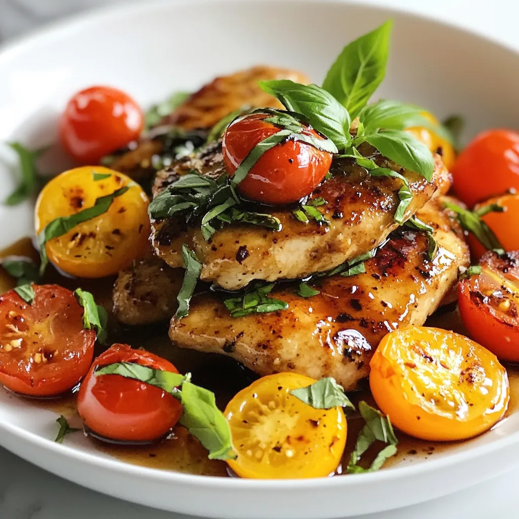 To make my One Pan Balsamic Chicken, gather these ingredients: - 4 boneless, skinless chicken breasts - 1/2 cup balsamic vinegar - 1/4 cup honey - 4 cloves garlic, minced - 1 tablespoon Dijon mustard - 1 teaspoon dried thyme - Salt and pepper to taste - 2 tablespoons olive oil - 2 cups cherry tomatoes, halved - 1 cup fresh basil leaves, for garnish If you need to convert measurements, here are some quick tips: - 1/2 cup is about 120 milliliters. - 1/4 cup equals about 60 milliliters. - 1 tablespoon is about 15 milliliters. - 1 teaspoon converts to about 5 milliliters. Fresh ingredients make this dish shine. Here are some tips: - Choose chicken breasts that feel firm and are pale pink. - Look for balsamic vinegar with a rich aroma and no sediment. - Use honey that is thick and not crystallized. - For garlic, pick firm bulbs with no brown spots. - Select cherry tomatoes that are bright and smooth. - Fresh basil should be vibrant green and not wilted. Following these tips ensures your One Pan Balsamic Chicken is tasty and fresh. {{ingredient_image_1}} To start, I mix the marinade in a medium bowl. I whisk together 1/2 cup balsamic vinegar, 1/4 cup honey, and 4 minced garlic cloves. I also add 1 tablespoon Dijon mustard and 1 teaspoon dried thyme. Don't forget to sprinkle in salt and pepper to taste. This mix creates a sweet and tangy sauce that brings the chicken to life. Next, I place 4 boneless, skinless chicken breasts in a large resealable bag. I pour the marinade over the chicken, sealing the bag tightly. I let the chicken marinate for at least 30 minutes. For a deeper flavor, I might even let it sit for up to 4 hours. Once the chicken is ready, I preheat the oven to 400°F (200°C). In a large oven-safe skillet, I heat 2 tablespoons of olive oil over medium-high heat. When the oil is hot, I take the chicken from the marinade, saving the marinade for later. I place the chicken in the skillet and sear it for about 4-5 minutes on each side. It should turn golden brown and have a nice crust. After searing, I pour the reserved marinade over the chicken. Then, I add 2 cups of halved cherry tomatoes to the skillet. These juicy tomatoes add flavor and color. I transfer the skillet to the preheated oven and bake everything for 20-25 minutes. The chicken is done when it reaches an internal temperature of 165°F (75°C) and the tomatoes are tender. Finally, I take the skillet out of the oven. I let it rest for a few minutes. Just before serving, I sprinkle fresh basil leaves on top for a burst of flavor. To cook chicken well, start with even thickness. Pound the chicken breasts to a uniform size. This helps them cook evenly. Next, use a meat thermometer. The chicken should reach 165°F (75°C). Let the chicken rest after cooking. This keeps it juicy and tender. You can change the flavor of your dish easily. Add spices like paprika or rosemary for warmth. If you love heat, try red pepper flakes. For a tangy kick, squeeze fresh lemon juice over the chicken. Adjust the honey if you prefer less sweetness. More acidity balances the flavors well. Pair this chicken with simple sides for a nice meal. Steamed broccoli or green beans work great. Mashed potatoes absorb the balsamic sauce well. Rice or quinoa adds heartiness. A fresh salad gives a crisp touch. Choose sides that complement the rich flavors of the chicken. Pro Tips Marinate for Maximum Flavor: For the best flavor, marinate the chicken for at least 2 hours, or even overnight if time allows. This will deepen the flavors and make the chicken more tender. Use Fresh Ingredients: Whenever possible, use fresh garlic and basil for a more vibrant flavor profile. Fresh ingredients can elevate your dish significantly. Check the Chicken's Temperature: Use a meat thermometer to ensure that the chicken is cooked through to an internal temperature of 165°F (75°C). This guarantees safety and juiciness. Customize Your Vegetables: Feel free to add other vegetables like bell peppers or zucchini to the skillet for added nutrients and flavor. Just adjust the baking time if needed. {{image_2}} You can easily swap chicken for other proteins. Tofu works well for a vegetarian option. Use firm or extra-firm tofu for the best texture. Just press it to remove extra water before marinating. Turkey breasts are another great choice. They are lean and soak up flavors nicely. Adjust cooking time to make sure they cook through. If you want a twist, try different marinades. For a citrus kick, mix orange juice and zest with soy sauce. You can also use teriyaki sauce for a sweet and savory taste. A spicy marinade made with chipotle peppers can add heat. Feel free to mix and match flavors to suit your taste buds. Adding seasonal veggies can enhance your dish. In summer, toss in zucchini or bell peppers for a fresh crunch. In fall, consider adding butternut squash or Brussels sprouts for warmth. Always choose colorful veggies to make your dish more appealing. They also add extra nutrients, making your meal even better. To keep your One Pan Balsamic Chicken fresh, store it in an airtight container. Make sure to cool the chicken to room temperature first. It will stay good for about 3 to 4 days in the fridge. If you want to keep it longer, freezing is a great option. When you reheat, do it slowly for the best flavor. I suggest using the oven. Preheat it to 350°F (175°C). Place the chicken in a baking dish, cover it with foil, and heat for about 15-20 minutes. This keeps the chicken moist and tasty. If you want to freeze your One Pan Balsamic Chicken, do this before reheating. Wrap each piece tightly in plastic wrap, then put it in a freezer bag. It will last for up to 3 months. When you're ready to eat, thaw it in the fridge overnight before reheating. Yes, you can prepare One Pan Balsamic Chicken ahead of time. Marinate the chicken for up to four hours. This lets the flavors soak in. You can also cook it and store leftovers in the fridge for up to three days. Just reheat it gently to keep it moist. If you don't have balsamic vinegar, you can use red wine vinegar. It adds a nice tang too. You can also mix apple cider vinegar with a touch of honey for a similar flavor. This gives you a good balance of sweet and sour. To check if your chicken is done, use a meat thermometer. The internal temperature should reach 165°F (75°C). If you don’t have a thermometer, cut into the thickest part. The meat should be white with no pink. This means it’s safe to eat. This post covered all you need for a successful dish. You learned about essential ingredients, their measurements, and how to keep them fresh. I walked you through each step, from marinating to baking. We discussed tips to get the perfect chicken and suggested side dishes. I also shared ideas for variations and storage. With this knowledge, you can cook up a delicious meal confidently. Enjoy experimenting with flavors and make this dish your own!