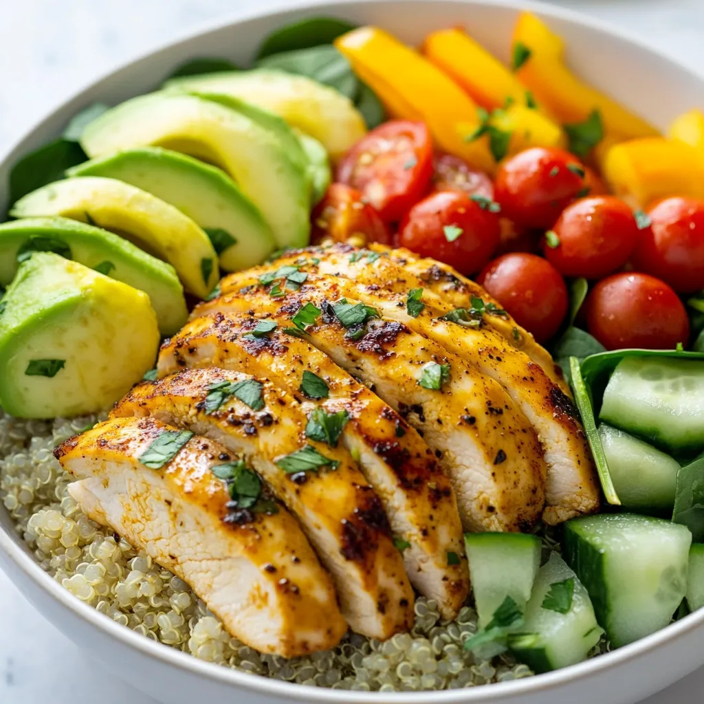 - 1 pound boneless, skinless chicken breast - 1 tablespoon olive oil - 1 teaspoon garlic powder - 1 teaspoon smoked paprika - Salt and pepper to taste - 1 cup quinoa, rinsed - 2 cups vegetable broth - 1 cup cherry tomatoes, halved - 1 cup cucumber, diced - 1 bell pepper (any color), diced - 1 avocado, sliced - 1 cup baby spinach - Juice of 1 lemon - Fresh herbs (such as cilantro or parsley) for garnish This Healthy Chicken Power Bowl offers many nutrients. The chicken provides lean protein, which helps build muscle. One serving gives about 30 grams of protein. Quinoa is a great source of fiber and contains all nine essential amino acids. This whole grain is gluten-free and rich in vitamins. The vegetables add color and crunch. Tomatoes are high in vitamin C and antioxidants. Cucumbers are hydrating and low in calories. Bell peppers provide vitamin A, which supports eye health. Avocado adds healthy fats, which can help reduce bad cholesterol. Spinach is packed with iron and calcium, essential for bone health. The lemon juice brightens the flavors and boosts vitamin C intake. You can swap ingredients based on your taste or what you have. For chicken, try turkey or tofu for a vegetarian option. Instead of quinoa, use brown rice or farro for a different grain. You can replace cherry tomatoes with diced regular tomatoes or roasted peppers. If you want a crunch, add radishes or carrots. Instead of spinach, try kale or arugula for a peppery kick. Lastly, use lime juice if you want a different citrus twist. These substitutions keep the meal healthy while adding new flavors. {{ingredient_image_1}} Start by marinating the chicken breasts. In a small bowl, mix one tablespoon of olive oil, one teaspoon of garlic powder, one teaspoon of smoked paprika, salt, and pepper. Rub this mixture all over the chicken. This step adds great flavor. Let the chicken marinate for at least 15 minutes. This time helps the spices soak in. While the chicken marinates, prepare the quinoa. In a medium saucepan, bring two cups of vegetable broth to a boil. Rinse one cup of quinoa under cold water. Add the rinsed quinoa to the boiling broth. Reduce the heat to low and cover. Let it simmer for about 15 minutes. The quinoa is ready when it is fluffy and the liquid is absorbed. Fluff it with a fork for the best texture. Next, cook the marinated chicken in a non-stick skillet over medium heat. Cook each side for about 6-7 minutes. The chicken should be fully cooked and juices should run clear. Once done, remove it from heat and let it cool for a moment. Slice the chicken into strips. In a large bowl, combine the cooked quinoa with one cup of halved cherry tomatoes, one cup of diced cucumber, one diced bell pepper, and one cup of baby spinach. Drizzle with the juice of one lemon and toss gently. To assemble the power bowls, divide the quinoa and vegetable mix among serving bowls. Top each bowl with sliced chicken and avocado. Finish with fresh herbs on top. You can add extra lemon juice or a drizzle of olive oil if you like. Enjoy your colorful and healthy meal! To make juicy chicken, start with good marination. Use olive oil, garlic powder, and smoked paprika. This mix adds flavor and moisture. Let the chicken sit for at least 15 minutes. This step helps the spices soak in well. Cook the chicken on medium heat. This way, it cooks evenly and doesn’t dry out. Check that the juices run clear when it’s done. This shows it is fully cooked. Cooking quinoa is simple and quick. First, rinse the quinoa under cold water. This helps remove bitterness. Use vegetable broth instead of water for more flavor. Bring the broth to a boil, then add quinoa. Turn the heat down low, cover, and let it simmer for 15 minutes. After the liquid is gone, fluff the quinoa with a fork. This keeps it light and fluffy, perfect for your power bowl. Presentation makes your meal more appealing. Use colorful ingredients to create a bright bowl. Start with a base of quinoa. Then add fresh veggies like cherry tomatoes, cucumber, and bell pepper. Lay the sliced chicken on top. Add creamy avocado slices for a nice touch. Finish with fresh herbs for color and flavor. A squeeze of lemon juice adds brightness. Serve these bowls warm, and watch everyone enjoy! Pro Tips Marinate Longer for Flavor: For a more intense flavor, consider marinating the chicken for at least 1 hour or even overnight in the refrigerator. Cook Quinoa Perfectly: Make sure to rinse the quinoa thoroughly before cooking to remove its natural bitterness and achieve a fluffy texture. Use Fresh Herbs: Fresh herbs like cilantro or parsley not only enhance the flavor but also add a vibrant color to your power bowl. Customize Your Veggies: Feel free to swap out the vegetables based on what’s in season or what you have on hand for a personalized touch. {{image_2}} You can easily swap chicken for plant-based protein. Try chickpeas or tofu instead. Both options give you protein and flavor. Season them with the same spices to keep it tasty. Roasted vegetables also work well here. Sweet potatoes or zucchini add great texture. If you want to skip grains, use cauliflower rice. It’s light and low in carbs. Simply pulse cauliflower in a food processor until it looks like rice. You can also use spiralized vegetables. Zucchini noodles or carrots add fun shapes and crunch. Dressings can change the whole meal. A simple lemon vinaigrette brightens up the bowl. Mix lemon juice, olive oil, salt, and pepper. For creaminess, try tahini or yogurt-based dressings. Add a dash of hot sauce for a spicy kick. These small changes keep your chicken power bowl exciting! Store any leftovers in an airtight container. This keeps food fresh. Let the power bowl cool before sealing. Place it in the fridge for up to three days. If you want to freeze it, store the chicken and veggies separately. They freeze well for about two months. To reheat, use a microwave or a skillet. For the microwave, heat in 30-second bursts. Stir between each burst to warm evenly. If using a skillet, add a splash of water. Cover it to help steam the food. Heat on low until warmed through. This keeps it moist and tasty. Make your power bowl ingredients ahead of time. Cook a big batch of quinoa. Store it in the fridge for up to four days. Marinate and cook the chicken on meal prep day. Chop veggies and keep them in containers. This way, you can mix and match all week. Enjoy a fresh meal in minutes! You can use brown rice or farro. Both grains offer great texture and nutrition. They are easy to cook and pair well with the chicken and veggies. If you're looking for a low-carb option, try cauliflower rice. It cooks fast and absorbs flavors well. The chicken is fully cooked when it reaches 165°F. Use a meat thermometer for the best results. The juices should run clear when you cut into it. If the chicken is still pink or the juices are red, cook it a bit longer. Yes, you can make this bowl ahead of time. Cook the chicken and quinoa, then store them in the fridge. Keep the veggies separate to stay fresh. You can assemble the bowls the next day for a quick meal. Just reheat the chicken and quinoa before serving. This post covered key ingredients, cooking steps, and tips for a tasty bowl. You learned about healthy choices and how to cook chicken and quinoa perfectly. I shared variations for different diets and easy storage tips. Remember, meal prep helps you enjoy this dish all week. Use what you learned to create your own bowls. Enjoy good food that fits your life! Making great meals can be fun and simple.
