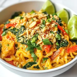 - 200g ramen noodles - 1/2 cup creamy peanut butter - 1 cup vegetable broth - 2 tablespoons soy sauce - 2 tablespoons sriracha sauce (adjust for spice) - 1 teaspoon grated ginger - 1 red bell pepper, thinly sliced - 1 cup baby spinach - 1 green onion, chopped - 1 tablespoon crushed peanuts - Lime wedges for serving In this dish, we start with ramen noodles. They provide a great base. Their chewy texture pairs well with the sauce. Next, creamy peanut butter adds richness. It gives the sauce a nice, smooth feel. Vegetable broth brings flavor and moisture. Now, let’s talk about the flavor enhancers. Soy sauce adds a salty note. Sriracha gives it a spicy kick. Adjust the amount based on your spice level. Grated ginger adds a warm, zesty touch. It brightens the whole dish. For the vegetables, red bell pepper adds sweetness and color. Baby spinach wilts down nicely, bringing nutrients. Garnishes like green onion and crushed peanuts add crunch. Lime wedges add a fresh zing. They balance the creamy sauce with acidity. With these ingredients, you create a meal that is quick, tasty, and satisfying! {{ingredient_image_1}} To cook the ramen noodles, boil water in a pot. Add the noodles and cook as per the package instructions, usually around 3-4 minutes. Stir the noodles gently to prevent them from sticking. Once done, drain them in a colander and set aside. This step ensures the noodles are soft yet firm, perfect for soaking up the spicy peanut sauce. Start by heating sesame oil in a large skillet over medium heat. Add minced garlic and grated ginger. Sauté for about 30 seconds until they smell great. This step builds a strong flavor base. Next, whisk together the vegetable broth, creamy peanut butter, soy sauce, sriracha, and honey or maple syrup in the skillet. Mix until the sauce is smooth and creamy. This rich sauce is the heart of the dish. Now, it’s time to bring everything together. Add thinly sliced red bell pepper to the skillet and cook for 2-3 minutes, just until it softens a bit. Then, toss in the cooked ramen noodles and baby spinach. Mix gently to coat the noodles with the sauce, cooking for another 2-3 minutes. The spinach will wilt and blend in perfectly. Once everything is combined, serve hot. Garnish with chopped green onion, crushed peanuts, and lime wedges on the side for squeezing. Enjoy your spicy peanut ramen noodles! Cook ramen noodles until they feel firm, or al dente. Start with boiling water, then add the noodles. Stir them gently for even cooking. Check the package for cooking time, usually around 3 to 5 minutes. Drain the noodles right away to stop the cooking. Rinse them under cold water to keep them from sticking. Sriracha adds heat, but you can change the amount. Start with 1 tablespoon for a nice kick. If you like it spicier, add more. For milder heat, use less. You can also mix in honey for sweetness, which balances the spice nicely. A great-looking dish makes it more enjoyable. Use a wide bowl to show off the noodles. Top with a sprinkle of green onion and crushed peanuts for crunch. Add fresh cilantro for a pop of color. Serve lime wedges on the side for a zesty finish. These touches make your meal feel special. Pro Tips Adjust the Spice Level: If you prefer a milder dish, reduce the amount of sriracha or substitute it with a milder hot sauce. Make it Creamier: For an extra creamy texture, add more peanut butter or a splash of coconut milk to the sauce. Veggie Variations: Feel free to add other vegetables such as carrots, snap peas, or mushrooms to enhance the dish's flavor and nutrition. Garnish for Flavor: Don’t skip the lime wedges and fresh cilantro; they elevate the dish with fresh and zesty notes. {{image_2}} You can add protein to your spicy peanut ramen easily. Tofu is a great choice for a vegetarian or vegan option. It absorbs flavors well and adds a nice texture. Simply cube firm tofu and sauté it until golden before mixing it in with the noodles. For meat lovers, chicken or shrimp are excellent additions. Cook diced chicken in the skillet until it's no longer pink. Add cooked shrimp just before serving to keep them tender. These proteins add heartiness to your meal, making it more filling. If you want a vegetarian option, use vegetable broth and skip the honey. Maple syrup works great instead. This keeps the dish sweet while staying plant-based. For a vegan twist, replace creamy peanut butter with a nut-free spread if needed. Ensure your soy sauce is labeled vegan. This way, you can enjoy the same rich flavors without any animal products. To make this dish gluten-free, choose gluten-free ramen noodles. Many brands offer rice or quinoa-based noodles that taste great. Cook them as per the package instructions. The sauce is naturally gluten-free as long as you use gluten-free soy sauce. Enjoy your spicy peanut ramen without worry! To store leftover spicy peanut ramen noodles, let them cool. Place the noodles and sauce in separate airtight containers. This keeps the noodles from becoming soggy. Store them in the fridge for up to three days. If you mix them, eat them within two days for the best taste. When reheating, the best method is to use a skillet. Add a splash of water or broth to the pan. Heat over medium until warm. Stir gently to keep the noodles from sticking. You can also use a microwave. Place them in a bowl with a lid. Heat for one minute, then stir and check the warmth. Repeat if needed. Yes, you can freeze spicy peanut ramen noodles! To do this, cool them completely. Place them in a freezer-safe bag or container. Remove as much air as possible to prevent freezer burn. They can last for up to two months. To eat, thaw in the fridge overnight and reheat as mentioned. Spicy peanut ramen noodles blend Asian and Western flavors. Ramen comes from Japan, where it is a staple. Peanut sauce has roots in Southeast Asia, especially in Thailand. This dish honors both cultures by mixing noodles with rich, creamy sauce. It shows how food can cross borders and create new favorites. Many enjoy this dish for its bold taste and comforting texture. It’s a fun way to bring global flavors to your home kitchen. Yes, you can prepare spicy peanut ramen noodles in advance. I suggest cooking the noodles and making the sauce ahead of time. Store them separately in airtight containers. This keeps the noodles from getting mushy. When you’re ready to eat, just reheat the sauce and toss in the noodles. Add fresh veggies right before serving. This quick method saves time on busy days while still offering a tasty meal. You can easily customize this recipe to fit your taste. Here are a few tips: - Add Protein: Consider tofu, chicken, or shrimp for extra protein. - Change Veggies: Use broccoli, carrots, or snap peas for different textures. - Adjust Spice: Add more sriracha or chili flakes for heat. Use less if you prefer mild. - Nuts and Seeds: Try sesame seeds or cashews for added crunch. - Herbs: Swap cilantro for basil or mint for a fresh twist. These adjustments let you create a dish that feels just right for you. Enjoy experimenting! This blog post explored the tasty world of spicy peanut ramen noodles. We covered essential ingredients, like ramen noodles and creamy peanut butter, and added flavor with soy sauce and sriracha. You learned how to cook the noodles and make the delicious spicy sauce. Plus, we shared tips for perfect texture, spice adjustments, and eye-catching presentation. Whether adding protein or adapting for dietary needs, the options are endless. With proper storage and reheating methods, your leftovers will stay just as good. Now, dive in and enjoy this satisfying meal!