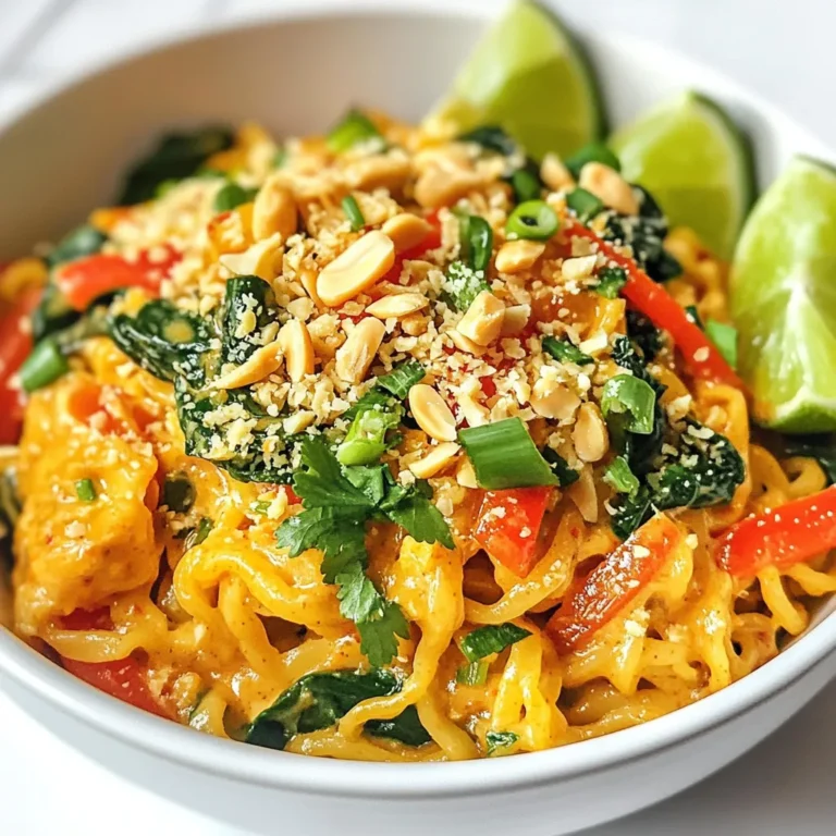 - 200g ramen noodles - 1/2 cup creamy peanut butter - 1 cup vegetable broth - 2 tablespoons soy sauce - 2 tablespoons sriracha sauce (adjust for spice) - 1 teaspoon grated ginger - 1 red bell pepper, thinly sliced - 1 cup baby spinach - 1 green onion, chopped - 1 tablespoon crushed peanuts - Lime wedges for serving In this dish, we start with ramen noodles. They provide a great base. Their chewy texture pairs well with the sauce. Next, creamy peanut butter adds richness. It gives the sauce a nice, smooth feel. Vegetable broth brings flavor and moisture. Now, let’s talk about the flavor enhancers. Soy sauce adds a salty note. Sriracha gives it a spicy kick. Adjust the amount based on your spice level. Grated ginger adds a warm, zesty touch. It brightens the whole dish. For the vegetables, red bell pepper adds sweetness and color. Baby spinach wilts down nicely, bringing nutrients. Garnishes like green onion and crushed peanuts add crunch. Lime wedges add a fresh zing. They balance the creamy sauce with acidity. With these ingredients, you create a meal that is quick, tasty, and satisfying! {{ingredient_image_1}} To cook the ramen noodles, boil water in a pot. Add the noodles and cook as per the package instructions, usually around 3-4 minutes. Stir the noodles gently to prevent them from sticking. Once done, drain them in a colander and set aside. This step ensures the noodles are soft yet firm, perfect for soaking up the spicy peanut sauce. Start by heating sesame oil in a large skillet over medium heat. Add minced garlic and grated ginger. Sauté for about 30 seconds until they smell great. This step builds a strong flavor base. Next, whisk together the vegetable broth, creamy peanut butter, soy sauce, sriracha, and honey or maple syrup in the skillet. Mix until the sauce is smooth and creamy. This rich sauce is the heart of the dish. Now, it’s time to bring everything together. Add thinly sliced red bell pepper to the skillet and cook for 2-3 minutes, just until it softens a bit. Then, toss in the cooked ramen noodles and baby spinach. Mix gently to coat the noodles with the sauce, cooking for another 2-3 minutes. The spinach will wilt and blend in perfectly. Once everything is combined, serve hot. Garnish with chopped green onion, crushed peanuts, and lime wedges on the side for squeezing. Enjoy your spicy peanut ramen noodles! Cook ramen noodles until they feel firm, or al dente. Start with boiling water, then add the noodles. Stir them gently for even cooking. Check the package for cooking time, usually around 3 to 5 minutes. Drain the noodles right away to stop the cooking. Rinse them under cold water to keep them from sticking. Sriracha adds heat, but you can change the amount. Start with 1 tablespoon for a nice kick. If you like it spicier, add more. For milder heat, use less. You can also mix in honey for sweetness, which balances the spice nicely. A great-looking dish makes it more enjoyable. Use a wide bowl to show off the noodles. Top with a sprinkle of green onion and crushed peanuts for crunch. Add fresh cilantro for a pop of color. Serve lime wedges on the side for a zesty finish. These touches make your meal feel special. Pro Tips Adjust the Spice Level: If you prefer a milder dish, reduce the amount of sriracha or substitute it with a milder hot sauce. Make it Creamier: For an extra creamy texture, add more peanut butter or a splash of coconut milk to the sauce. Veggie Variations: Feel free to add other vegetables such as carrots, snap peas, or mushrooms to enhance the dish's flavor and nutrition. Garnish for Flavor: Don’t skip the lime wedges and fresh cilantro; they elevate the dish with fresh and zesty notes. {{image_2}} You can add protein to your spicy peanut ramen easily. Tofu is a great choice for a vegetarian or vegan option. It absorbs flavors well and adds a nice texture. Simply cube firm tofu and sauté it until golden before mixing it in with the noodles. For meat lovers, chicken or shrimp are excellent additions. Cook diced chicken in the skillet until it's no longer pink. Add cooked shrimp just before serving to keep them tender. These proteins add heartiness to your meal, making it more filling. If you want a vegetarian option, use vegetable broth and skip the honey. Maple syrup works great instead. This keeps the dish sweet while staying plant-based. For a vegan twist, replace creamy peanut butter with a nut-free spread if needed. Ensure your soy sauce is labeled vegan. This way, you can enjoy the same rich flavors without any animal products. To make this dish gluten-free, choose gluten-free ramen noodles. Many brands offer rice or quinoa-based noodles that taste great. Cook them as per the package instructions. The sauce is naturally gluten-free as long as you use gluten-free soy sauce. Enjoy your spicy peanut ramen without worry! To store leftover spicy peanut ramen noodles, let them cool. Place the noodles and sauce in separate airtight containers. This keeps the noodles from becoming soggy. Store them in the fridge for up to three days. If you mix them, eat them within two days for the best taste. When reheating, the best method is to use a skillet. Add a splash of water or broth to the pan. Heat over medium until warm. Stir gently to keep the noodles from sticking. You can also use a microwave. Place them in a bowl with a lid. Heat for one minute, then stir and check the warmth. Repeat if needed. Yes, you can freeze spicy peanut ramen noodles! To do this, cool them completely. Place them in a freezer-safe bag or container. Remove as much air as possible to prevent freezer burn. They can last for up to two months. To eat, thaw in the fridge overnight and reheat as mentioned. Spicy peanut ramen noodles blend Asian and Western flavors. Ramen comes from Japan, where it is a staple. Peanut sauce has roots in Southeast Asia, especially in Thailand. This dish honors both cultures by mixing noodles with rich, creamy sauce. It shows how food can cross borders and create new favorites. Many enjoy this dish for its bold taste and comforting texture. It’s a fun way to bring global flavors to your home kitchen. Yes, you can prepare spicy peanut ramen noodles in advance. I suggest cooking the noodles and making the sauce ahead of time. Store them separately in airtight containers. This keeps the noodles from getting mushy. When you’re ready to eat, just reheat the sauce and toss in the noodles. Add fresh veggies right before serving. This quick method saves time on busy days while still offering a tasty meal. You can easily customize this recipe to fit your taste. Here are a few tips: - Add Protein: Consider tofu, chicken, or shrimp for extra protein. - Change Veggies: Use broccoli, carrots, or snap peas for different textures. - Adjust Spice: Add more sriracha or chili flakes for heat. Use less if you prefer mild. - Nuts and Seeds: Try sesame seeds or cashews for added crunch. - Herbs: Swap cilantro for basil or mint for a fresh twist. These adjustments let you create a dish that feels just right for you. Enjoy experimenting! This blog post explored the tasty world of spicy peanut ramen noodles. We covered essential ingredients, like ramen noodles and creamy peanut butter, and added flavor with soy sauce and sriracha. You learned how to cook the noodles and make the delicious spicy sauce. Plus, we shared tips for perfect texture, spice adjustments, and eye-catching presentation. Whether adding protein or adapting for dietary needs, the options are endless. With proper storage and reheating methods, your leftovers will stay just as good. Now, dive in and enjoy this satisfying meal!