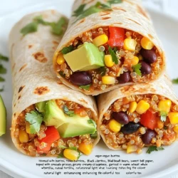 - 1 cup cooked quinoa - 1 can black beans, rinsed and drained - 1 cup corn, frozen or canned - 1 red bell pepper, diced - 1 avocado, diced - 1 teaspoon cumin - 1 teaspoon chili powder - 2 tablespoons lime juice - Salt and pepper to taste - 4 large tortillas (whole wheat or corn) - Fresh cilantro, for garnish To make Minute Vegan Burritos, gather all your ingredients first. Each item plays an important role in flavor and texture. Cooked quinoa forms a hearty base. Black beans add protein and creaminess. Corn brings sweetness and crunch. Diced red bell pepper adds color and freshness. Next, the spices are key. Cumin gives a warm, earthy taste. Chili powder adds a mild kick. Fresh lime juice brightens every bite. Adjust salt and pepper to match your taste. Use large tortillas to hold all the filling. Whole wheat or corn tortillas both work well. Finally, fresh cilantro adds a pop of flavor and looks great on top. Each ingredient adds something special. Together, they create a tasty, filling meal. Enjoy mixing them up! {{ingredient_image_1}} Mixing the filling First, grab a large mixing bowl. Add 1 cup cooked quinoa, 1 can of black beans (rinsed and drained), 1 cup of corn, and 1 diced red bell pepper. Use a spatula to mix these ingredients well. The colors will look bright and inviting. Seasoning the mixture Next, sprinkle in 1 teaspoon of cumin and 1 teaspoon of chili powder. These spices bring great flavor to the filling. Drizzle 2 tablespoons of lime juice over the mixture. Stir everything together until itβs well combined. Taste it, and add salt and pepper as needed. This step is key for a tasty burrito. Assembling the burritos Now, lay a tortilla flat on a clean surface. Spoon a good amount of the filling into the center. Top it with a few diced avocado pieces. Fold the sides of the tortilla inward. Then, roll it tightly from the bottom to form a burrito. Repeat this with the rest of the tortillas and filling. Toasting burritos for added texture For a crispy texture, lightly toast the burritos. Heat a skillet over medium heat. Place the burrito seam-side down in the skillet. Cook for 2-3 minutes on each side until golden brown. This step makes the burritos more enjoyable. After toasting, garnish with fresh cilantro. You can make these burritos your own. Start by adding extra vegetables. Try diced tomatoes, spinach, or onions. You can also use sautΓ©ed mushrooms for a savory twist. If you want to switch up the protein, black beans are great. You can use chickpeas or lentils instead. Tofu is another option. Just crumble it and cook it with spices. This keeps your burritos fresh and fun! To wrap your burritos well, follow these steps. First, lay your tortilla flat. Spoon your filling into the center. Then, fold the sides in, like a letter. Finally, roll it tightly from the bottom. This keeps all the filling inside. To keep burritos warm, wrap them in foil. You can also place them in a warm oven. If you want a crispy touch, toast them in a skillet. Heat them for a few minutes on each side. This adds great texture! Pro Tips Use Fresh Ingredients: Whenever possible, opt for fresh vegetables and herbs to enhance the flavor and nutrition of your burritos. Customize Your Fillings: Feel free to swap out the black beans for pinto beans or add additional veggies like spinach or zucchini for extra texture. Make Ahead: Prepare the filling in advance and store it in the fridge. You can assemble the burritos quickly when you're ready to eat! Perfectly Toasted: For a crispy burrito, toast them in a skillet with a little olive oil until golden brown, enhancing the overall flavor. {{image_2}} You can easily adjust this recipe to fit your needs. For a gluten-free option, use corn tortillas. They taste great and keep the burrito soft. If you want a low-carb alternative, try using lettuce wraps instead of tortillas. This change cuts down carbs while keeping the fresh flavors. Want to spice things up? Add jalapeΓ±os to your filling for a kick. Just chop them finely and mix them in with the other ingredients. You can also try different bean blends. Swap black beans for pinto or kidney beans for a new taste. Each bean adds its unique flavor, making your burritos exciting. Minute Vegan Burritos stay fresh in the fridge for about 3 to 4 days. To store them, wrap each burrito in plastic wrap or foil. Place them in an airtight container to keep them safe from other smells. When you're ready to eat, reheat them in the microwave or skillet. For the microwave, heat for about 1-2 minutes. If using a skillet, cook on medium heat for about 3-4 minutes per side. This keeps the outside crispy and the inside warm. If you want to save your burritos for later, freezing works well. First, let the burritos cool completely. Then, wrap each one tightly in plastic wrap. After that, place them in a freezer bag or an airtight container. This helps keep them fresh for up to 3 months. When you are ready to eat, thaw the burritos overnight in the fridge. To reheat, you can use the microwave for about 2-3 minutes or cook them in a skillet on medium heat until warm. This method helps regain their tasty texture. It takes about 20 minutes to make Minute Vegan Burritos. This includes 10 minutes for prep and 10 minutes for cooking. You can whip them up fast, making them perfect for busy days. Yes, you can use different beans in this recipe. Pinto beans, kidney beans, or chickpeas work great. Just rinse and drain them like black beans. This change adds new flavors and textures. You can serve these burritos with salsa, guacamole, or a side salad. They pair well with rice or corn chips too. Adding a refreshing drink like lemonade or iced tea makes it even better. Yes, these burritos freeze well. Wrap each burrito in plastic wrap and then foil. Store them in a freezer bag to avoid freezer burn. They stay fresh for up to three months. Absolutely! You can add vegan cheese or regular cheese if you prefer. Sprinkle some cheese on top of the filling before rolling. This adds creaminess and enhances the flavor. In this post, I shared how to make delicious Minute Vegan Burritos. You learned about the main ingredients, preparation steps, and cooking tips. I also covered customization options and dietary variations. To wrap it all up, burritos are versatile and fun to make. With a few simple steps, you can create tasty meals for any need. Enjoy experimenting with flavors and ingredients to find your perfect mix. Happy cooking!