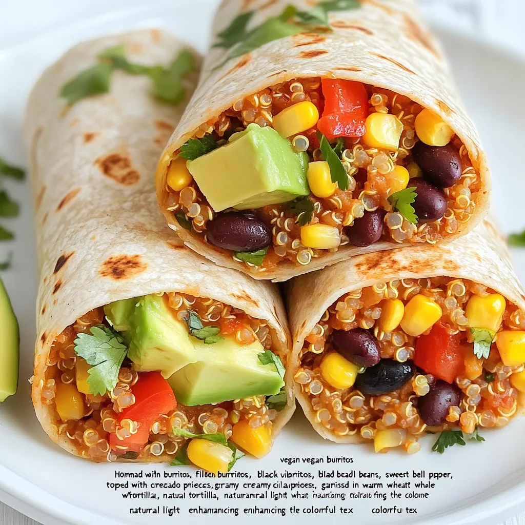 - 1 cup cooked quinoa - 1 can black beans, rinsed and drained - 1 cup corn, frozen or canned - 1 red bell pepper, diced - 1 avocado, diced - 1 teaspoon cumin - 1 teaspoon chili powder - 2 tablespoons lime juice - Salt and pepper to taste - 4 large tortillas (whole wheat or corn) - Fresh cilantro, for garnish To make Minute Vegan Burritos, gather all your ingredients first. Each item plays an important role in flavor and texture. Cooked quinoa forms a hearty base. Black beans add protein and creaminess. Corn brings sweetness and crunch. Diced red bell pepper adds color and freshness. Next, the spices are key. Cumin gives a warm, earthy taste. Chili powder adds a mild kick. Fresh lime juice brightens every bite. Adjust salt and pepper to match your taste. Use large tortillas to hold all the filling. Whole wheat or corn tortillas both work well. Finally, fresh cilantro adds a pop of flavor and looks great on top. Each ingredient adds something special. Together, they create a tasty, filling meal. Enjoy mixing them up! {{ingredient_image_1}} Mixing the filling First, grab a large mixing bowl. Add 1 cup cooked quinoa, 1 can of black beans (rinsed and drained), 1 cup of corn, and 1 diced red bell pepper. Use a spatula to mix these ingredients well. The colors will look bright and inviting. Seasoning the mixture Next, sprinkle in 1 teaspoon of cumin and 1 teaspoon of chili powder. These spices bring great flavor to the filling. Drizzle 2 tablespoons of lime juice over the mixture. Stir everything together until it’s well combined. Taste it, and add salt and pepper as needed. This step is key for a tasty burrito. Assembling the burritos Now, lay a tortilla flat on a clean surface. Spoon a good amount of the filling into the center. Top it with a few diced avocado pieces. Fold the sides of the tortilla inward. Then, roll it tightly from the bottom to form a burrito. Repeat this with the rest of the tortillas and filling. Toasting burritos for added texture For a crispy texture, lightly toast the burritos. Heat a skillet over medium heat. Place the burrito seam-side down in the skillet. Cook for 2-3 minutes on each side until golden brown. This step makes the burritos more enjoyable. After toasting, garnish with fresh cilantro. You can make these burritos your own. Start by adding extra vegetables. Try diced tomatoes, spinach, or onions. You can also use sautéed mushrooms for a savory twist. If you want to switch up the protein, black beans are great. You can use chickpeas or lentils instead. Tofu is another option. Just crumble it and cook it with spices. This keeps your burritos fresh and fun! To wrap your burritos well, follow these steps. First, lay your tortilla flat. Spoon your filling into the center. Then, fold the sides in, like a letter. Finally, roll it tightly from the bottom. This keeps all the filling inside. To keep burritos warm, wrap them in foil. You can also place them in a warm oven. If you want a crispy touch, toast them in a skillet. Heat them for a few minutes on each side. This adds great texture! Pro Tips Use Fresh Ingredients: Whenever possible, opt for fresh vegetables and herbs to enhance the flavor and nutrition of your burritos. Customize Your Fillings: Feel free to swap out the black beans for pinto beans or add additional veggies like spinach or zucchini for extra texture. Make Ahead: Prepare the filling in advance and store it in the fridge. You can assemble the burritos quickly when you're ready to eat! Perfectly Toasted: For a crispy burrito, toast them in a skillet with a little olive oil until golden brown, enhancing the overall flavor. {{image_2}} You can easily adjust this recipe to fit your needs. For a gluten-free option, use corn tortillas. They taste great and keep the burrito soft. If you want a low-carb alternative, try using lettuce wraps instead of tortillas. This change cuts down carbs while keeping the fresh flavors. Want to spice things up? Add jalapeños to your filling for a kick. Just chop them finely and mix them in with the other ingredients. You can also try different bean blends. Swap black beans for pinto or kidney beans for a new taste. Each bean adds its unique flavor, making your burritos exciting. Minute Vegan Burritos stay fresh in the fridge for about 3 to 4 days. To store them, wrap each burrito in plastic wrap or foil. Place them in an airtight container to keep them safe from other smells. When you're ready to eat, reheat them in the microwave or skillet. For the microwave, heat for about 1-2 minutes. If using a skillet, cook on medium heat for about 3-4 minutes per side. This keeps the outside crispy and the inside warm. If you want to save your burritos for later, freezing works well. First, let the burritos cool completely. Then, wrap each one tightly in plastic wrap. After that, place them in a freezer bag or an airtight container. This helps keep them fresh for up to 3 months. When you are ready to eat, thaw the burritos overnight in the fridge. To reheat, you can use the microwave for about 2-3 minutes or cook them in a skillet on medium heat until warm. This method helps regain their tasty texture. It takes about 20 minutes to make Minute Vegan Burritos. This includes 10 minutes for prep and 10 minutes for cooking. You can whip them up fast, making them perfect for busy days. Yes, you can use different beans in this recipe. Pinto beans, kidney beans, or chickpeas work great. Just rinse and drain them like black beans. This change adds new flavors and textures. You can serve these burritos with salsa, guacamole, or a side salad. They pair well with rice or corn chips too. Adding a refreshing drink like lemonade or iced tea makes it even better. Yes, these burritos freeze well. Wrap each burrito in plastic wrap and then foil. Store them in a freezer bag to avoid freezer burn. They stay fresh for up to three months. Absolutely! You can add vegan cheese or regular cheese if you prefer. Sprinkle some cheese on top of the filling before rolling. This adds creaminess and enhances the flavor. In this post, I shared how to make delicious Minute Vegan Burritos. You learned about the main ingredients, preparation steps, and cooking tips. I also covered customization options and dietary variations. To wrap it all up, burritos are versatile and fun to make. With a few simple steps, you can create tasty meals for any need. Enjoy experimenting with flavors and ingredients to find your perfect mix. Happy cooking!