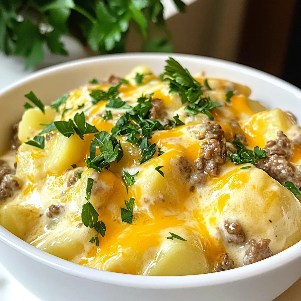 Here is the list of ingredients you will need for this creamy meat and potato skillet: - 1 lb ground beef (or turkey) - 4 medium potatoes, diced - 1 cup heavy cream - 1 cup beef broth - 1 medium onion, chopped - 2 cloves garlic, minced - 1 teaspoon paprika - 1 teaspoon dried thyme - Salt and pepper to taste - 2 tablespoons olive oil - 1/2 cup shredded cheddar cheese (optional) - Fresh parsley for garnish These simple ingredients come together to create a warm, filling meal. Each item plays a key role. The ground beef provides protein, while the potatoes add heartiness. The heavy cream makes the dish rich and creamy. The spices bring flavor and warmth. Using fresh parsley as a garnish adds a pop of color and freshness. You can swap out beef for turkey if you like. This dish is flexible and easy to make. You can also add veggies to boost nutrition. Gather your ingredients, and let’s get cooking! {{ingredient_image_1}} Start by heating the olive oil in a large skillet over medium heat. Once the oil is warm, add the chopped onion and minced garlic. Sauté them for about 2-3 minutes. You want the onions to look clear and smell great. This mix adds a lovely base flavor to your dish. Next, add the ground beef to the skillet. Use a spatula to break it apart as it cooks. Aim for a nice brown color. This should take about 5-7 minutes. If there is extra fat, drain it out. We want a rich taste without being too greasy. Now, stir in the diced potatoes. Sprinkle in the paprika, dried thyme, salt, and pepper. Mix it well so every potato gets coated in spices. Then, pour in the beef broth. Bring it to a simmer and cover the skillet. Let it cook for about 10-12 minutes. Check on it now and then. You want the potatoes to be fork-tender. When the potatoes are soft, lower the heat and add the heavy cream. Stir it all together. Let it simmer for an extra 5 minutes. This will thicken the sauce. If you like cheese, sprinkle the shredded cheddar on top. Cover it for a few minutes until the cheese melts. Finally, taste and adjust the seasoning. Garnish with fresh parsley before serving. Enjoy your creamy meat and potato skillet! To make your sauce extra creamy, try these simple tips. Use full-fat heavy cream for the best texture. If you want a lighter version, you can mix heavy cream with milk. This keeps the flavor rich without all the fat. Adding a bit of cheese, like cheddar, enhances creaminess and flavor. Mix in the cheese right before serving for a smooth finish. To ensure your potatoes cook evenly, cut them into similar sizes. This helps them cook at the same rate. As they cook, check for doneness by poking them with a fork. If it slides in easily, they are done. Stir the mixture often to avoid sticking and help even cooking. For extra flavor, consider adding fresh herbs like rosemary or parsley. They can brighten up the dish. A splash of Worcestershire sauce adds depth and umami. You might also try a dash of hot sauce for a kick. Just a little can make a big difference! Pro Tips Use Fresh Herbs: Enhance the flavor of your creamy meat and potato skillet by incorporating fresh herbs like thyme or parsley. They add vibrant taste and color to the dish. Customize Your Protein: Feel free to substitute ground beef with ground turkey or chicken for a lighter version. You can also use plant-based meat for a vegetarian option. Make It a One-Pan Meal: Add in other vegetables such as peas, carrots, or bell peppers during the potato cooking phase for a more nutritious, colorful, and satisfying meal. Cheese for Extra Creaminess: If you're a cheese lover, don't hesitate to add more cheese beyond the cheddar. Cream cheese or mozzarella can give your dish an even richer texture. {{image_2}} You can swap out ground beef for ground turkey or chicken. These options are leaner and can cut down on fat. They also absorb the dish's flavors well. Just follow the same steps as the recipe. You’ll still get a tasty meal without losing the creamy goodness. Adding veggies can boost nutrition and flavor. Try diced carrots, peas, or bell peppers. You can toss them in when you add the potatoes. This way, they cook evenly. They will add color and taste, making your skillet even more vibrant. If you need gluten-free options, choose gluten-free broth and cream. Many brands offer gluten-free choices that taste great. Always check labels to ensure they fit your needs. This way, everyone can enjoy this creamy dish without worry. After your meal, let the skillet cool to room temperature. Then, transfer leftovers into airtight containers. Make sure to separate any cheese so it doesn’t clump. Store them in the fridge for up to three days. If you want to keep them longer, freeze the leftovers. Use freezer-safe bags or containers for best results. To reheat, you can use the microwave or stovetop. If using the microwave, place the portions in a bowl and cover them. Heat in short bursts, stirring in between, until warm. If you prefer the stovetop, add a splash of broth or cream to the skillet. Heat on low, stirring gently to avoid burning. In the fridge, your creamy meat and potato skillet lasts about three days. In the freezer, it can stay fresh for up to three months. Make sure to label your containers with the date. This helps you keep track of how long they’ve been stored. Always check for any off smells or changes in texture before consuming. Yes, you can make this dish dairy-free. Use coconut milk or almond milk instead of heavy cream. For cheese, try a dairy-free cheese or omit it entirely. This keeps the creamy flavor while being kind to those with dairy needs. To check if the potatoes are done, pierce one with a fork. It should go in easily. If you feel resistance, they need more time. Cook them until they are tender and not mushy. This makes sure every bite is satisfying. Yes, you can prep this meal ahead. Cook it fully, then cool it down. Store it in an airtight container in the fridge for up to three days. When ready to eat, just reheat in a pan or microwave. This makes meal time easy and stress-free. This recipe brings together simple, fresh ingredients to make a tasty dish. We covered how to prepare the meat and mix in the creamy sauce. You can add your favorite veggies or use different proteins to match your taste. Don't forget my tips for perfecting the sauce and checking potatoes for doneness. Enjoy making this meal and sharing it with others! You’ll find that it’s a great dish to store and reheat, making it perfect for any weeknight dinner.