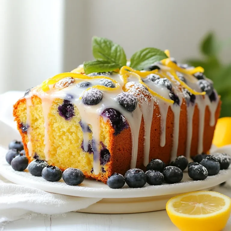 To make a Lemon Blueberry Yogurt Loaf, you need these ingredients: - 1 ½ cups all-purpose flour - 1 teaspoon baking powder - ½ teaspoon baking soda - ¼ teaspoon salt - ½ cup unsalted butter, softened - ¾ cup granulated sugar - 2 large eggs - 1 teaspoon vanilla extract - ½ cup plain Greek yogurt - Zest and juice of 1 lemon - 1 cup fresh blueberries (or frozen, if out of season) - 2 tablespoons almond flour (optional, for extra crunch) - Extra butter and flour for greasing the loaf pan Using fresh blueberries gives the best flavor and texture. If you use frozen, make sure they are still firm. You can try different sweeteners if you want. Honey or maple syrup works well. If you want a dairy-free option, use coconut yogurt. For vegans, replace eggs with flax eggs or applesauce. To bake this loaf, you will need: - Mixing bowls - A 9x5-inch loaf pan - Electric mixer - Measuring cups and spoons - Whisk Optional tools for better results include: - A zester for lemon zest - A cooling rack for even cooling Having the right tools makes the baking process easier and more fun. {{ingredient_image_1}} To start, preheat your oven to 350°F (175°C). This ensures even baking. Next, you need to prepare your loaf pan. Grease a 9x5-inch loaf pan with a bit of unsalted butter. Then, dust it with flour. Tap out any extra flour. This helps the loaf come out easily after baking. Now, let’s mix the dry ingredients. In a medium bowl, whisk together 1 ½ cups of all-purpose flour, 1 teaspoon of baking powder, ½ teaspoon of baking soda, and ¼ teaspoon of salt. Make sure these are well combined, then set the bowl aside. In another large mixing bowl, beat ½ cup of softened unsalted butter and ¾ cup of granulated sugar together with an electric mixer. Do this for about 3-4 minutes until the mixture is light and fluffy. Add in 2 large eggs, one at a time, mixing well after each. Then, mix in 1 teaspoon of vanilla extract, the zest, and juice of 1 lemon. Blend until everything is fully combined. Gradually add the dry mixture to the wet mixture. Alternate with ½ cup of plain Greek yogurt. Start and end with the flour mixture. Mix until just combined. Be careful not to overmix. Once your batter is ready, gently fold in 1 cup of fresh blueberries. If you want, toss the blueberries in a little flour first. This helps them stay suspended in the batter. Pour the batter into your prepared loaf pan. Smooth the top with a spatula. Optionally, sprinkle 2 tablespoons of almond flour on top for added texture. Now, bake your loaf in the preheated oven for 50-60 minutes. To check if it’s done, insert a toothpick into the center. If it comes out clean, your loaf is ready. If the top browns too quickly, cover it loosely with aluminum foil. After baking, remove the loaf from the oven. Let it cool in the pan for about 10 minutes. This helps it set better. Use a wire rack to cool it completely. When it’s cool, slice the loaf into thick pieces. Serve on a beautiful platter. For a fun touch, dust with powdered sugar or drizzle a simple lemon glaze on top. To make the glaze, mix powdered sugar with lemon juice until thin. Garnish each slice with a few fresh blueberries and a sprig of mint. This adds color and makes it look fancy. Enjoy! To make your loaf shine, avoid common baking mistakes. First, measure your flour correctly. Spoon it into the cup and level it off. Don’t scoop directly from the bag. This can lead to too much flour and a dry loaf. Next, use room temperature butter. This helps it mix well with the sugar, creating a light and fluffy batter. Cold butter can make your loaf dense. You can add extra zest with more lemon peel. This gives a brighter flavor. Try a pinch of cinnamon for warmth. When adding blueberries, toss them in a little flour first. This keeps them from sinking. I love using fresh blueberries, but frozen ones work too. Just adjust the baking time slightly. If your loaf sinks, it may be due to overmixing. Mix just until combined. For a dense loaf, check your oven temperature. An oven thermometer can help. If your loaf turns out dry, brush it with lemon syrup. Mix equal parts lemon juice and sugar. This adds moisture and flavor back. Pro Tips Fresh Blueberries: Use fresh blueberries for the best flavor and texture. If using frozen, ensure they are fully thawed and drained to avoid excess moisture in the batter. Room Temperature Ingredients: Make sure your butter and eggs are at room temperature for better incorporation. This helps the batter achieve a light and fluffy texture. Avoid Overmixing: Mix the batter just until combined. Overmixing can lead to a dense loaf, so be gentle when folding in the blueberries and combining the ingredients. Cooling Time: Allow the loaf to cool in the pan for about 10 minutes before transferring it to a wire rack. This helps maintain its shape and prevents it from breaking apart. {{image_2}} You can change the fruits in this loaf to make it your own. Instead of blueberries, try using raspberries or strawberries. Both fruits add a nice color and taste. You can also mix berries for a fun twist. Adding flavors can also elevate your loaf. Consider using coconut extract or almond extract for a new taste. Just a few drops can transform the loaf into something special. Experimenting with flavors can be a fun way to create your perfect loaf. If you or someone you know is gluten-free, you can make this loaf without gluten. Use a gluten-free flour blend instead of all-purpose flour. Make sure it contains xanthan gum for the right texture. For a healthier option, you can cut back on sugar. Use a natural sweetener, like honey or maple syrup. You can also swap some sugar for unsweetened applesauce. These changes will keep the loaf moist and tasty. Seasonal changes bring new ideas for your loaf. In the fall, add pumpkin spice to the batter for a cozy flavor. Just mix in a teaspoon of pumpkin pie spice to make it festive. You can also adapt this loaf for different occasions. Serve it as a breakfast treat with coffee, or enjoy it as dessert with a scoop of ice cream. With a few changes, this loaf can fit any event you have in mind. Store your Lemon Blueberry Yogurt Loaf in an airtight container. This keeps it fresh and moist. You can use plastic wrap, a zip-top bag, or a glass container. The loaf stays good in the fridge for about five days. If you want it to last longer, consider freezing it. To enjoy your loaf warm, you can reheat it easily. The oven method works best. Preheat the oven to 350°F (175°C), then wrap the loaf in foil. Heat for about 10-15 minutes. This keeps the loaf soft. If you use a microwave, slice it first. Heat each slice for about 20-30 seconds. Be careful not to overheat, or it might get tough. To freeze your loaf, first let it cool completely. Wrap it tightly in plastic wrap. Then, place it in a zip-top bag or a freezer-safe container. This helps prevent freezer burn. The loaf can stay frozen for up to three months. When you're ready to enjoy it, thaw it overnight in the fridge. For a fresh taste, reheat it in the oven or microwave as mentioned earlier. How long does Lemon Blueberry Yogurt Loaf last? The loaf stays fresh for about 3 to 4 days at room temperature. You can store it in an airtight container. If you refrigerate it, it can last up to a week. For longer storage, freeze slices wrapped tightly in plastic wrap. Can I use other types of yogurt in this recipe? Yes, you can use regular yogurt or dairy-free yogurt. Each type gives a slightly different taste and texture. Greek yogurt adds creaminess and thickness, while regular yogurt keeps it lighter. What can I serve with Lemon Blueberry Yogurt Loaf? You can enjoy it plain or with a spread like cream cheese or lemon butter. A cup of tea or coffee pairs well too. For brunch, serve it with fresh fruit or a light salad. Why is my loaf dense? Your loaf may be dense if you overmix the batter. Mixing too much adds too much air, which can make it heavy. Ensure you fold in the blueberries gently. Check that your baking powder is fresh too. Can I make this loaf in mini loaf pans? Absolutely! Mini loaf pans work well. Adjust the baking time to around 25-30 minutes. Check for doneness using a toothpick. What is the effect of using Greek yogurt vs. regular yogurt? Greek yogurt makes the loaf richer and adds protein. It also gives a thicker texture. Regular yogurt makes the loaf lighter and fluffier. Do I need to wash the blueberries before adding them? Yes, washing blueberries removes dirt and pesticides. Pat them dry with a paper towel before adding them to the batter. This helps keep the loaf from turning blue. You learned how to bake a delicious Lemon Blueberry Yogurt Loaf with simple steps. We covered key ingredients, tools, and ways to modify the recipe for any diet. Plus, you now know how to store leftovers and reheat them right. Remember, baking is all about having fun and being creative. With this recipe, you can impress friends and family at any gathering. Enjoy your time in the kitchen and share this treat with those you love!