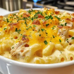 - 2 cups elbow macaroni - 2 cups cooked chicken, shredded - 1 cup BBQ sauce (your choice) - 2 cups shredded sharp cheddar cheese - 1 cup shredded mozzarella cheese - 1/2 cup cream cheese, softened - 2 cups milk - 1/4 cup butter - 1/4 cup all-purpose flour - 2 teaspoons garlic powder - 1 teaspoon onion powder - 1 teaspoon smoked paprika - Salt and pepper to taste - Fresh parsley, chopped (for garnish) Gathering the right ingredients is key to making BBQ chicken mac and cheese. First, you need elbow macaroni, which gives the dish a nice bite. Next, use cooked shredded chicken, which adds protein and flavor. Choose your favorite BBQ sauce to give it that sweet and tangy kick. For the cheese, I recommend sharp cheddar and mozzarella. The cheddar gives a bold taste, while mozzarella adds creaminess. Cream cheese works wonders to enhance the sauce's smooth texture. Milk, butter, and flour are essential for creating the rich cheese sauce. Don't forget the spices! Garlic powder, onion powder, and smoked paprika add depth. Finally, season with salt and pepper to taste. Fresh parsley makes a lovely garnish, brightening up the dish. This mix of ingredients creates a comforting and flavorful dinner that everyone will love. {{ingredient_image_1}} 1. Boil a large pot of salted water. 2. Add 2 cups of elbow macaroni. 3. Cook until it is al dente, about 8-10 minutes. 4. Drain the pasta and set it aside. 1. In a large saucepan, melt 1/4 cup of butter over medium heat. 2. Whisk in 1/4 cup of all-purpose flour to make a roux. 3. Stir for about 2 minutes until it turns golden. 4. Gradually add 2 cups of milk, whisking until thick, about 5-7 minutes. 1. Lower the heat and add 1/2 cup of softened cream cheese. 2. Stir until fully melted and mixed in. 3. Gradually mix in 2 cups of shredded sharp cheddar and 1 cup of shredded mozzarella. 4. Keep stirring until all the cheese melts and the sauce is smooth. 1. Add 2 teaspoons of garlic powder, 1 teaspoon of onion powder, and 1 teaspoon of smoked paprika. 2. Season with salt and pepper to taste. 3. Fold in the cooked chicken and 1 cup of BBQ sauce. 4. Mix well until the pasta is coated evenly with the sauce. 1. Preheat your oven to 350°F (175°C) if you want a baked version. 2. Transfer the mixture to a greased baking dish. 3. Bake for about 20-25 minutes until bubbly and golden on top. 1. Let the dish cool for a few minutes before serving. 2. Garnish with chopped parsley for a fresh look. Choosing the right BBQ sauce can change your dish. I recommend using a sauce that fits your taste. Some great options include: - Sweet and tangy sauces for a balanced flavor. - Smoky sauces for a rich, deep taste. - Spicy sauces for those who love heat. You can also make your own BBQ sauce at home. Combine ketchup, vinegar, brown sugar, and spices. This way, you can adjust the sweetness and heat to your liking. To get that perfect creamy texture, melt your cheese slowly. Stir the cheese into the sauce gently. This helps it blend well. Use low heat to prevent the cheese from burning. To avoid clumping, add cheese in small amounts. Stir after each addition. This keeps the sauce smooth and creamy. A crunchy top adds a great texture. I suggest adding breadcrumbs or more cheese on top before baking. This gives a nice layer of crispiness. If you want a golden top, bake for about 20-25 minutes at 350°F (175°C). Keep an eye on it. If it browns too quickly, cover it with foil. This keeps it from burning while the insides bake through. Pro Tips Tip 1: Use Leftover Chicken: This recipe is perfect for using up leftover rotisserie chicken or any cooked chicken you have on hand. Tip 2: Cheese Variations: Experiment with different cheeses like pepper jack for a kick or gouda for a smoky flavor. Tip 3: BBQ Sauce Choice: Choose a BBQ sauce that matches your taste preference; a sweet sauce balances well with the sharpness of the cheddar. Tip 4: Baking Optional: If you prefer a creamier mac and cheese, skip the baking step and serve it straight from the stovetop. {{image_2}} You can easily make this dish vegetarian. Just swap out the chicken for plant-based proteins. You might use cooked lentils or chickpeas. These will add texture and protein. Choose your favorite BBQ sauce to keep the flavor strong. This version is tasty and filling. Want to sneak in some greens? Try adding veggies like broccoli or bell peppers. Chop them small for even cooking. You can stir them into the cheese sauce. They will add color and nutrition to the dish. Plus, kids often love the extra crunch! If you like heat, add jalapeños or a splash of hot sauce. This will give your mac and cheese a fun kick. You can adjust the spice level to fit your taste. Mix it in with the BBQ sauce for an exciting flavor boost. This variation is perfect for spice lovers! To store BBQ Chicken Mac and Cheese, let it cool first. Then, transfer it to an airtight container. You can keep it in the refrigerator for up to three days. This keeps the dish fresh and safe to eat. I recommend using glass or BPA-free plastic containers. They seal tightly and help prevent spills. If you want to keep the mac and cheese extra creamy, cover the top with a layer of plastic wrap before sealing. To reheat your BBQ Chicken Mac and Cheese, you can use either a microwave or an oven. For the microwave, place a single serving in a bowl. Heat for about 1-2 minutes, stirring halfway through. If you prefer the oven, preheat it to 350°F (175°C). Place the mac and cheese in a baking dish and cover it with foil. Heat for about 15-20 minutes. This helps keep it moist. To keep the creaminess during reheating, add a splash of milk. Stir it in before heating. This helps restore the sauce's texture. To freeze BBQ Chicken Mac and Cheese, let it cool completely. Then, place it in a freezer-safe container. Make sure to leave some space at the top, as it will expand. You can freeze it for up to three months. When you're ready to eat, take it out of the freezer and thaw it in the fridge overnight. For reheating after thawing, follow the same instructions as above. This ensures it tastes just as good as when you first made it. Yes, you can use different pasta shapes. While elbow macaroni is classic, you can try penne, fusilli, or shells. These shapes hold sauce well, making each bite tasty. Choose a shape that you enjoy or have on hand. Just be sure to cook it al dente for the best texture. To make this dish gluten-free, swap out regular pasta for gluten-free pasta. Many brands offer good options. You can also replace all-purpose flour with gluten-free flour or cornstarch when making the roux. This keeps the dish creamy and delicious without gluten. This dish pairs well with many sides. A simple green salad adds freshness. Grilled veggies or corn on the cob work great too. For drinks, try sweet tea or lemonade. These sides balance the rich flavors of the mac and cheese and complete your meal. This blog post covered a delicious BBQ Chicken Mac and Cheese recipe. We explored ingredients, cooking steps, and tips to make it creamy. I also shared variations to suit your taste, and simple storage tips to keep leftovers fresh. I hope you feel inspired to try this comforting dish. It’s easy, tasty, and perfect for any meal. Enjoy your cooking and make it your own!