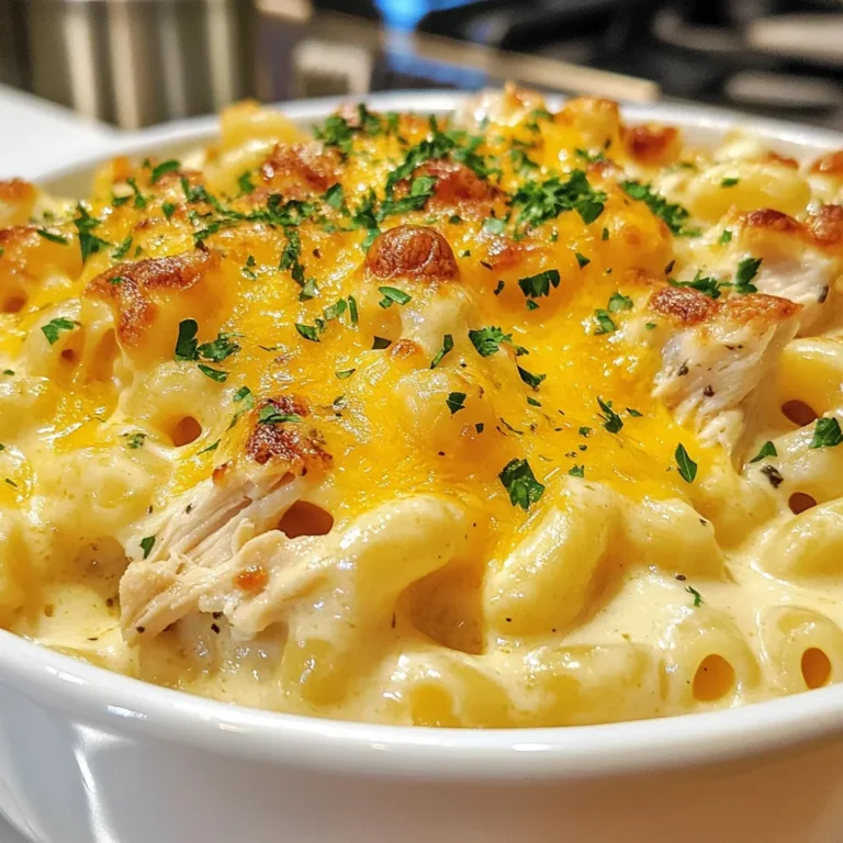 - 2 cups elbow macaroni - 2 cups cooked chicken, shredded - 1 cup BBQ sauce (your choice) - 2 cups shredded sharp cheddar cheese - 1 cup shredded mozzarella cheese - 1/2 cup cream cheese, softened - 2 cups milk - 1/4 cup butter - 1/4 cup all-purpose flour - 2 teaspoons garlic powder - 1 teaspoon onion powder - 1 teaspoon smoked paprika - Salt and pepper to taste - Fresh parsley, chopped (for garnish) Gathering the right ingredients is key to making BBQ chicken mac and cheese. First, you need elbow macaroni, which gives the dish a nice bite. Next, use cooked shredded chicken, which adds protein and flavor. Choose your favorite BBQ sauce to give it that sweet and tangy kick. For the cheese, I recommend sharp cheddar and mozzarella. The cheddar gives a bold taste, while mozzarella adds creaminess. Cream cheese works wonders to enhance the sauce's smooth texture. Milk, butter, and flour are essential for creating the rich cheese sauce. Don't forget the spices! Garlic powder, onion powder, and smoked paprika add depth. Finally, season with salt and pepper to taste. Fresh parsley makes a lovely garnish, brightening up the dish. This mix of ingredients creates a comforting and flavorful dinner that everyone will love. {{ingredient_image_1}} 1. Boil a large pot of salted water. 2. Add 2 cups of elbow macaroni. 3. Cook until it is al dente, about 8-10 minutes. 4. Drain the pasta and set it aside. 1. In a large saucepan, melt 1/4 cup of butter over medium heat. 2. Whisk in 1/4 cup of all-purpose flour to make a roux. 3. Stir for about 2 minutes until it turns golden. 4. Gradually add 2 cups of milk, whisking until thick, about 5-7 minutes. 1. Lower the heat and add 1/2 cup of softened cream cheese. 2. Stir until fully melted and mixed in. 3. Gradually mix in 2 cups of shredded sharp cheddar and 1 cup of shredded mozzarella. 4. Keep stirring until all the cheese melts and the sauce is smooth. 1. Add 2 teaspoons of garlic powder, 1 teaspoon of onion powder, and 1 teaspoon of smoked paprika. 2. Season with salt and pepper to taste. 3. Fold in the cooked chicken and 1 cup of BBQ sauce. 4. Mix well until the pasta is coated evenly with the sauce. 1. Preheat your oven to 350°F (175°C) if you want a baked version. 2. Transfer the mixture to a greased baking dish. 3. Bake for about 20-25 minutes until bubbly and golden on top. 1. Let the dish cool for a few minutes before serving. 2. Garnish with chopped parsley for a fresh look. Choosing the right BBQ sauce can change your dish. I recommend using a sauce that fits your taste. Some great options include: - Sweet and tangy sauces for a balanced flavor. - Smoky sauces for a rich, deep taste. - Spicy sauces for those who love heat. You can also make your own BBQ sauce at home. Combine ketchup, vinegar, brown sugar, and spices. This way, you can adjust the sweetness and heat to your liking. To get that perfect creamy texture, melt your cheese slowly. Stir the cheese into the sauce gently. This helps it blend well. Use low heat to prevent the cheese from burning. To avoid clumping, add cheese in small amounts. Stir after each addition. This keeps the sauce smooth and creamy. A crunchy top adds a great texture. I suggest adding breadcrumbs or more cheese on top before baking. This gives a nice layer of crispiness. If you want a golden top, bake for about 20-25 minutes at 350°F (175°C). Keep an eye on it. If it browns too quickly, cover it with foil. This keeps it from burning while the insides bake through. Pro Tips Tip 1: Use Leftover Chicken: This recipe is perfect for using up leftover rotisserie chicken or any cooked chicken you have on hand. Tip 2: Cheese Variations: Experiment with different cheeses like pepper jack for a kick or gouda for a smoky flavor. Tip 3: BBQ Sauce Choice: Choose a BBQ sauce that matches your taste preference; a sweet sauce balances well with the sharpness of the cheddar. Tip 4: Baking Optional: If you prefer a creamier mac and cheese, skip the baking step and serve it straight from the stovetop. {{image_2}} You can easily make this dish vegetarian. Just swap out the chicken for plant-based proteins. You might use cooked lentils or chickpeas. These will add texture and protein. Choose your favorite BBQ sauce to keep the flavor strong. This version is tasty and filling. Want to sneak in some greens? Try adding veggies like broccoli or bell peppers. Chop them small for even cooking. You can stir them into the cheese sauce. They will add color and nutrition to the dish. Plus, kids often love the extra crunch! If you like heat, add jalapeños or a splash of hot sauce. This will give your mac and cheese a fun kick. You can adjust the spice level to fit your taste. Mix it in with the BBQ sauce for an exciting flavor boost. This variation is perfect for spice lovers! To store BBQ Chicken Mac and Cheese, let it cool first. Then, transfer it to an airtight container. You can keep it in the refrigerator for up to three days. This keeps the dish fresh and safe to eat. I recommend using glass or BPA-free plastic containers. They seal tightly and help prevent spills. If you want to keep the mac and cheese extra creamy, cover the top with a layer of plastic wrap before sealing. To reheat your BBQ Chicken Mac and Cheese, you can use either a microwave or an oven. For the microwave, place a single serving in a bowl. Heat for about 1-2 minutes, stirring halfway through. If you prefer the oven, preheat it to 350°F (175°C). Place the mac and cheese in a baking dish and cover it with foil. Heat for about 15-20 minutes. This helps keep it moist. To keep the creaminess during reheating, add a splash of milk. Stir it in before heating. This helps restore the sauce's texture. To freeze BBQ Chicken Mac and Cheese, let it cool completely. Then, place it in a freezer-safe container. Make sure to leave some space at the top, as it will expand. You can freeze it for up to three months. When you're ready to eat, take it out of the freezer and thaw it in the fridge overnight. For reheating after thawing, follow the same instructions as above. This ensures it tastes just as good as when you first made it. Yes, you can use different pasta shapes. While elbow macaroni is classic, you can try penne, fusilli, or shells. These shapes hold sauce well, making each bite tasty. Choose a shape that you enjoy or have on hand. Just be sure to cook it al dente for the best texture. To make this dish gluten-free, swap out regular pasta for gluten-free pasta. Many brands offer good options. You can also replace all-purpose flour with gluten-free flour or cornstarch when making the roux. This keeps the dish creamy and delicious without gluten. This dish pairs well with many sides. A simple green salad adds freshness. Grilled veggies or corn on the cob work great too. For drinks, try sweet tea or lemonade. These sides balance the rich flavors of the mac and cheese and complete your meal. This blog post covered a delicious BBQ Chicken Mac and Cheese recipe. We explored ingredients, cooking steps, and tips to make it creamy. I also shared variations to suit your taste, and simple storage tips to keep leftovers fresh. I hope you feel inspired to try this comforting dish. It’s easy, tasty, and perfect for any meal. Enjoy your cooking and make it your own!