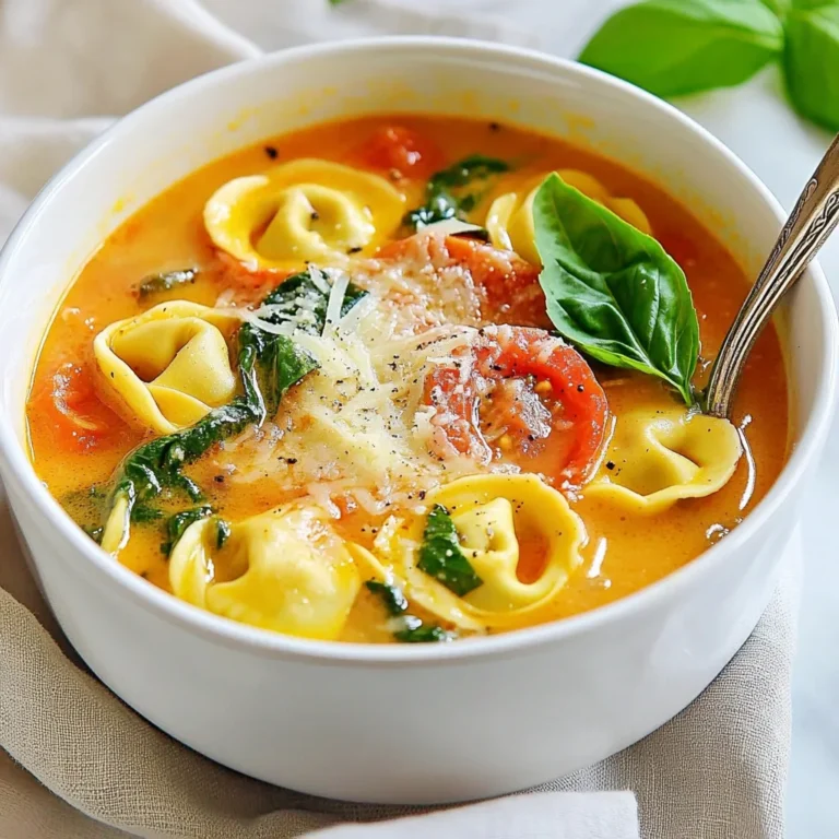- 1 tablespoon olive oil - 1 medium onion, diced - 2 cloves garlic, minced - 3 cups vegetable broth - 1 can (14 oz) diced tomatoes, undrained - 1 cup heavy cream - 1 package (9 oz) fresh cheese tortellini - 2 cups fresh spinach, roughly chopped - 1 teaspoon dried basil - 1 teaspoon dried oregano - Salt and pepper to taste - Grated Parmesan cheese for serving - Fresh basil leaves for garnish - Olive oil: This adds a rich flavor and helps to cook the onion. - Onion: Diced onion gives sweetness and depth to the soup. - Garlic: Minced garlic adds a bold taste that wakes up the dish. - Vegetable broth: This is the soup's base. It adds flavor and depth. - Diced tomatoes: These add acidity and sweetness, balancing the cream. - Heavy cream: This gives the soup its creamy texture and richness. - Fresh cheese tortellini: These little pasta pockets bring heartiness to the soup. - Spinach: Fresh spinach adds color and nutrients to the dish. - Dried basil and oregano: These herbs enhance the soup with warm, earthy notes. - Salt and pepper: These are key for seasoning and bringing out flavors. - Grated Parmesan cheese: This adds a salty kick when served on top. - Fresh basil leaves: These make a lovely garnish and add a fresh taste. - For olive oil, look for extra virgin for the best flavor. - Choose onions that feel firm and heavy for their size. - Select garlic that is plump and has no sprouts. - Look for vegetable broth that has no added preservatives. - Pick diced tomatoes in a can with no added sugar or salt. - Use heavy cream that is not past its expiration date. - For cheese tortellini, choose fresh over dried for the best texture. - Check spinach for vibrant green leaves with no wilting. - When buying herbs, fresh ones should be fragrant and bright. - Ensure Parmesan cheese is fresh and has a strong aroma. - For fresh basil, select leaves that are bright and not brown. {{ingredient_image_1}} Start by heating one tablespoon of olive oil in a large pot over medium heat. Once hot, add one medium onion, diced. Sauté the onion for about five minutes. You want it to be soft and slightly translucent. Next, add two cloves of minced garlic. Cook this mixture for one more minute. The garlic should smell great and become fragrant. Now it's time to pour in three cups of vegetable broth. Also, add one can of diced tomatoes, juice included. Bring this mixture to a gentle simmer. This base gives your soup a rich flavor. After your base simmers, it's time to add the fun part: the tortellini. Stir in one package of fresh cheese tortellini. Cook them according to the package's instructions. This usually takes about five to seven minutes. You want the tortellini to be al dente, meaning they should have a slight bite to them. This texture adds to the soup's charm. Once the tortellini is cooked, add two cups of roughly chopped fresh spinach. Sprinkle in one teaspoon of dried basil and one teaspoon of dried oregano. Stir everything together until the spinach wilts. This should take about two to three minutes. The spinach will turn a bright green and add amazing color to your soup. Finally, season your soup with salt and pepper to taste. Give it a good stir. Now, let the soup cool slightly before serving. It’s ready to enjoy! To get that rich, creamy texture, start with heavy cream. This helps the soup feel smooth and thick. When you add it, make sure you stir well. Heat the soup gently after adding cream. This keeps it from curdling and helps blend the flavors. If you want it even creamier, try adding a little more cream or some cream cheese. To boost the taste, add fresh herbs like basil and oregano. They bring a bright flavor. You can also use a dash of red pepper flakes for some heat. If you like garlic, add an extra clove. A splash of lemon juice at the end can brighten up the dish too. Lastly, don't skip the Parmesan cheese! It adds depth and umami. One mistake is overcooking the tortellini. Follow the package instructions closely to keep them firm. Another mistake is not seasoning enough. Always taste your soup and adjust the salt and pepper. Lastly, don’t add the spinach too soon. It should wilt just before serving to keep its bright color and nutrients. Pro Tips Use Fresh Ingredients: For the best flavor, opt for fresh spinach and high-quality cheese tortellini. They will enhance the overall taste of the soup. Adjust Creaminess: If you prefer a lighter soup, you can substitute half of the heavy cream with additional vegetable broth or use a plant-based cream alternative. Flavor Boost: Add a pinch of red pepper flakes for a subtle heat that complements the creamy base and bright flavors of the soup. Make it Ahead: This soup can be made ahead of time and stored in the refrigerator for up to 3 days. Reheat gently on the stove, adding a splash of broth if it thickens too much. {{image_2}} You can easily add protein to your soup. Cooked chicken or sausage works well. For chicken, use shredded rotisserie or grilled pieces. It adds heartiness and flavor. For sausage, choose mild or spicy. Slice it and cook with onions for extra taste. Both options enhance the dish and make it more filling. Feel free to mix in other veggies. Zucchini, bell peppers, or mushrooms add great taste. You can also use kale instead of spinach. Chop them into small pieces so they cook quickly. This gives the soup a fresh twist and keeps it colorful. The more veggies, the better! If you need a gluten-free option, swap the tortellini. Look for gluten-free pasta made from rice or corn. You can also use spiralized zucchini as a low-carb alternative. Just remember to cook it briefly. These swaps keep the soup tasty and friendly for all diets. Enjoy the same creamy goodness without worry! To keep your creamy Tuscan tortellini soup fresh, place it in an airtight container. Make sure it cools down first. Store it in the fridge for up to three days. Always label your container with the date. This way, you know when to eat it! To reheat, pour the soup into a pot over medium heat. Stir it often to prevent sticking. You can also use a microwave. Heat it in a microwave-safe bowl for about two minutes. Stir halfway through to get even heat. Ensure it’s hot all the way through before serving. If you want to save some for later, freezing is a great option. Let the soup cool completely. Then, place it in a freezer-safe container. It can last up to three months in the freezer. When you’re ready to eat, thaw it overnight in the fridge. Reheat as described above. Enjoy the warmth of this cozy dish anytime! You can use half-and-half or whole milk as a substitute. Both give a creamy texture. If you want a lighter option, use Greek yogurt. Just mix it in slowly to avoid lumps. Coconut milk is also a great option for a dairy-free version. Yes, you can prepare this soup ahead of time. Make it and let it cool completely. Store it in an airtight container in the fridge. It’s best to add the tortellini fresh when serving. This keeps them from getting mushy. This soup will last about three to four days in the fridge. Be sure to keep it in an airtight container. If you notice any signs of spoilage, it’s best to throw it away. Always check for freshness before eating. This blog post covered the key ingredients for Creamy Tuscan Tortellini Soup and how to choose the best ones. I shared step-by-step instructions to make the soup, along with tips to perfect its creamy texture and flavor. We explored variations to fit different diets and preferences. Lastly, I provided storage info and answered common questions. Enjoying this dish can be easy and fun. With the right approach, you can impress everyone with your cooking!