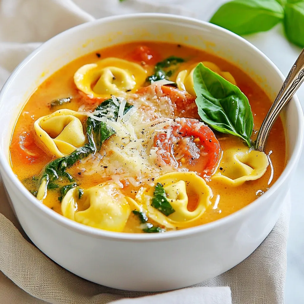 - 1 tablespoon olive oil - 1 medium onion, diced - 2 cloves garlic, minced - 3 cups vegetable broth - 1 can (14 oz) diced tomatoes, undrained - 1 cup heavy cream - 1 package (9 oz) fresh cheese tortellini - 2 cups fresh spinach, roughly chopped - 1 teaspoon dried basil - 1 teaspoon dried oregano - Salt and pepper to taste - Grated Parmesan cheese for serving - Fresh basil leaves for garnish - Olive oil: This adds a rich flavor and helps to cook the onion. - Onion: Diced onion gives sweetness and depth to the soup. - Garlic: Minced garlic adds a bold taste that wakes up the dish. - Vegetable broth: This is the soup's base. It adds flavor and depth. - Diced tomatoes: These add acidity and sweetness, balancing the cream. - Heavy cream: This gives the soup its creamy texture and richness. - Fresh cheese tortellini: These little pasta pockets bring heartiness to the soup. - Spinach: Fresh spinach adds color and nutrients to the dish. - Dried basil and oregano: These herbs enhance the soup with warm, earthy notes. - Salt and pepper: These are key for seasoning and bringing out flavors. - Grated Parmesan cheese: This adds a salty kick when served on top. - Fresh basil leaves: These make a lovely garnish and add a fresh taste. - For olive oil, look for extra virgin for the best flavor. - Choose onions that feel firm and heavy for their size. - Select garlic that is plump and has no sprouts. - Look for vegetable broth that has no added preservatives. - Pick diced tomatoes in a can with no added sugar or salt. - Use heavy cream that is not past its expiration date. - For cheese tortellini, choose fresh over dried for the best texture. - Check spinach for vibrant green leaves with no wilting. - When buying herbs, fresh ones should be fragrant and bright. - Ensure Parmesan cheese is fresh and has a strong aroma. - For fresh basil, select leaves that are bright and not brown. {{ingredient_image_1}} Start by heating one tablespoon of olive oil in a large pot over medium heat. Once hot, add one medium onion, diced. Sauté the onion for about five minutes. You want it to be soft and slightly translucent. Next, add two cloves of minced garlic. Cook this mixture for one more minute. The garlic should smell great and become fragrant. Now it's time to pour in three cups of vegetable broth. Also, add one can of diced tomatoes, juice included. Bring this mixture to a gentle simmer. This base gives your soup a rich flavor. After your base simmers, it's time to add the fun part: the tortellini. Stir in one package of fresh cheese tortellini. Cook them according to the package's instructions. This usually takes about five to seven minutes. You want the tortellini to be al dente, meaning they should have a slight bite to them. This texture adds to the soup's charm. Once the tortellini is cooked, add two cups of roughly chopped fresh spinach. Sprinkle in one teaspoon of dried basil and one teaspoon of dried oregano. Stir everything together until the spinach wilts. This should take about two to three minutes. The spinach will turn a bright green and add amazing color to your soup. Finally, season your soup with salt and pepper to taste. Give it a good stir. Now, let the soup cool slightly before serving. It’s ready to enjoy! To get that rich, creamy texture, start with heavy cream. This helps the soup feel smooth and thick. When you add it, make sure you stir well. Heat the soup gently after adding cream. This keeps it from curdling and helps blend the flavors. If you want it even creamier, try adding a little more cream or some cream cheese. To boost the taste, add fresh herbs like basil and oregano. They bring a bright flavor. You can also use a dash of red pepper flakes for some heat. If you like garlic, add an extra clove. A splash of lemon juice at the end can brighten up the dish too. Lastly, don't skip the Parmesan cheese! It adds depth and umami. One mistake is overcooking the tortellini. Follow the package instructions closely to keep them firm. Another mistake is not seasoning enough. Always taste your soup and adjust the salt and pepper. Lastly, don’t add the spinach too soon. It should wilt just before serving to keep its bright color and nutrients. Pro Tips Use Fresh Ingredients: For the best flavor, opt for fresh spinach and high-quality cheese tortellini. They will enhance the overall taste of the soup. Adjust Creaminess: If you prefer a lighter soup, you can substitute half of the heavy cream with additional vegetable broth or use a plant-based cream alternative. Flavor Boost: Add a pinch of red pepper flakes for a subtle heat that complements the creamy base and bright flavors of the soup. Make it Ahead: This soup can be made ahead of time and stored in the refrigerator for up to 3 days. Reheat gently on the stove, adding a splash of broth if it thickens too much. {{image_2}} You can easily add protein to your soup. Cooked chicken or sausage works well. For chicken, use shredded rotisserie or grilled pieces. It adds heartiness and flavor. For sausage, choose mild or spicy. Slice it and cook with onions for extra taste. Both options enhance the dish and make it more filling. Feel free to mix in other veggies. Zucchini, bell peppers, or mushrooms add great taste. You can also use kale instead of spinach. Chop them into small pieces so they cook quickly. This gives the soup a fresh twist and keeps it colorful. The more veggies, the better! If you need a gluten-free option, swap the tortellini. Look for gluten-free pasta made from rice or corn. You can also use spiralized zucchini as a low-carb alternative. Just remember to cook it briefly. These swaps keep the soup tasty and friendly for all diets. Enjoy the same creamy goodness without worry! To keep your creamy Tuscan tortellini soup fresh, place it in an airtight container. Make sure it cools down first. Store it in the fridge for up to three days. Always label your container with the date. This way, you know when to eat it! To reheat, pour the soup into a pot over medium heat. Stir it often to prevent sticking. You can also use a microwave. Heat it in a microwave-safe bowl for about two minutes. Stir halfway through to get even heat. Ensure it’s hot all the way through before serving. If you want to save some for later, freezing is a great option. Let the soup cool completely. Then, place it in a freezer-safe container. It can last up to three months in the freezer. When you’re ready to eat, thaw it overnight in the fridge. Reheat as described above. Enjoy the warmth of this cozy dish anytime! You can use half-and-half or whole milk as a substitute. Both give a creamy texture. If you want a lighter option, use Greek yogurt. Just mix it in slowly to avoid lumps. Coconut milk is also a great option for a dairy-free version. Yes, you can prepare this soup ahead of time. Make it and let it cool completely. Store it in an airtight container in the fridge. It’s best to add the tortellini fresh when serving. This keeps them from getting mushy. This soup will last about three to four days in the fridge. Be sure to keep it in an airtight container. If you notice any signs of spoilage, it’s best to throw it away. Always check for freshness before eating. This blog post covered the key ingredients for Creamy Tuscan Tortellini Soup and how to choose the best ones. I shared step-by-step instructions to make the soup, along with tips to perfect its creamy texture and flavor. We explored variations to fit different diets and preferences. Lastly, I provided storage info and answered common questions. Enjoying this dish can be easy and fun. With the right approach, you can impress everyone with your cooking!