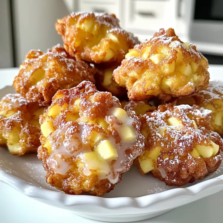 To make these tasty fritters, gather these simple items: - 1 cup all-purpose flour - 2 medium apples, peeled, cored, and diced (preferably Granny Smith) - 1/2 cup granulated sugar - 1/4 cup milk - 1 large egg - 1 teaspoon baking powder - 1/2 teaspoon cinnamon - 1/4 teaspoon nutmeg - 1/4 teaspoon salt - 1 teaspoon vanilla extract - 1/2 cup powdered sugar (for glaze) - 1 tablespoon lemon juice (for glaze) You can add extra flavors to these fritters: - Chopped nuts like walnuts or pecans for crunch - A splash of maple extract for sweetness - Dried fruits like raisins or cranberries for a chewy bite If you need to swap ingredients, try these options: - Use whole wheat flour instead of all-purpose for a healthier option - Almond milk or oat milk can replace regular milk - Flax egg (1 tablespoon flaxseed meal + 2.5 tablespoons water) can replace the egg for a vegan choice - Brown sugar can swap with granulated sugar for a richer taste To start, grab a large mixing bowl. Whisk together these dry ingredients: - 1 cup all-purpose flour - 1/2 cup granulated sugar - 1 teaspoon baking powder - 1/2 teaspoon cinnamon - 1/4 teaspoon nutmeg - 1/4 teaspoon salt Mix well until everything is combined. In another bowl, mix together: - 1/4 cup milk - 1 large egg - 1 teaspoon vanilla extract Stir these until smooth. Now, add 2 medium apples, peeled, cored, and diced. Fold them in gently. Pour the wet mixture into the dry mix. Stir until just combined. It's okay if a few lumps stay. Next, preheat your air fryer to 350°F (175°C). This usually takes about 5 minutes. Preheating helps the fritters cook evenly. It also gives them a nice golden color. Once preheated, lightly grease the air fryer basket with cooking spray. Using a medium cookie scoop or a tablespoon, drop spoonfuls of batter into the basket. Make sure to leave space between each fritter for air to flow. This helps them cook well. Cook the fritters for 8-10 minutes. They should turn golden brown and feel firm. You may need to work in batches based on your air fryer size. While they cook, prepare a glaze. In a small bowl, mix: - 1/2 cup powdered sugar - 1 tablespoon lemon juice Stir until smooth. Once the fritters finish cooking, let them cool slightly. Drizzle the glaze over warm fritters for a tasty finish. To get crispy fritters, start with the right batter. Mix the flour, sugar, baking powder, and spices well. Make sure your apples are diced small. This helps them cook faster and adds more flavor. Don’t overmix your batter; a few lumps are fine. This keeps the fritters light. When you drop the batter into the air fryer, leave space between each fritter. Good air flow helps them crisp up nicely. Finally, check them often. They should be golden brown and smell amazing. One big mistake is overcrowding the air fryer. If you add too many fritters, they won’t cook evenly. Another mistake is not preheating the air fryer. This step is key for the right texture. Be careful with the cooking time. If you leave them in too long, they may burn. Also, avoid using too much liquid in the batter. Too much milk can make them soggy. Lastly, don’t skip the glaze. It adds a sweet finish that makes your fritters shine. Air frying is a great way to enjoy fritters with less fat. Traditional frying adds a lot of oil. With the air fryer, you use just a light spray. This method keeps the fritters crispy without the extra grease. Apples are also very healthy. They are full of vitamins and fiber. Adding spices like cinnamon gives extra health perks too. Cinnamon can help regulate blood sugar. Enjoying these fritters can be a treat that feels good too! {{image_2}} You can make these fritters even better by adding different fruits. Try diced pears or peaches for a sweet twist. You can also mix in some dried cranberries or raisins for added texture. If you want to spice things up, consider adding a pinch of cardamom or ginger. Both spices pair well with apples and give your fritters a unique flavor. If you need gluten-free fritters, swap the all-purpose flour for a gluten-free blend. Many blends work well, but make sure it has a good mix of flours. You can also try almond flour or coconut flour for a nutty taste. Just remember to adjust the liquid if you use these flours, as they absorb moisture differently. To make these fritters vegan, you can replace the egg with a flax egg. Mix one tablespoon of ground flaxseed with three tablespoons of water, and let it sit for a few minutes. For the milk, use almond milk, soy milk, or oat milk. These simple swaps keep the flavors rich while making your fritters plant-based. Enjoy your tasty treat knowing they fit your diet! Store leftover fritters in an airtight container. Keep them at room temperature if you plan to eat them within a day. For longer storage, place them in the fridge. They will stay fresh for up to three days. Make sure they cool completely before sealing them in the container. To reheat, use your air fryer. Set it to 350°F (175°C) for about 3-5 minutes. This keeps them crispy and warm. You can also use a microwave, but they may become soft. If you do use the microwave, heat them in 15-second bursts to avoid overcooking. To freeze fritters, first let them cool completely. Then, place them in a single layer on a baking sheet. Freeze for about an hour. Once frozen, transfer them to a freezer-safe bag. They can last up to three months in the freezer. When you're ready to enjoy them, reheat directly from frozen in your air fryer. Air Fryer Apple Fritters last about 2-3 days when stored in an airtight container. They taste best fresh, but you can enjoy them later. To keep them fresh, store them in a cool place. When you're ready to eat, reheat them for a few minutes in the air fryer. This helps restore their crispiness. Yes, you can make fritters in a deep fryer or on a stovetop. For a deep fryer, heat oil to 350°F (175°C). Carefully drop spoonfuls of batter into the hot oil. Fry for about 3-4 minutes until golden brown. If you use a stovetop, heat oil in a pan and cook fritters in batches. Just be sure to flip them for even cooking. Granny Smith apples are the best choice for fritters. They bring a nice tartness that balances the sweetness of the sugar. Their firm texture holds up well during cooking. Other great options include Honeycrisp or Fuji apples for a sweeter flavor. Yes, you can make the glaze ahead of time. Mix the powdered sugar and lemon juice in a bowl. Store the glaze in the fridge until you are ready to use it. Just stir it well before drizzling it over the fritters. This makes it easy to prepare your fritters when you need them. In this article, we covered how to make air fryer apple fritters. We looked at the best ingredients, easy steps to follow, and tips for crispy fritters. You learned about fun variations and how to store leftovers. Air frying makes this treat tasty and healthier. With your new skills, you can enjoy experimenting with flavors. You can create fritters that suit your taste, making every batch a delight. Happy cooking!