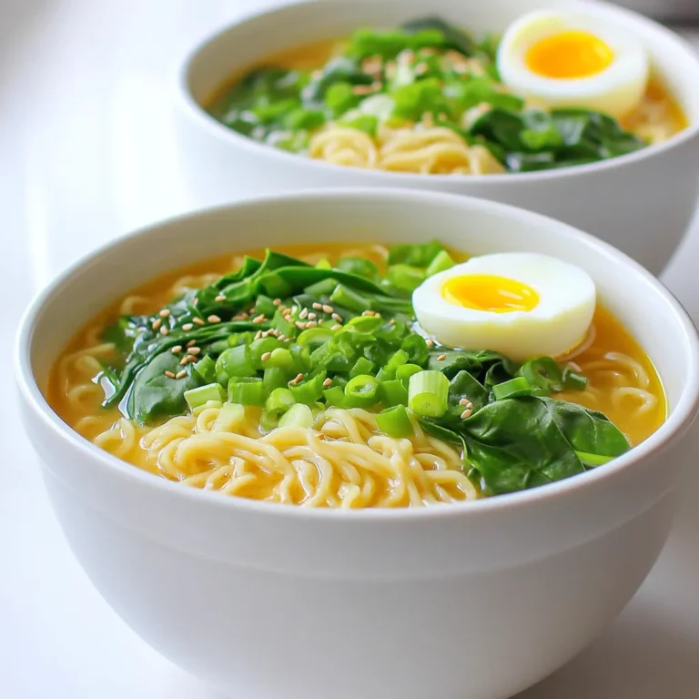 - 2 packs instant ramen noodles (any flavor) - 4 cups vegetable broth - 3 tablespoons sesame oil - 5 cloves garlic, minced - 2 tablespoons soy sauce (or tamari for gluten-free) - 1 tablespoon rice vinegar - 1 teaspoon red pepper flakes (adjust for spice preference) - 1 cup baby spinach (or any leafy greens) - 1/2 cup sliced green onions - 1 tablespoon sesame seeds (for garnish) - Optional: Soft-boiled eggs, halved (for protein) You will want to gather these ingredients before you start. Instant ramen noodles are the base. They cook fast and soak up flavor well. The vegetable broth adds depth and warmth. Next, sesame oil brings a nutty taste. Garlic packs a punch and gives aroma. Soy sauce or tamari adds saltiness. Rice vinegar adds a hint of tang. Red pepper flakes bring a kick, and you can adjust that to your liking. The baby spinach or leafy greens add color and nutrition. Green onions bring a fresh crunch, while sesame seeds add a lovely finish. If you want more protein, soft-boiled eggs are a great choice. They add creaminess and richness to the dish. Having these ingredients ready will help you make this meal quick and easy! Start by heating 4 cups of vegetable broth in a large saucepan. Place it over medium heat. You want to bring it to a gentle simmer. This means small bubbles will rise slowly. A gentle simmer keeps the broth flavorful without boiling it too hard. Grab a separate skillet and add 3 tablespoons of sesame oil. Heat it over medium heat. Then, add 5 minced garlic cloves and 1 teaspoon of red pepper flakes. Sauté the garlic for 1-2 minutes. You want it fragrant but not browned. This step adds depth to your broth. Carefully pour the sautéed garlic mixture into the simmering broth. Then, mix in 2 tablespoons of soy sauce and 1 tablespoon of rice vinegar. Stir well to combine everything. Let the broth simmer for another 2-3 minutes. This helps the flavors meld together nicely. Now, it’s time to cook the noodles. Add 2 packs of instant ramen noodles to the broth. Follow the package instructions for timing, usually about 3-4 minutes. Keep an eye on them to check for doneness. You want them tender, not mushy. In the last minute of cooking, add 1 cup of baby spinach to the pot. Stir gently, allowing it to wilt slightly. The spinach adds color and nutrition to your ramen. Once the noodles are cooked, ladle the ramen into deep bowls. Top with sliced green onions and sprinkle with sesame seeds. For a protein boost, add half of a soft-boiled egg if you like. This adds a nice touch to your meal. Serve it hot and enjoy! To make your Minute Garlic Sesame Ramen even tastier, consider adjusting the spice levels. Add more red pepper flakes if you enjoy heat. For a milder dish, use less or skip them altogether. You can also add a splash of chili oil for a different kick. For toppings, think beyond the basics. Try soft-boiled eggs for protein. You can also add sliced mushrooms, bamboo shoots, or toasted nori. These toppings add flavor and texture, making your ramen more fun to eat. Cooking the noodles correctly is crucial. Follow the package instructions closely to avoid overcooking. Noodles should be tender, not mushy. Keep an eye on the timer! The broth needs to be heated properly too. Start with a gentle simmer to bring all the flavors together. If it's boiling too hard, it can change the taste. Simmering lets the garlic and spices infuse the broth just right. To serve your ramen like a pro, choose deep bowls. This helps keep the broth hot and looks appealing. After ladling the ramen, add extra green onions on top. A sprinkle of sesame seeds gives a nice touch too. Using garnishes effectively makes your dish pop. A few fresh spinach leaves add color and freshness. The soft-boiled egg half looks great and makes your meal feel extra special. Enjoy your beautiful, tasty creation! {{image_2}} You can switch up your ramen by using different noodle types. Try rice noodles or soba noodles for a unique taste. Each type brings its own texture and flavor to the dish. If you want a richer broth, use chicken broth instead of vegetable broth. This small change can add a new depth to the flavor. For those who need gluten-free meals, use tamari instead of soy sauce. Tamari has a similar taste but fits into gluten-free diets. You can also make this dish vegan by leaving out the soft-boiled eggs. The ramen will still be tasty and filling without them. Seasonal vegetables can make your ramen shine. In spring, add asparagus or peas. In fall, try mushrooms or pumpkin. These veggies can change the dish's vibe and add fresh flavors. You can also adjust flavors based on different cuisines. For a spicy twist, add kimchi for a Korean flair. Or toss in some miso for a comforting Japanese touch. Each change can turn a simple ramen into a new experience. To store your Minute Garlic Sesame Ramen, let it cool first. Use an airtight container to keep it fresh. You can refrigerate it for up to three days. Make sure to separate the broth from the noodles if you can. This keeps the noodles from getting too soggy. When it’s time to eat your leftovers, there are a few ways to reheat them. You can use the stove or microwave. If using the stove, heat the broth in a pot. Add the noodles and stir until warm. If microwaving, place it in a bowl. Heat it in short bursts, stirring in between. To keep the flavor, don’t heat it too long. Overheating can change the taste and texture. If it looks dry, add a splash of broth or water. This helps bring back the original taste. For quick meals, you can prep the ingredients ahead of time. Chop your garlic and green onions and store them in the fridge. You can also measure out the sesame oil, soy sauce, and rice vinegar. Keep them in small containers for easy access. Cook the noodles separately if you want them fresh. Store them in a sealed bag. When you’re ready to eat, just combine the prepped ingredients with fresh noodles and broth. This makes your cooking quick and simple! Yes, you can prepare the broth and the noodles in advance. Store the broth in the fridge. Keep the noodles separate. When ready to eat, heat the broth and add the noodles. This keeps them from getting mushy. To add heat, increase the red pepper flakes. You can also add fresh chili slices or chili oil. Adjust it to your heat level. Start small and taste as you go. You can add soft-boiled eggs for creaminess. Cooked chicken, tofu, or shrimp work well too. These options make the meal more filling and flavorful. Yes, you can use vegetable oil or olive oil. However, sesame oil adds a unique nutty flavor. If you want the right taste, stick with sesame oil if possible. Stored properly, this ramen lasts about 3 days in the fridge. Keep the broth and noodles separate for best taste. Reheat gently to enjoy later. This article detailed a quick and tasty Minute Garlic Sesame Ramen recipe. I shared ingredients, step-by-step instructions, and helpful tips to improve flavor and presentation. You learned how to customize this meal with different ingredients and dietary options. Feel free to adapt the recipe for variety. Enjoy creating your own flavorful twist. Keep it simple, and remember to share your ramen creations with friends!