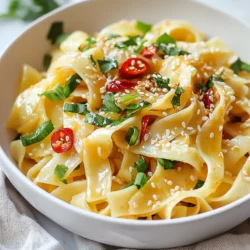 - 200g flat rice noodles - 3 tablespoons sesame oil - 5 cloves garlic, minced - 2 tablespoons ginger, grated - 1-2 red chilies, finely sliced - 3 tablespoons soy sauce - 1 tablespoon chili paste - 1 tablespoon brown sugar - 2 green onions, chopped - Fresh cilantro, for garnish - Optional: Toasted sesame seeds Making spicy garlic chili noodles is simple with the right ingredients. Start with flat rice noodles. They give a nice chewy texture. Next, you need sesame oil. This oil adds a rich, nutty flavor. Garlic and ginger are key for depth. These two ingredients bring warmth and zest to the dish. Red chilies give the heat. You can adjust the quantity to match your spice level. Soy sauce adds saltiness and umami. Chili paste enhances the heat and flavor profile. Brown sugar balances the spice, adding a hint of sweetness. Chop some green onions for freshness. Finally, fresh cilantro and sesame seeds make lovely garnishes. They add color and extra taste. With these ingredients, you create a bowl of comfort and flavor. {{ingredient_image_1}} - Bring salted water to a boil. - Add the flat rice noodles. - Cook until al dente, about 5-7 minutes. - Drain and rinse the noodles under cold water. - In a small bowl, mix soy sauce, chili paste, and brown sugar. - Stir until the sugar is fully dissolved. - Heat sesame oil in a large wok over medium heat. - Add minced garlic, grated ginger, and sliced red chilies. - SautΓ© for 2-3 minutes until fragrant. Be careful not to burn the garlic. - Add the cooked noodles to the wok. - Toss the noodles with the sauce until evenly coated. - Heat through for 3-4 minutes, stirring often. - Stir in the chopped green onions. - Mix well to combine everything evenly. - Plate the noodles in bowls. - Garnish with fresh cilantro and toasted sesame seeds if you like. To change the spice, you can modify the amount of red chilies and chili paste. Start with one chili and add more if you like heat. If the dish is too spicy, try adding more sugar to balance the flavor. You can also use bell peppers or sweet carrots for less heat. These will add crunch and keep it tasty. Cooking flat rice noodles is easy when you follow a few steps. First, bring a large pot of salted water to a boil. Add the noodles and cook until they are al dente, usually around 4-6 minutes. After draining, rinsing them in cold water stops the cooking process. This helps keep the noodles firm and prevents them from sticking together. To make this dish vegan, swap the regular soy sauce for a gluten-free version. You can also replace the sesame oil with olive oil if needed. Adding extra veggies, like mushrooms or snap peas, boosts flavor and nutrition. SautΓ© these with the garlic and ginger for a delicious twist. Pro Tips Adjust the Spice Level: Feel free to modify the amount of red chilies and chili paste based on your personal heat preference. Start with less if youβre unsure! Use Fresh Ingredients: Fresh garlic and ginger will enhance the flavor of your noodles significantly compared to pre-minced or powdered versions. Garnish for Extra Flavor: Adding fresh cilantro and toasted sesame seeds not only improves presentation but also adds a delightful crunch and freshness to the dish. Meal Prep Friendly: This dish is perfect for meal prep! Cook extra noodles and sauce and store them separately in the fridge for easy reheating during the week. {{image_2}} You can boost your spicy garlic chili noodles with proteins like chicken, shrimp, or tofu. For chicken, use thin strips and sautΓ© until cooked through. For shrimp, cook until they turn pink and opaque. If you choose tofu, press it to remove moisture, then cube and sautΓ© until golden. Adding protein not only makes the dish heartier, but it also enhances the flavor. Adding vegetables can bring freshness and crunch to your dish. Bell peppers, bok choy, and snap peas work great. To sautΓ© veggies, add them to the wok after the garlic and ginger. Cook until they are just tender but still crisp. This method keeps their color bright and keeps the noodles flavorful. Spicy garlic chili noodles vary around the world. In Thailand, you might find them with lime and peanuts. In China, they may include more soy sauce and less heat. To adapt flavors, try adding sesame seeds, lime juice, or different chili pastes. Each twist gives you a new taste experience while keeping the core recipe intact. To keep your spicy garlic chili noodles fresh, store them in an airtight container. Place them in the fridge right after they cool down. This method helps lock in their flavor. You should eat them within 3 days for the best taste. When you're ready to enjoy your leftovers, use a pan on low heat. Add a splash of water or a bit of oil to help the noodles steam. Stir gently until they heat through. This way, they stay soft and flavorful. You can also use a microwave. Heat in short bursts, stirring in between. This will help keep the noodles from getting tough. Yes, you can freeze spicy garlic chili noodles! To do this, let them cool completely. Then, place them in a freezer-safe bag. Squeeze out all the air and seal tightly. They can stay in the freezer for up to 2 months. When you're ready to eat, thaw them in the fridge overnight. Reheat as mentioned before for the best taste. Spicy garlic chili noodles are a simple, tasty dish. They come from Asian cuisine, often enjoyed in various countries. The dish features flat rice noodles coated in a savory sauce. Key flavors include garlic, ginger, and chili. The heat from the chilies gives it a kick, while brown sugar adds a hint of sweetness. You get a mix of spicy, sweet, and savory in every bite. To lower the heat, reduce the number of chilies you use. Start with just one chili for a milder taste. You can also skip the chili paste or use less of it. Adding more brown sugar can balance the heat too. Another option is mixing in some cooked vegetables like bell peppers to dilute the spice. Yes, you can prepare these noodles in advance. Cook the noodles and sauce separately. Store them in the fridge for up to two days. To enhance flavors, let the noodles sit overnight. This helps the sauce soak in and makes them even tastier when you reheat them. Spicy garlic chili noodles go great with many sides. Try a fresh cucumber salad for a crunch. Steamed broccoli or bok choy are also good choices. For drinks, serve it with green tea or a light beer to balance the heat. These pairings create a complete, satisfying meal. In this blog post, we explored how to make tasty spicy garlic chili noodles. We started with key ingredients and detailed each step, from cooking noodles to sautΓ©ing aromatics. I shared tips for adjusting spice and making the dish vegan. You can also customize it with proteins and veggies. Remember to store leftovers properly and enjoy these noodles as part of a delicious meal. This dish is not only easy to make, but it is also full of flavor and can adapt to your tastes. Enjoy cooking!