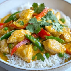 When making Coconut Curry Chicken, you need fresh and simple ingredients. Each one adds to the flavor. Here’s what you will use: - Chicken: - 1 lb (450g) boneless chicken thighs, cut into bite-sized pieces. - Coconut Milk: - 1 can (13.5 oz) coconut milk for a creamy base. - Vegetables: - 1 medium onion, chopped. - 1 red bell pepper, sliced. - 1 cup snap peas for crunch. - Spices and Sauces: - 2 tablespoons red curry paste for heat. - 1 tablespoon fresh ginger, grated for warmth. - 1 tablespoon garlic, minced for flavor. - 2 tablespoons soy sauce (or coconut aminos for a gluten-free option). - 2 tablespoons vegetable oil for cooking. - Fresh cilantro for garnish. You can also serve it over cooked jasmine rice or quinoa. This dish is bright and full of life! Each ingredient plays a role in making the curry rich and delicious. {{ingredient_image_1}} Start by chopping the onion. Slice the red bell pepper thinly. Rinse the snap peas and set them aside. This prep makes cooking easy. Heat 2 tablespoons of vegetable oil in a large skillet over medium heat. Once hot, add the chopped onion. Sauté until it turns clear, about 3-4 minutes. Next, add 1 tablespoon of minced garlic and 1 tablespoon of grated ginger. Stir these for 1 minute until they smell good. Then, add 2 tablespoons of red curry paste. Mix it well for about 2 minutes until it blends with the onion. Now, add 1 pound of boneless chicken thighs cut into bite-sized pieces. Stir to coat the chicken in the mix. Cook for 5-7 minutes until the chicken is no longer pink. Pour in 1 can of coconut milk and 2 tablespoons of soy sauce. Stir everything together and bring it to a gentle simmer. Add the sliced bell pepper and snap peas. Cook for 5-10 minutes until the veggies are tender and the chicken is cooked fully. Finally, season with salt and pepper to taste. Serve the Coconut Curry Chicken over jasmine rice or quinoa, and garnish with fresh cilantro. Enjoy your flavorful meal! Adjusting Spice Levels You can control the heat in your curry. If you like it mild, use less red curry paste. For more spice, add extra paste or chili flakes. Taste as you go. This helps you find the right balance. Cooking Techniques Use a large skillet or wok for even cooking. Start with sautéing the onions first. This builds flavor. When you add the chicken, cook it until it’s no longer pink. Then, pour in the coconut milk slowly. This keeps the dish creamy and smooth. Choosing Quality Ingredients Pick fresh chicken thighs for the best taste. Look for coconut milk with no additives. Fresh ginger and garlic add a lot of flavor. Use colorful veggies like red bell peppers and snap peas. They not only taste great but also make your dish look vibrant. Pro Tips Use Fresh Ingredients: Fresh ginger and garlic will provide a more vibrant flavor compared to dried. Always opt for fresh when possible. Adjust Spice Level: If you prefer a milder curry, start with less red curry paste and gradually add more to taste. You can always spice it up, but you can't take it out! Vegetable Variations: Feel free to mix in other vegetables like zucchini, carrots, or broccoli for added nutrition and color. Garnish for Flavor: A sprinkle of fresh cilantro not only adds a pop of color but also enhances the flavor profile of the dish. {{image_2}} Coconut curry chicken is flexible. You can change it up to suit your taste. Add more veggies for extra flavor and color. Try using: - 1 medium zucchini, sliced - 1 cup broccoli florets - 1 cup carrots, sliced - 1 cup baby spinach These add great texture and nutrition. Toss them in with the bell pepper and snap peas. They will cook nicely and soak up the curry flavor. If you need a gluten-free dish, use coconut aminos instead of soy sauce. This keeps the taste rich and savory. Always check labels on your curry paste and other sauces. Some might have hidden gluten. You can swap chicken for other proteins. Some tasty options include: - Shrimp: Cook for just 3-5 minutes until pink. - Tofu: Use firm tofu, cubed and sautéed until golden. - Beef: Thin strips of beef cook quickly and add a rich flavor. Each choice brings a new twist to your coconut curry chicken. Don't be afraid to experiment with what you have at home! Refrigeration Guidelines After enjoying your meal, let the Coconut Curry Chicken cool down. Transfer any leftovers into an airtight container. Store it in the fridge. It will stay fresh for about 3 to 4 days. Make sure to keep it sealed to avoid any odors. Freezing Coconut Curry Chicken If you want to save some for later, freezing is a great option. Place the cooled curry in a freezer-safe container or a zip-top bag. Remove as much air as possible. Label the container with the date. Your Coconut Curry Chicken will be good for up to 3 months in the freezer. Reheating Instructions To reheat, take it out of the fridge or freezer. If frozen, let it thaw in the fridge overnight. Heat the curry in a pot over medium heat. Stir it well to make sure it warms evenly. You can also use the microwave. Just cover the bowl and heat it in short bursts. Make sure it's hot all the way through before serving. Enjoy your tasty leftovers! Can I use chicken breast instead of thighs? Yes, you can use chicken breast. It will cook faster than thighs. Just cut it into small pieces. The taste will still be great. What can I serve with Coconut Curry Chicken? I love serving it with jasmine rice or quinoa. These grains soak up the yummy sauce. You can also add a fresh side salad or steamed veggies. How can I make it vegetarian? To make it vegetarian, swap the chicken for tofu or chickpeas. Use the same cooking steps. This will keep the flavors rich and satisfying. In this blog post, we explored how to make a delicious coconut curry chicken. We covered the key ingredients, step-by-step cooking instructions, and valuable tips for perfecting the dish. You also learned about variations to fit your taste and how to properly store leftovers. Enjoy experimenting with different flavors and ingredients. Making coconut curry chicken can be fun and easy. Happy cooking!