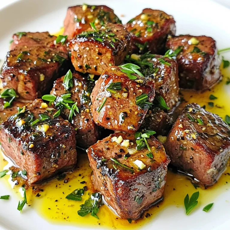 - 1 lb sirloin steak, cut into bite-sized cubes - 4 tablespoons unsalted butter - 4 cloves garlic, minced - 1 teaspoon fresh rosemary, chopped - 1 teaspoon fresh thyme, chopped - Salt and pepper - 1 tablespoon chopped parsley (optional) - Skillet - Paper towels - Serving dish When you make garlic butter steak bites, you need fresh, high-quality ingredients. The star of this dish is the sirloin steak. It has a great texture and flavor. I always go for grass-fed beef when I can. It tastes better and is better for you. Unsalted butter is a must. It allows you to control the salt level. Garlic adds a punch of flavor. I recommend using fresh garlic. Its taste is much stronger than dried. Fresh herbs like rosemary and thyme give the dish an aromatic lift. If you want, you can add chopped parsley as a garnish. It looks nice and adds a bit of freshness. For the tools, a good skillet works wonders. I always use a heavy-bottomed one for even cooking. Paper towels help to dry the steak. This step is key for a nice sear. Finally, you'll need a serving dish to showcase your delicious bites. Enjoy the process and the tasty results! {{ingredient_image_1}} To start, pat the steak cubes dry with paper towels. This step helps the steak sear well. Next, season the cubes with salt and pepper. Make sure to coat all sides evenly. Proper seasoning is key for great flavor. It brings out the best in the beef and adds depth to your dish. Now, heat a large skillet over medium-high heat. Add 2 tablespoons of butter and let it melt until it bubbles. Carefully place the steak bites in the skillet. Do this in a single layer to avoid overcrowding. If you have too many, cook them in batches. Each piece should cook for about 2-3 minutes on each side. This timing gives you a nice medium-rare steak. Adjust the time if you prefer a different doneness. Once browned, remove the steak bites and place them on a plate. In the same skillet, lower the heat to medium. Add the remaining 2 tablespoons of butter. Once melted, toss in the minced garlic, chopped rosemary, and thyme. Sauté for about 1-2 minutes until the mixture is fragrant. Then, return the steak bites to the skillet. Toss them well in the garlic butter for about 1 minute. This step coats the steak bites in rich flavor. Finally, remove from heat and transfer the steak to a serving dish. Drizzle any remaining garlic butter over the top. If you like, garnish with chopped parsley for a fresh touch. To check steak doneness, use a meat thermometer. It should read: - 120°F for rare - 130°F for medium-rare - 140°F for medium - 150°F for medium-well - 160°F for well done For cooking times, aim for 2-3 minutes per side for medium-rare. Adjust the time if you prefer it more cooked. Patting the steak cubes dry is key. Removing moisture helps achieve a nice crust. A good sear gives flavor and texture. Avoid overcrowding the skillet. Cook in batches if needed. This ensures even cooking and better browning. For presentation, serve steak bites on a wooden board or stylish platter. Add toothpicks for easy eating. Pair them with sides like a fresh salad or roasted veggies. A glass of red wine complements the dish well. Pro Tips Patting the Steak Dry: Make sure to thoroughly pat the steak cubes dry with paper towels before seasoning. This step ensures a better sear and enhances the flavor. Batch Cooking: If your skillet is small, cook the steak bites in batches to avoid overcrowding. This way, each piece gets a nice brown crust and cooks evenly. Resting the Steak: After cooking, allow the steak bites to rest for a few minutes before serving. This helps the juices redistribute, making the meat more tender and flavorful. Herb Variations: Feel free to experiment with different herbs such as thyme, oregano, or even a pinch of chili flakes for a spicy kick. Customizing the herbs can elevate the dish to your taste. {{image_2}} If you want to switch up your steak bites, many cuts work well. Here are a few great options: - Ribeye - Tenderloin - Flank steak Each cut has its own flavor and texture. Ribeye offers a rich taste with more fat. Tenderloin is lean and tender. Flank steak has a beefy flavor but can be tougher. When choosing a different cut, adjust the cooking time. Thicker cuts need more time, while thinner cuts cook faster. Monitor closely to avoid overcooking. To make your steak bites even tastier, try adding spices or sauces. Here are some ideas: - Paprika - Chili powder - Soy sauce These can bring a new twist to your dish. For a fresh touch, consider using herbs like: - Oregano - Basil - Cilantro Mix and match spices or herbs to find your favorite flavor combo! For those with dietary needs, there are simple swaps. To make the recipe gluten-free, use tamari instead of soy sauce. This keeps the flavor while ensuring it's safe. If you're watching carbs, skip the butter and use olive oil. This gives you a tasty, low-carb option. Always feel free to adjust the recipe to fit your diet! To keep your garlic butter steak bites fresh, use an airtight container. Place the steak bites in the container, making sure they are not stacked too high. This method helps maintain their texture. You can store them in the refrigerator for up to three days. If you want them to last longer, consider freezing them. When reheating steak bites, use low heat. Start by placing them in a skillet. Add a little butter or oil to keep them moist. Heat them for about 2-3 minutes on each side. This way, they warm up without overcooking. Overcooking can make them tough, so keep an eye on them. Freezing these bites is easy! First, let them cool completely. Then, place them in a freezer-safe bag. Try to remove as much air as you can. This helps prevent freezer burn. You can keep them frozen for up to three months. To thaw, place the bag in the fridge overnight. Once thawed, reheat using the method above. Enjoy your delicious garlic butter steak bites anytime! Yes, you can! Steak bites are versatile. Here are some great options: - Tenderloin: Very tender and cooks fast. - Ribeye: Rich in flavor and marbling. - Chicken breast: A lighter option that works well. - Pork loin: Juicy and easy to cook. Each type has a different taste and texture, so you can get creative. If you want to try new flavors, here are some herbs to consider: - Oregano: Has a warm, earthy taste. - Basil: Adds a sweet touch. - Parsley: Fresh and bright, a great garnish too. - Sage: Offers a savory flavor. Feel free to mix and match based on what you like! You can use a few simple methods to check the doneness: - Touch test: Press the steak. Soft means rare; firm means well-done. - Thermometer: Use an instant-read one. Aim for 130°F for medium-rare. - Cut it open: This method shows the inside, but it can lose juices. These tips help you cook steak bites just how you like them! You learned how to make tasty garlic butter steak bites from scratch. We covered the key ingredients, like sirloin, butter, garlic, and herbs. I shared step-by-step instructions for seasoning, searing, and making your sauce. You also discovered tips for perfect doneness and ways to customize the dish. Remember, experimenting with different meats and herbs keeps the recipe fresh! Enjoy impressing your friends and family with this simple yet delicious meal.