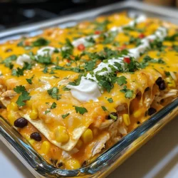 - 2 cups cooked chicken, shredded - 1 can (15 oz) black beans, drained and rinsed - 1 cup cooked rice (white or brown) - 1 cup corn kernels (fresh, canned, or frozen) - 1 cup salsa - 1 teaspoon cumin - 1 teaspoon chili powder - 1 cup shredded cheddar cheese - 1 cup shredded Monterey Jack cheese - 8 large flour tortillas - ½ cup sour cream (for topping) - Fresh cilantro, chopped (for garnish) Gather these ingredients before you start. Using shredded chicken makes this dish easy and quick. You can use leftover chicken or buy a rotisserie chicken for extra flavor. Black beans add protein and fiber. I prefer using canned beans since they save time. Rinse them well to remove excess sodium. Choose rice based on your preference. White rice is fluffy, while brown rice gives a nutty taste and more nutrients. Corn adds sweetness and texture. You can use fresh corn if it’s in season, or canned or frozen corn for convenience. For flavor, salsa is key. It adds moisture and zest to the dish. Cumin and chili powder bring warmth and depth. Cheeses create a delicious, gooey topping. I like to mix cheddar and Monterey Jack for the best flavor. Finally, large flour tortillas help hold everything together. Don’t forget the sour cream on top. It adds creaminess. Fresh cilantro brightens the dish and makes it look appealing. {{ingredient_image_1}} 1. Preheating the oven: Start by preheating your oven to 350°F (175°C). This ensures even cooking for your casserole. 2. Combining the chicken mixture: In a large mixing bowl, mix the following ingredients: - 2 cups cooked chicken, shredded - 1 can (15 oz) black beans, drained and rinsed - 1 cup cooked rice (white or brown) - 1 cup corn kernels (fresh, canned, or frozen) - 1 cup salsa - 1 teaspoon cumin - 1 teaspoon chili powder Stir everything until well combined. This mixture is the heart of your casserole. 1. Layering the tortillas: Take a greased 9x13 inch casserole dish and layer 4 large flour tortillas at the bottom. Overlap them as needed to cover the base. 2. Adding the chicken mixture and cheese: Pour half of the chicken mixture over the tortillas. Then, sprinkle half of the shredded cheddar and Monterey Jack cheese on top. This adds flavor and creaminess. Next, layer the remaining tortillas on top. Spread the second half of the chicken mixture over these. Finish by topping it all with the rest of the cheese. 1. Covering and baking: Cover the casserole with aluminum foil. Place it in the preheated oven and bake for 25 minutes. This keeps the moisture in and helps the flavors meld together. 2. Final baking step for cheese topping: After 25 minutes, remove the foil. Bake for an additional 10-15 minutes until the cheese is bubbly and golden. This gives your casserole a nice, crispy top. Let it cool for 5 minutes before serving. Enjoy your delicious chicken burrito casserole! To ensure you do not overbake the casserole, keep an eye on the cheese. Bake it just until the cheese is bubbly and golden. This usually takes about 10 to 15 minutes after removing the foil. If you see it starting to brown too quickly, you can cover it again with foil. For shredding chicken easily, use two forks. Simply pull apart the chicken gently until it is shredded to your liking. Another method is to use a stand mixer with a paddle attachment. Just place the cooked chicken in the bowl and mix on low speed for a few seconds. Serving the casserole with a drizzle of sour cream adds a nice touch. You can place the sour cream in a squeeze bottle for easy drizzling. This way, everyone can add as much or as little as they like. For garnishing, fresh cilantro works wonders. Simply chop it finely and sprinkle it on top just before serving. It adds color and a burst of flavor that brightens the dish. I recommend using a 9x13 inch casserole dish. This size is perfect for layering all the ingredients. It holds the casserole well and is easy to transport. For mixing and layering, you will need a large mixing bowl for the chicken mixture. A spatula is helpful for spreading the mixture evenly in the dish. A pair of kitchen tongs can also make layering the tortillas easier. Pro Tips Use Rotisserie Chicken: For a quicker prep time, consider using store-bought rotisserie chicken instead of cooking your own. Customize Your Beans: Feel free to swap black beans with pinto or kidney beans based on your preference. Add Veggies: Incorporate additional vegetables like bell peppers or zucchini for extra nutrition and color. Make It Ahead: This casserole can be assembled a day in advance and stored in the fridge until you're ready to bake it. {{image_2}} You can switch up your protein for this Chicken Burrito Casserole. Try using ground beef or turkey if you prefer. For a meat-free option, use lentils or tempeh. They add great texture and flavor. You can also change the beans. Pinto beans or kidney beans work well too. If you want to change the rice, go for brown rice or quinoa. Both add a nice twist. Want some heat? Add sliced jalapeños or spicy salsa. These will make your casserole lively and flavorful. You can also mix different cheeses. Use pepper jack for a kick, or go with a blend of your favorites. This casserole pairs well with fresh sides. A simple salad adds crunch. Guacamole gives a creamy touch that everyone loves. For meal prep, you can divide the casserole into portions. Store them in containers for quick meals during the week. They reheat well and taste just as good! To store leftover casserole, let it cool first. Then, place it in an airtight container. This keeps the dish fresh. You can store it in the fridge for about three to four days. When reheating, heat it in the oven or microwave. If using the oven, cover it with foil. This helps the casserole heat evenly. Microwave it in short bursts. Stir occasionally to avoid hot spots. To freeze the casserole, prepare it as usual but do not bake. Instead, cover it tightly with plastic wrap and then with foil. This helps prevent freezer burn. You can freeze it for up to three months. For defrosting, move it to the fridge overnight. This allows it to thaw safely. To reheat, bake it at 350°F (175°C) for about 30-35 minutes. Make sure it heats all the way through. In the fridge, the casserole lasts three to four days. After freezing, it’s best to eat it within three months for the best taste. You can still consume it after that, but the flavor may change. Always check for signs of spoilage before eating. Can I make Chicken Burrito Casserole ahead of time? Yes, you can make this casserole ahead. Prepare it up to the baking step. Cover it and store it in the fridge for up to two days. When ready, bake it as directed. Is it possible to freeze Chicken Burrito Casserole? Absolutely! You can freeze the casserole before baking. Wrap it tightly in foil or plastic wrap. It will last for about three months in the freezer. To bake, thaw it in the fridge overnight and then cook as usual. What can I use instead of tortillas? You can use corn tortillas for a gluten-free option. Alternatively, try using tortilla chips for a crunchy twist. Just layer them like you would with regular tortillas. How do I know when the casserole is cooked properly? Check the center with a knife. It should come out hot and clean. The cheese should also be bubbly and golden. This means it’s ready to serve. What are some good side dishes to serve with it? A fresh salad pairs well with the casserole. You can also serve guacamole or chips. Another great choice is a side of refried beans. Can I use different types of cheese? Yes, you can mix and match cheeses. Try pepper jack for spice or mozzarella for a milder taste. Just keep the total amount the same. What can I substitute for sour cream? Greek yogurt is a great substitute for sour cream. It has a similar texture and tang. You can also use cream cheese for a richer flavor. This Chicken Burrito Casserole combines tasty ingredients and simple steps. You learned how to layer flavors, bake them, and make it your own with different options. Remember to store leftovers properly to enjoy later. Whether for a family dinner or meal prep, this dish is both fun and versatile. With tips on serving and variations, you can please anyone's taste buds. Try it out, and watch your loved ones enjoy every bite!