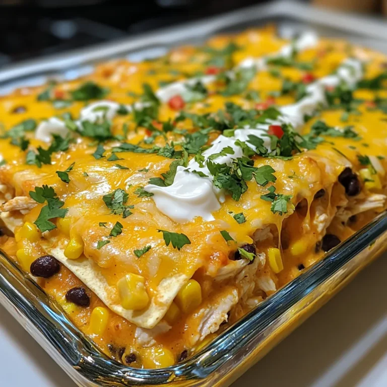 - 2 cups cooked chicken, shredded - 1 can (15 oz) black beans, drained and rinsed - 1 cup cooked rice (white or brown) - 1 cup corn kernels (fresh, canned, or frozen) - 1 cup salsa - 1 teaspoon cumin - 1 teaspoon chili powder - 1 cup shredded cheddar cheese - 1 cup shredded Monterey Jack cheese - 8 large flour tortillas - ½ cup sour cream (for topping) - Fresh cilantro, chopped (for garnish) Gather these ingredients before you start. Using shredded chicken makes this dish easy and quick. You can use leftover chicken or buy a rotisserie chicken for extra flavor. Black beans add protein and fiber. I prefer using canned beans since they save time. Rinse them well to remove excess sodium. Choose rice based on your preference. White rice is fluffy, while brown rice gives a nutty taste and more nutrients. Corn adds sweetness and texture. You can use fresh corn if it’s in season, or canned or frozen corn for convenience. For flavor, salsa is key. It adds moisture and zest to the dish. Cumin and chili powder bring warmth and depth. Cheeses create a delicious, gooey topping. I like to mix cheddar and Monterey Jack for the best flavor. Finally, large flour tortillas help hold everything together. Don’t forget the sour cream on top. It adds creaminess. Fresh cilantro brightens the dish and makes it look appealing. {{ingredient_image_1}} 1. Preheating the oven: Start by preheating your oven to 350°F (175°C). This ensures even cooking for your casserole. 2. Combining the chicken mixture: In a large mixing bowl, mix the following ingredients: - 2 cups cooked chicken, shredded - 1 can (15 oz) black beans, drained and rinsed - 1 cup cooked rice (white or brown) - 1 cup corn kernels (fresh, canned, or frozen) - 1 cup salsa - 1 teaspoon cumin - 1 teaspoon chili powder Stir everything until well combined. This mixture is the heart of your casserole. 1. Layering the tortillas: Take a greased 9x13 inch casserole dish and layer 4 large flour tortillas at the bottom. Overlap them as needed to cover the base. 2. Adding the chicken mixture and cheese: Pour half of the chicken mixture over the tortillas. Then, sprinkle half of the shredded cheddar and Monterey Jack cheese on top. This adds flavor and creaminess. Next, layer the remaining tortillas on top. Spread the second half of the chicken mixture over these. Finish by topping it all with the rest of the cheese. 1. Covering and baking: Cover the casserole with aluminum foil. Place it in the preheated oven and bake for 25 minutes. This keeps the moisture in and helps the flavors meld together. 2. Final baking step for cheese topping: After 25 minutes, remove the foil. Bake for an additional 10-15 minutes until the cheese is bubbly and golden. This gives your casserole a nice, crispy top. Let it cool for 5 minutes before serving. Enjoy your delicious chicken burrito casserole! To ensure you do not overbake the casserole, keep an eye on the cheese. Bake it just until the cheese is bubbly and golden. This usually takes about 10 to 15 minutes after removing the foil. If you see it starting to brown too quickly, you can cover it again with foil. For shredding chicken easily, use two forks. Simply pull apart the chicken gently until it is shredded to your liking. Another method is to use a stand mixer with a paddle attachment. Just place the cooked chicken in the bowl and mix on low speed for a few seconds. Serving the casserole with a drizzle of sour cream adds a nice touch. You can place the sour cream in a squeeze bottle for easy drizzling. This way, everyone can add as much or as little as they like. For garnishing, fresh cilantro works wonders. Simply chop it finely and sprinkle it on top just before serving. It adds color and a burst of flavor that brightens the dish. I recommend using a 9x13 inch casserole dish. This size is perfect for layering all the ingredients. It holds the casserole well and is easy to transport. For mixing and layering, you will need a large mixing bowl for the chicken mixture. A spatula is helpful for spreading the mixture evenly in the dish. A pair of kitchen tongs can also make layering the tortillas easier. Pro Tips Use Rotisserie Chicken: For a quicker prep time, consider using store-bought rotisserie chicken instead of cooking your own. Customize Your Beans: Feel free to swap black beans with pinto or kidney beans based on your preference. Add Veggies: Incorporate additional vegetables like bell peppers or zucchini for extra nutrition and color. Make It Ahead: This casserole can be assembled a day in advance and stored in the fridge until you're ready to bake it. {{image_2}} You can switch up your protein for this Chicken Burrito Casserole. Try using ground beef or turkey if you prefer. For a meat-free option, use lentils or tempeh. They add great texture and flavor. You can also change the beans. Pinto beans or kidney beans work well too. If you want to change the rice, go for brown rice or quinoa. Both add a nice twist. Want some heat? Add sliced jalapeños or spicy salsa. These will make your casserole lively and flavorful. You can also mix different cheeses. Use pepper jack for a kick, or go with a blend of your favorites. This casserole pairs well with fresh sides. A simple salad adds crunch. Guacamole gives a creamy touch that everyone loves. For meal prep, you can divide the casserole into portions. Store them in containers for quick meals during the week. They reheat well and taste just as good! To store leftover casserole, let it cool first. Then, place it in an airtight container. This keeps the dish fresh. You can store it in the fridge for about three to four days. When reheating, heat it in the oven or microwave. If using the oven, cover it with foil. This helps the casserole heat evenly. Microwave it in short bursts. Stir occasionally to avoid hot spots. To freeze the casserole, prepare it as usual but do not bake. Instead, cover it tightly with plastic wrap and then with foil. This helps prevent freezer burn. You can freeze it for up to three months. For defrosting, move it to the fridge overnight. This allows it to thaw safely. To reheat, bake it at 350°F (175°C) for about 30-35 minutes. Make sure it heats all the way through. In the fridge, the casserole lasts three to four days. After freezing, it’s best to eat it within three months for the best taste. You can still consume it after that, but the flavor may change. Always check for signs of spoilage before eating. Can I make Chicken Burrito Casserole ahead of time? Yes, you can make this casserole ahead. Prepare it up to the baking step. Cover it and store it in the fridge for up to two days. When ready, bake it as directed. Is it possible to freeze Chicken Burrito Casserole? Absolutely! You can freeze the casserole before baking. Wrap it tightly in foil or plastic wrap. It will last for about three months in the freezer. To bake, thaw it in the fridge overnight and then cook as usual. What can I use instead of tortillas? You can use corn tortillas for a gluten-free option. Alternatively, try using tortilla chips for a crunchy twist. Just layer them like you would with regular tortillas. How do I know when the casserole is cooked properly? Check the center with a knife. It should come out hot and clean. The cheese should also be bubbly and golden. This means it’s ready to serve. What are some good side dishes to serve with it? A fresh salad pairs well with the casserole. You can also serve guacamole or chips. Another great choice is a side of refried beans. Can I use different types of cheese? Yes, you can mix and match cheeses. Try pepper jack for spice or mozzarella for a milder taste. Just keep the total amount the same. What can I substitute for sour cream? Greek yogurt is a great substitute for sour cream. It has a similar texture and tang. You can also use cream cheese for a richer flavor. This Chicken Burrito Casserole combines tasty ingredients and simple steps. You learned how to layer flavors, bake them, and make it your own with different options. Remember to store leftovers properly to enjoy later. Whether for a family dinner or meal prep, this dish is both fun and versatile. With tips on serving and variations, you can please anyone's taste buds. Try it out, and watch your loved ones enjoy every bite!