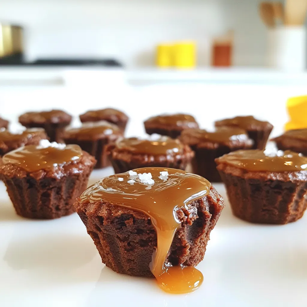 To make Salted Caramel Brownie Bites, you need a few simple ingredients. Each one adds to the rich flavor and texture of these treats. Here's what you'll need: - 1 cup dark chocolate chips - 1/2 cup unsalted butter - 1 cup granulated sugar - 2 large eggs - 1 teaspoon vanilla extract - 1/2 cup all-purpose flour - 1/4 cup cocoa powder - 1/4 teaspoon salt - 1/2 cup caramel sauce (store-bought or homemade) - Flaky sea salt, for topping Each ingredient plays a key role. The dark chocolate chips give a deep taste. Unsalted butter adds creaminess. Granulated sugar adds sweetness, while eggs help bind everything together. Vanilla extract gives a nice aroma. Flour and cocoa powder create the brownie base. Salt enhances the flavors. Caramel sauce brings that sweet, gooey center. Finally, flaky sea salt on top adds a lovely crunch and contrast. With this list, you're ready to create something truly delightful. Start by preheating your oven to 350°F (175°C). This step warms the oven, helping the brownies bake evenly. Line a mini muffin tin with paper liners or lightly grease it to prevent sticking. In a microwave-safe bowl, combine 1 cup of dark chocolate chips and 1/2 cup of unsalted butter. Heat this mixture in the microwave in 30-second intervals. Stir in between until it is fully melted and smooth. This chocolate mixture gives our brownie bites a rich flavor. In a large mixing bowl, whisk together 1 cup of granulated sugar, 2 large eggs, and 1 teaspoon of vanilla extract. Make sure everything mixes well. This step adds sweetness and flavor to our brownies. In a separate bowl, sift together 1/2 cup of all-purpose flour, 1/4 cup of cocoa powder, and 1/4 teaspoon of salt. Gradually fold the dry ingredients into the wet mixture. Mix until just combined. Do not overmix; we want soft brownie bites. Spoon about 1 tablespoon of brownie batter into each muffin cup. Next, add 1 teaspoon of caramel sauce on top of each batter portion. Use a small spoon or squeeze bottle for this. Then, top each caramel-filled brownie with another tablespoon of brownie batter, covering the caramel completely. Bake the brownie bites in the preheated oven for 15-18 minutes. To check if they are done, insert a toothpick in the center. It should come out with a few moist crumbs. After baking, let the brownie bites cool in the pan for about 10 minutes. Then, transfer them to a wire rack to cool completely. To get the best texture for your brownie bites, pay attention to the mixing. When you combine the dry and wet ingredients, fold gently. Over-mixing can make them tough. You want a soft, fudgy bite. Bake just until a toothpick comes out with moist crumbs. This keeps them chewy and rich. For the perfect drizzle, heat your caramel sauce slightly. This makes it thinner and easier to pour. Use a small spoon or squeeze bottle to control the flow. Drizzle it right before serving for a lovely look. The warm sauce adds a nice touch to the bites. If you need to swap ingredients, here are some ideas: - Use coconut oil instead of unsalted butter for a dairy-free option. - Substitute brown sugar for granulated sugar for deeper flavor. - Swap all-purpose flour with almond flour for a gluten-free version. These changes can still yield tasty brownie bites while meeting your needs. {{image_2}} You can easily add nuts to your Salted Caramel Brownie Bites. Walnuts or pecans work well. Just chop them up and fold them into the batter. This adds a nice crunch. You can use about 1/2 cup of nuts. Try toasting them first for extra flavor. The nuts blend perfectly with the rich chocolate and sweet caramel. To make these brownie bites gluten-free, swap out the all-purpose flour. You can use almond flour or a gluten-free baking blend. Both options will keep the bites moist and tasty. Make sure your caramel sauce is also gluten-free. This way, everyone can enjoy this treat without worry. You can play with flavors in these brownie bites. For a minty twist, add mint extract instead of vanilla. You can also mix in some espresso powder for a coffee flavor. Another option is to use white chocolate chips instead of dark chocolate. This gives a sweet and creamy taste. Each variation brings a new spin to the classic brownie bite. To keep your salted caramel brownie bites fresh, place them in an airtight container. This helps keep them soft and moist for a longer time. You can store them at room temperature for up to three days. For longer storage, the fridge is a great option. Just remember to let them come back to room temperature before serving. This way, they will taste just as good as when they were fresh. For the best storage, layer the brownie bites in the container. Use parchment paper between the layers to avoid sticking. If you have many bites, consider using a larger container. Make sure to close the lid tightly. This keeps air out and prevents drying. If you like, you can also wrap each bite in plastic wrap. This adds extra protection against air and will keep them fresh longer. Freezing is a smart way to save your brownie bites for later. First, let them cool completely. Then, place them in a single layer on a baking sheet. Freeze them for about two hours. Once they are firm, transfer them to a freezer-safe bag. Make sure to squeeze out as much air as possible before sealing. You can freeze them for up to three months. When you want to enjoy them, just thaw at room temperature for a few hours. Enjoy your delicious treats anytime! Salted caramel brownie bites are small, rich treats. They combine brownie batter and gooey caramel. Each bite has a sweet and salty flavor. The flaky sea salt on top adds a great crunch. You bake them in a mini muffin tin. They are perfect for sharing or snacking. Yes, you can use semi-sweet chocolate. It will change the flavor a bit. Semi-sweet chocolate is sweeter than dark chocolate. This change can make the bites taste less rich. If you like sweeter treats, this option works well. These brownie bites last about 3 to 4 days. Store them in an airtight container. Keep them at room temperature for the best taste. If you put them in the fridge, they may become firm. Yes, you can make them ahead of time. Bake the brownie bites and let them cool. Store them in an airtight container. You can make them up to 2 days in advance. Just add the extra caramel sauce and flaky salt before serving. You can find pre-made brownie bites at bakeries or dessert shops. Many grocery stores also sell them. Look in the bakery section for packaged treats. Some online stores offer delivery for gourmet desserts. Check local listings for the best options. In this blog post, I shared how to make delicious salted caramel brownie bites. We covered each ingredient, from dark chocolate to flaky sea salt. I detailed step-by-step instructions, tips for the perfect texture, and fun variations. Remember to store your bites properly for freshness. These bites are easy to make and fun to customize. Enjoy trying your own flavors! I hope you love making these treats as much as I do.