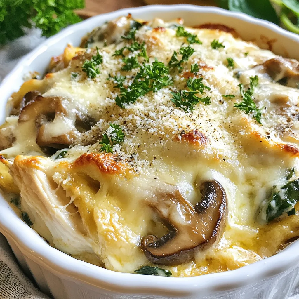 - 2 cups cooked chicken, shredded or diced - 2 cups mushrooms, sliced (cremini or button) - 4 cloves garlic, minced - 1 cup heavy cream - 1 cup shredded mozzarella cheese - 1/2 cup grated Parmesan cheese - 1 tablespoon olive oil - 1 teaspoon dried thyme - 1 teaspoon salt - 1/2 teaspoon black pepper - 2 cups fresh spinach, chopped - 1/4 teaspoon red pepper flakes (optional, for added spice) Each ingredient in this dish has great benefits. Chicken is a good source of protein. It helps build muscle and keeps you full. Mushrooms add flavor and are low in calories. They also contain vitamins and minerals. Garlic not only boosts taste but also supports your immune system. Heavy cream gives the casserole a rich texture without added carbs. Spinach is a superfood packed with iron and vitamins. Mozzarella and Parmesan cheese provide calcium and taste, while thyme adds a lovely herb flavor. Red pepper flakes can give it a spicy kick if you like heat. You can swap ingredients to fit your diet. If you need a dairy-free option, use coconut cream instead of heavy cream. For a vegan dish, replace chicken with chickpeas or tofu. Nutritional yeast can be a great cheese substitute for flavor. If you want to lower fat, try low-fat cheese or yogurt. Always adjust based on what you like and what you can eat. This makes the casserole more personal and enjoyable! {{ingredient_image_1}} First, gather all your ingredients. You need cooked chicken, mushrooms, garlic, and cheeses. Prepare your 9x13 inch baking dish. Grease it lightly with oil. Preheat your oven to 375°F (190°C). This step is key for a perfect bake. Next, slice the mushrooms. I like to use cremini or button mushrooms. They add great flavor. Then, mince the garlic. You can use fresh or jarred garlic. Fresh garlic packs more punch. Heat a large skillet over medium heat. Add one tablespoon of olive oil. Once hot, add the sliced mushrooms. Sauté them until golden brown. This takes about 5-7 minutes. Stir often to avoid burning. When the mushrooms are done, add the minced garlic. Cook for 1-2 minutes. You want the garlic fragrant but not burnt. Then, combine the cooked chicken, sautéed mushrooms, garlic, chopped spinach, thyme, salt, black pepper, and red pepper flakes in a large bowl. Mix all the ingredients well. In another bowl, whisk the heavy cream with half the mozzarella and Parmesan cheese. This creates a smooth sauce. Pour this mixture over the chicken and veggies. Stir gently to coat everything evenly. Now, transfer the mixture to your greased baking dish. Top it with the remaining mozzarella and Parmesan. Spread the cheese evenly over the top. Bake the casserole in the preheated oven for 25-30 minutes. Watch for the cheese to melt and bubble. This shows it’s ready. Let it cool for a few minutes before serving. Cooling helps the flavors blend well. Enjoy your keto garlic mushroom chicken casserole! To make your casserole shine, follow a few simple tips. First, use fresh ingredients. Fresh mushrooms and spinach add great taste. Next, sauté the mushrooms until they are golden brown. This step builds a rich flavor base. When mixing the chicken and veggies, fold them gently. This keeps the chicken pieces whole and makes it look nice. Finally, let the casserole rest after baking. This helps the flavors meld and makes serving easier. A few common mistakes can ruin your casserole. One mistake is overcooking the mushrooms. If they cook too long, they can get soggy. Another issue is using low-quality cheese. Cheap cheese may not melt well or taste good. Also, do not skip the thyme. This herb brings a lovely aroma and taste to your dish. Lastly, avoid rushing the cooling time. Cutting too soon can cause a messy presentation. To boost the flavor, think outside the box. You can add different herbs like basil or oregano. A splash of lemon juice brightens the dish too. For some heat, mix in more red pepper flakes or use a pinch of cayenne. If you love cheese, consider adding feta or goat cheese for a tangy twist. A sprinkle of fresh parsley or chives on top makes it look even better. With these tips, your Keto Garlic Mushroom Chicken Casserole will be tasty and impressive! Pro Tips Use Fresh Ingredients: Fresh mushrooms and spinach will enhance the flavor and texture of your casserole, making it more delicious. Customize Your Cheese: Feel free to mix different cheeses like cheddar or gouda for a unique flavor profile that suits your taste. Double the Recipe: This casserole freezes well, so consider making a double batch for quick weeknight dinners later on. Let It Rest: Allow the casserole to cool for a few minutes before serving to help it set and make it easier to serve. {{image_2}} You can change the flavors by swapping some ingredients in this dish. Try using different types of mushrooms, like shiitake or portobello, for a richer taste. You can also switch heavy cream with coconut cream for a hint of sweetness. If you like a kick, add a dash of your favorite hot sauce to the cream mixture. You can make this casserole vegetarian by omitting the chicken. Replace it with lentils or chickpeas for protein. For a dairy-free option, use cashew cream instead of heavy cream. Nutritional yeast adds a cheesy flavor without dairy and is great for vegans. To boost the nutrition, add more veggies. You can toss in broccoli or bell peppers for color and crunch. Chopped kale can also work well in this dish. For healthy fats, consider adding sliced avocado or nuts like walnuts on top before serving. These add-ons enhance both flavor and health benefits. To keep your Keto Garlic Mushroom Chicken Casserole fresh, store it in an airtight container. Let it cool to room temperature first. This helps prevent moisture buildup. You can store it for up to four days in the fridge. Always label your container with the date. This way, you know how long it’s been stored. You can also freeze this casserole for later use. First, allow it to cool completely. Then, cut it into portions for easy thawing. Wrap each portion in plastic wrap, then place it in a freezer-safe bag. Make sure to remove all air from the bag. It will last about three months in the freezer. When you’re ready to eat, thaw it in the fridge overnight. To reheat your casserole, you can use the oven or microwave. If using the oven, preheat it to 350°F (175°C). Place the casserole in a baking dish, cover it with foil, and heat for about 20 minutes. This keeps it moist. In the microwave, heat it in short intervals, stirring in between. Always check the center to ensure it’s hot throughout. Enjoy your meal! This dish has about 6 grams of carbs per serving. The main carbs come from the mushrooms and spinach. Since both are low in carbs, this casserole fits well in a keto diet. You can enjoy it without worry. Yes, you can use other cheeses. Cheddar, gouda, or even a mix can work well. These options can change the flavor a bit. Just make sure the cheese melts nicely. This keeps your casserole creamy and delicious. Leftovers will last about 3 to 4 days in the fridge. Store them in an airtight container. This keeps the flavors fresh. You can easily reheat the casserole in the oven or microwave. Just make sure it's heated through. Absolutely! This casserole is great for meal prep. You can make it ahead of time and store it. Just portion it out for easy meals during the week. It reheats well, making it a perfect option for busy days. In this blog post, we explored keto garlic mushroom chicken casserole, covering key ingredients and their benefits. You learned about preparation steps, cooking techniques, and tips to avoid mistakes. We also discussed variations for unique flavors and provided storage tips for leftovers. This dish is easy to make and versatile for any diet. Whether you're new to cooking or looking to enhance flavors, this casserole is a winner. Enjoy creating your own version!
