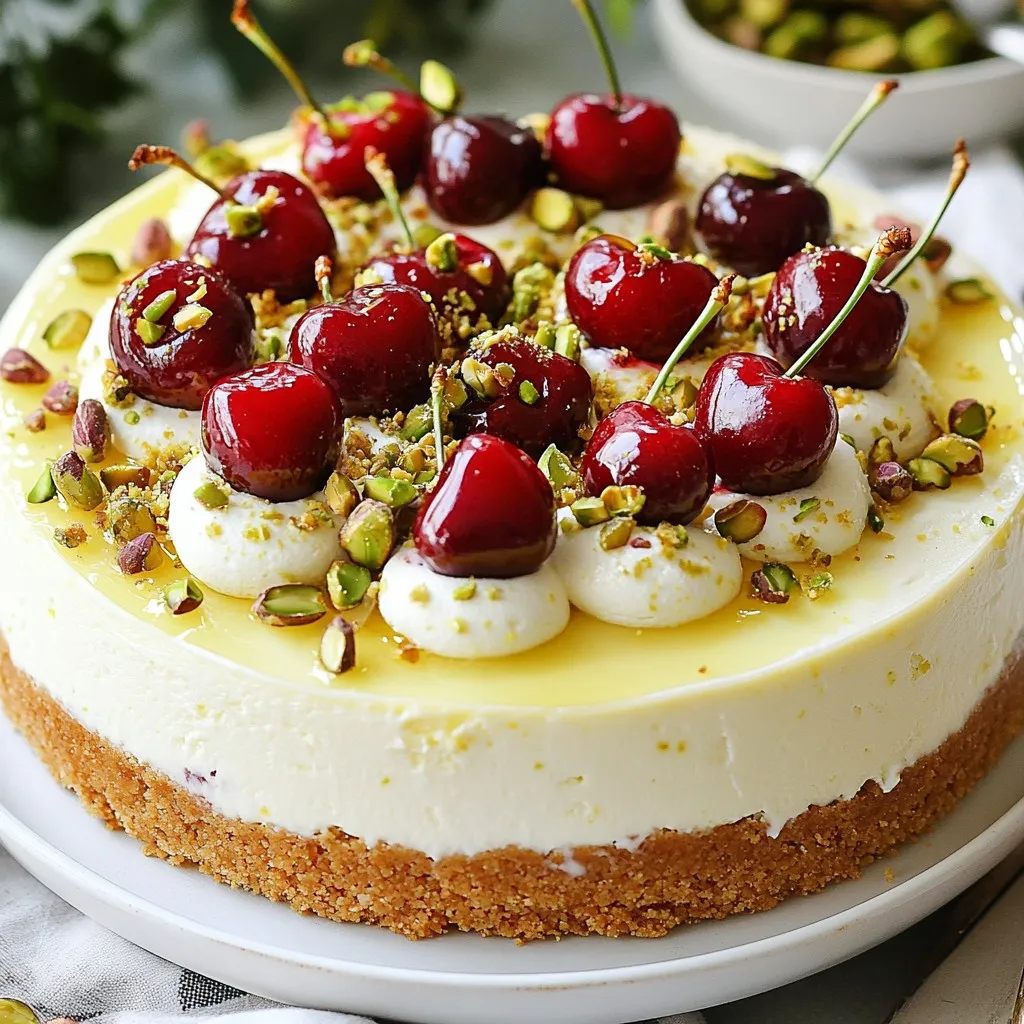 To make Cherry Pistachio Cheesecake, gather these ingredients: - 1 ½ cups graham cracker crumbs - ½ cup unsalted butter, melted - 2 cups cream cheese, softened - 1 cup granulated sugar - 2 large eggs - 1 teaspoon vanilla extract - 1 cup sour cream - 1 cup fresh cherries, pitted and halved - ½ cup shelled pistachios, chopped - 2 tablespoons cornstarch You can make some swaps if needed. For the graham cracker crumbs, use crushed cookies or nuts. Coconut flour works for a gluten-free base. If you lack fresh cherries, frozen ones work too, but drain them well. You can also replace pistachios with almonds or walnuts for a different taste. Using fresh cherries makes a big difference in flavor. They bring a sweet, tart taste that pairs well with creamy cheesecake. Quality pistachios add a nice crunch and earthy flavor. When you choose the best, your cheesecake shines! Enjoy the burst of flavors that fresh fruits and nuts provide. They make this dessert special and memorable. {{ingredient_image_1}} Start by preheating your oven to 325°F (160°C). In a bowl, mix 1 ½ cups of graham cracker crumbs with ½ cup of melted unsalted butter. Make sure all the crumbs are coated. Press this mixture firmly into the bottom of a 9-inch springform pan. Bake it for 10 minutes. After baking, take it out and let it cool completely. In a large bowl, add 2 cups of softened cream cheese and 1 cup of granulated sugar. Use a hand mixer to beat them together until smooth, which takes about 2 minutes. Add 2 large eggs, mixing well after each one. Next, stir in 1 teaspoon of vanilla extract, 1 cup of sour cream, and 2 tablespoons of cornstarch. Mix until everything blends smoothly. Gently fold in 1 cup of halved fresh cherries and ½ cup of chopped shelled pistachios. Be careful not to break the cherries too much. Pour the cheesecake filling over the cooled crust in the springform pan. Smooth the top with a spatula. Bake it in the preheated oven for 45-50 minutes. The edges should set, but the center should still jiggle slightly. After baking, turn off the oven and leave the cheesecake inside for 1 hour with the door slightly open. Let it cool to room temperature, then refrigerate for at least 4 hours or overnight. Once the cheesecake is fully set, carefully remove the springform pan. Slice it into pieces and serve it chilled. For a beautiful touch, garnish with extra cherries and a sprinkle of chopped pistachios. This adds color and flavor, making your dessert even more delightful. Enjoy every bite! To get a smooth and creamy texture, use softened cream cheese. I let mine sit at room temperature for about an hour. This step helps blend it easily and avoids lumps. Beat the cream cheese and sugar until fluffy, about two minutes. This makes a big difference in texture. Cracks can happen if the cheesecake bakes too fast. Bake at a low temperature, around 325°F. After baking, turn off the oven and leave the cheesecake inside for an hour. This helps it cool slowly. Also, avoid overmixing the filling to keep air from getting in. Air bubbles can cause cracks. Garnish with fresh cherries and chopped pistachios for a lovely look. You can also add a drizzle of cherry sauce for extra flavor. Serve it chilled for a refreshing treat. A dollop of whipped cream on the side adds a nice touch. Enjoy this cheesecake with friends and family for a special dessert! Pro Tips Use Room Temperature Ingredients: Ensure your cream cheese and eggs are at room temperature for a smoother cheesecake filling and better incorporation. Don’t Overmix: When adding the eggs and other ingredients, mix just until combined to avoid incorporating too much air, which can lead to cracks in the cheesecake. Test for Doneness: The cheesecake should have a slight jiggle in the center when you take it out; it will continue to set while cooling. Chill Overnight: For the best texture and flavor, let the cheesecake chill in the fridge overnight before serving. {{image_2}} You can swap out cherries for other fruits. Try raspberries for a tart kick. Blueberries add a sweet touch and pair well with the cream cheese. Apples can give a nice crunch. Each fruit changes the taste and look of the cheesecake. For added depth, use different extracts. Almond extract gives a nutty flavor that blends well with pistachios. Try lemon extract for a zesty twist. A hint of orange zest can brighten up every bite. Experimenting with these flavors can make your cheesecake even more special. To make a gluten-free crust, use gluten-free graham crackers. You can also use crushed nuts, like almonds or pecans, for the crust. Mix the nuts with melted butter and press it into your pan. This option keeps the cheesecake tasty and safe for those who avoid gluten. Store leftover cheesecake in the fridge. Use an airtight container to keep it fresh. It stays good for up to five days. If you have slices, wrap them in plastic wrap before placing them in the container. This helps prevent the cheesecake from drying out. You can freeze this cheesecake for longer storage. First, let it cool completely. Then, wrap it tightly in plastic wrap and aluminum foil. This protects it from freezer burn. You can freeze it for up to three months. When you want to eat it, move it to the fridge for 24 hours to thaw. Do not heat the cheesecake in the microwave. This will ruin its creamy texture. Instead, let it thaw slowly in the fridge. Once thawed, slice and serve it cold. If you want it slightly warm, let it sit at room temperature for about 30 minutes before serving. Enjoy the rich flavors of your Cherry Pistachio Cheesecake! Yes, you can use frozen cherries. Just thaw them first. Pat them dry to remove excess moisture. This helps the cheesecake stay firm. Frozen cherries may not hold their shape like fresh ones. However, they still add great flavor. The cheesecake is done when the edges are set. The center should have a slight jiggle. This jiggle shows it is not overcooked. Remember, it will firm up as it cools. Keep an eye on it during baking for the best result. To slice the cheesecake neatly, use a warm knife. Dip the knife in hot water, then dry it. This helps the knife glide through the cheesecake. Wipe the knife clean after each slice. This keeps your slices looking nice and clean. Yes, you can make it ahead of time. This cheesecake tastes even better after chilling overnight. Make it a day or two before serving. Just store it in the fridge, covered. This allows the flavors to blend and deepen. This cheesecake recipe is a delightful blend of fresh cherries and quality pistachios. We explored each ingredient's importance and shared step-by-step instructions to ensure your success. I offered tips for achieving the perfect texture and how to avoid cracks. Feel free to experiment with variations while learning proper storage methods. With this knowledge, you can create a stunning cheesecake that impresses. Enjoy every slice, and remember, practice makes perfect!