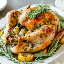 - 1 whole turkey (12-14 lbs), thawed - 1 cup unsalted butter, softened - 1 cup vegetable broth - 1 tablespoon salt - 1 tablespoon pepper - 1 tablespoon garlic powder - 1 tablespoon onion powder - 2 teaspoons dried thyme - 2 teaspoons dried rosemary - 2 teaspoons dried sage - 1 lemon, zested and quartered - 1 onion, quartered - 1 apple, quartered - Fresh herbs (thyme, rosemary, and sage) for stuffing - Cheesecloth (optional) When choosing a turkey, think about your guests. A good rule is to plan for 1 to 1.5 pounds of turkey per person. For example, a 12-14 pound turkey will serve 10-12 people. Also, remember that a larger turkey means more leftovers, which many people love! Keep in mind the size of your oven and roasting pan too. If you want to change up the butter, try using olive oil or vegan butter. They both add great flavor. For broth, chicken or turkey broth works well if you prefer. You can also swap out herbs based on your taste. Fresh herbs can bring a bright taste to the dish. Try using parsley or dill for a new twist. {{ingredient_image_1}} Start by removing the turkey from its packaging. Take out the giblets and neck. Rinse it under cold water. Pat the turkey dry with paper towels. This step helps the skin get crispy when cooking. In a bowl, mix together these ingredients: - 1 cup unsalted butter, softened - 1 tablespoon salt - 1 tablespoon pepper - 1 tablespoon garlic powder - 1 tablespoon onion powder - 2 teaspoons dried thyme - 2 teaspoons dried rosemary - 2 teaspoons dried sage Gently loosen the skin of the turkey. Focus on the breast and thighs. Spread half of the butter mixture under the skin. Smooth it out. Rub the rest of the butter all over the outside of the turkey. This adds flavor and moisture. In the cavity of the turkey, place: - 1 lemon, quartered - 1 onion, quartered - 1 apple, quartered - Fresh herbs (thyme, rosemary, and sage) These ingredients will add moisture and flavor as the turkey cooks. They help make the meat taste great. This is an easy way to enhance your turkey's taste. Roasting the turkey is the heart of your Thanksgiving meal. Start by preheating your oven to 325°F (165°C). This steady heat will cook your turkey evenly. Place the turkey breast-side up on a roasting rack. This helps the hot air circulate, cooking the turkey well. Use a roasting pan to catch drips and make gravy later. Basting keeps your turkey moist and tasty. Every 30 minutes, use a ladle to pour broth from the pan over the turkey. This adds flavor and helps the skin turn golden brown. If you use cheesecloth, soak it in broth or butter and drape it over the turkey for the first half of cooking. This gives a nice, soft texture and helps keep moisture in. To ensure your turkey is safe to eat, check the internal temperature. Use a meat thermometer in the thickest part of the breast and thighs. The turkey is done when it reaches 165°F (74°C). This step is crucial for food safety. After cooking, let the turkey rest for at least 30 minutes. This helps the juices spread, making each bite juicy and delicious. Pro Tips Butter Under the Skin: Ensuring to apply the herb butter mixture under the skin of the turkey helps keep the meat moist and flavorful during roasting. Use a Meat Thermometer: For perfectly cooked turkey, use a meat thermometer to check the internal temperature; it should reach 165°F (74°C) in the thickest part of the breast and thighs. Let it Rest: Allow the turkey to rest for at least 30 minutes after roasting. This step is crucial for juicy meat, as it allows the juices to redistribute throughout the turkey. Flavorful Gravy: Don't forget to use the drippings from the roasting pan to make a delicious gravy. Scrape up the browned bits for extra flavor! {{image_2}} To make sure your turkey is juicy, start with butter. Rub it all over the turkey. This helps lock in moisture. Use a mix of garlic powder, onion powder, and herbs for flavor. Make sure to get the butter under the skin too. This is key for juicy meat. Also, stuff the turkey with lemon, onion, and apple. These add extra moisture during cooking. If your turkey is dry, check the cooking time. Overcooking is a common mistake. Use a meat thermometer to check the thickest part of the breast. It should read 165°F (74°C). If you find your turkey is dry, try basting it. Every 30 minutes, pour some broth from the pan over it. This helps keep it moist. If you have leftovers, add gravy to keep the meat juicy. Cheesecloth can help achieve a nice brown color. Soak it in broth or butter, then place it over the turkey. Do this for the first half of cooking. This prevents the skin from burning. After that, remove the cheesecloth for the last part of cooking. This allows the skin to get crispy and golden. Using cheesecloth is a fun trick for a beautiful turkey. You can switch up the herbs to change the flavor. Instead of thyme, rosemary, and sage, try using basil, oregano, or parsley. Each herb offers a unique taste. For a fresh twist, add dill or tarragon. These herbs work well with turkey and can make your dish stand out. Experimenting with different herbs adds a personal touch to your meal. Want to boost the flavor of your turkey? Think about adding citrus. Lemon and orange zest can brighten the taste. You can also stuff the turkey with citrus slices. This helps keep the meat juicy and flavorful. Additionally, consider using apple juice or cranberry juice in the broth. These options add sweetness and depth to the turkey's flavor. You can cook your turkey in different ways. Roasting is the most common method, but smoking and deep-frying are popular too. Smoking gives the turkey a rich, smoky flavor. It takes longer but is worth the wait. Deep-frying cooks the turkey quickly and makes the skin crispy. Just ensure you follow safety rules when using hot oil. Each method offers a fun twist on a classic dish. Cook your turkey for about 13-15 minutes per pound. For example, if your turkey weighs 14 pounds, plan for about 3 to 3.5 hours in the oven. Always check the internal temperature. It should reach 165°F in the thickest part of the breast and thighs. This ensures your turkey is safe to eat and juicy. The best way to thaw a turkey is in the fridge. Plan for 24 hours of thawing time for every 4-5 pounds of turkey. For a 12-14 pound turkey, this means about 3 days in the fridge. If you need a faster method, you can use cold water. Submerge the turkey in its packaging in cold water. Change the water every 30 minutes. This method takes about 30 minutes per pound. Yes, you can prep your turkey the night before. You can season it and stuff it, then cover it in the fridge. This allows the flavors to soak in overnight. Just be sure to keep it chilled until you're ready to cook. This saves time on the big day and helps you serve a tasty turkey! You now have a clear path to cook a delicious turkey. We covered key ingredients, how to prep and stuff your turkey, and cooking techniques. You learned tips for ensuring juiciness and common issues to watch for. We also discussed variations and answered your burning questions. With this guide, you can create a tasty, impressive dish. Cooking turkey can be simple with the right tools and knowledge. Enjoy the process and the tasty results!