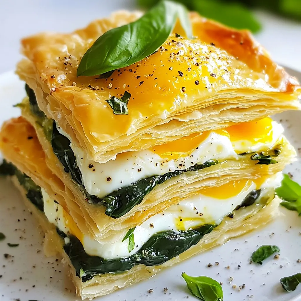 - 4 large eggs - 2 cups puff pastry, thawed if frozen - 1 cup spinach, wilted - 1/2 cup ricotta cheese - 1/2 cup grated mozzarella cheese - 1/4 cup grated Parmesan cheese - 2 tablespoons fresh basil, chopped - 1 tablespoon olive oil - Salt and pepper to taste These ingredients come together to create a rich and tasty dish. The puff pastry makes a great base. The eggs provide protein and richness. Spinach adds color and nutrients. The cheeses bring creaminess and flavor. - Additional chopped basil - Fresh fruits - Side salad Garnishing your dish can make it look even more appealing. Fresh basil adds a pop of color and taste. Fruits or a salad can balance the dish’s richness. - Baking sheet - Parchment paper - Mixing bowl - Fork - Rolling pin Having the right tools helps make cooking easier. A baking sheet and parchment paper help with cleanup. A mixing bowl is perfect for combining your filling. A fork is useful for pricking the pastry. A rolling pin helps shape the dough. {{ingredient_image_1}} First, set your oven to 400°F (200°C). This step is key for a perfect bake. Next, roll out the puff pastry on a floured surface. Aim for 1/8-inch thick. Cut it into four rectangles. Make sure they are big enough for the egg and filling. In a bowl, mix the wilted spinach, ricotta, mozzarella, and Parmesan. Add the chopped basil and olive oil. Season with salt and pepper. This mix will add great flavor. Once the pastry cools, put half of the spinach mix on two rectangles. Make a small well in the center. Crack an egg into each well. Top this with the rest of the spinach mix. Place the other two pastry rectangles on top. Put the assembled pastries back in the oven. Bake for 12-15 minutes. Check if the eggs are cooked to your liking. The pastry should be golden brown. Carefully move the Baked Eggs Napoleon to a serving plate. Enjoy it warm! Puff pastry is a star in this dish. To get the best results, keep it cold. Cold pastry puffs up better in the oven. Roll it out gently on a floured surface. Aim for about 1/8-inch thick. Cut it into rectangles that fit your baking sheet. Make sure to prick the surface lightly with a fork. This helps prevent it from puffing too much while baking. Baking eggs can be tricky. You want the whites set and the yolks runny. To achieve this, crack the eggs into a well in the filling. Bake them at 400°F for 12-15 minutes. Check them around the 10-minute mark. If you like your yolks runny, take them out sooner. For firmer yolks, let them bake a bit longer. Adding fresh herbs boosts flavor. Basil works wonders in this dish. Try mixing in some fresh thyme or parsley for more depth. A sprinkle of red pepper flakes can add heat. If you like cheese, consider adding feta for a tangy twist. Drizzling a bit of olive oil before serving adds richness. Enjoy experimenting with flavors that excite your taste buds! Pro Tips Use Fresh Ingredients: Fresh spinach and herbs will enhance the flavor of your filling. Opt for fresh basil instead of dried for a more vibrant taste. Don’t Overcook the Eggs: Keep an eye on the baking time for the eggs to ensure they remain runny or cooked to your preference. Check them a minute or two before the timer goes off. Experiment with Cheese: Feel free to mix in other cheeses like feta or goat cheese for a unique twist on the classic flavor profile. Serve Immediately: These pastries are best enjoyed fresh out of the oven. If needed, keep them warm in a low oven until ready to serve. {{image_2}} You can add meat for more flavor. Try diced ham or crispy bacon. Cook bacon until it’s crispy, then chop it. Mix it into the spinach filling for a savory twist. Ham works well too. Just cut it into small pieces and blend it in. If you want a vegetarian dish, skip the meat. Add more vegetables instead. Bell peppers, mushrooms, or zucchini all work great. Sauté them first to bring out their flavors. You can even add sun-dried tomatoes for a nice kick. Cheese can change the taste a lot. You can use feta for a tangy flavor. Goat cheese also adds a creamy texture. If you prefer a sharper taste, try aged cheddar. Each cheese brings its own unique twist, so have fun mixing! Store any leftovers in an airtight container. Place the Baked Eggs Napoleon in the fridge. They will stay fresh for up to three days. Make sure to cover them well to keep moisture in. To reheat, preheat your oven to 350°F (175°C). Place the Baked Eggs Napoleon on a baking sheet. Cover them loosely with foil to prevent burning. Bake for about 10-15 minutes. This helps keep the pastry crispy while warming the filling. You can freeze Baked Eggs Napoleon for later. Wrap each piece tightly in plastic wrap, then place them in a freezer bag. They can last up to three months in the freezer. When ready to eat, thaw in the fridge overnight before reheating. This method keeps the flavors intact and the texture pleasing. Baked Eggs Napoleon is a fun dish made with layers of puff pastry, eggs, and cheese. You start with a crispy pastry base. Then, you add a tasty mix of spinach and cheeses. Finally, you crack eggs on top and bake until the eggs are just right. It’s a delightful dish that looks fancy but is easy to make at home. Yes, you can use phyllo dough instead of puff pastry. Phyllo will give a different texture. It will be crispier and lighter. Just layer several sheets of phyllo, brushing each with olive oil. This will help mimic the flakiness of puff pastry. Keep an eye on it while baking, as it cooks faster. You can tell the eggs are done when the whites are set and the yolks are slightly runny. If you like firmer yolks, bake them a bit longer. You can also gently shake the dish. If the yolk moves, it needs more time. Always trust your eyes and the jiggle. Baked Eggs Napoleon pairs well with a fresh side salad. You can also serve it with seasonal fruits for a sweet touch. For a heartier option, add crusty bread to soak up the yolk. These sides make the meal feel complete and satisfying. In this blog post, we explored how to make Baked Eggs Napoleon. We detailed the key ingredients, tools needed, and provided easy step-by-step instructions. I shared tips for perfecting your puff pastry and offered fun variations with meat, veggies, or cheese. Remember to store any leftovers correctly, so you can enjoy this dish later. In the end, Baked Eggs Napoleon is a fun dish to try. It’s tasty, easy to customize, and perfect for any meal. Enjoy making it!