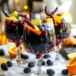 To make the Spooky Black Halloween Sangria, you need these main ingredients: - 4 cups black grape juice - 1 cup sparkling water - 1 cup pomegranate juice - 1/2 cup fresh blueberries - 1/2 cup blackberries - 1 orange, sliced - 1 apple, diced - 2 tablespoons lime juice If you like your drinks sweet, you can add a sweetener. Here are two options: - 2 tablespoons agave syrup - 1 tablespoon honey Use these to adjust the sweetness to your taste. You can skip them if you prefer a tart flavor. Garnishing adds fun to your sangria. Try these spooky ideas: - Spooky gummy worms - Spooky-shaped fruit jelly candies Place them on the rim of the glasses. They make the drink look festive and fun for Halloween! {{ingredient_image_1}} Start by grabbing a large pitcher. Pour in 4 cups of black grape juice. Next, add 1 cup of pomegranate juice. Stir them together well. This mix creates a dark, spooky base. Now, squeeze in 2 tablespoons of fresh lime juice. If you like it sweet, add 1 tablespoon of agave syrup or honey. Stir again until everything blends nicely. It's time to add the fruits! Gently fold in 1/2 cup of fresh blueberries and 1/2 cup of blackberries. Next, toss in the orange slices and diced apple. Make sure to mix them in carefully. This not only adds flavor but also makes the sangria look festive. You want those bright colors to pop against the dark juice. Put the pitcher in the fridge. Let it chill for at least one hour. This waiting time lets the flavors meld perfectly. When you are ready to serve, pour in 1 cup of sparkling water. Stir gently to keep the bubbles. Fill your glasses with ice. Finally, garnish with spooky gummy worms or jelly candies. Place them on the rim for a fun Halloween touch. Enjoy your Spooky Black Halloween Sangria! To wow your guests, serve the sangria in clear glasses. This lets the dark colors shine. Arrange gummy candies on the rim. They add a spooky touch and make it fun! Use Halloween-themed decorations for your table. Think orange pumpkins and black bats. This sets the mood for your party. I recommend using tall glasses or mason jars. They show off the sangria's rich colors. Plus, they fit well with the Halloween theme. For a fun twist, use goblets or chalices. They add a fancy flair to your spooky drink. Want to kick up the flavor? Try adding a splash of ginger ale. It gives a nice zing and pairs well with the juices. You can also mix in some chopped mint leaves. Mint adds a refreshing twist. If you want to change the fruit, use seasonal options. Pears or cherries can work great instead of apples. Pro Tips Chill Your Ingredients: For the best flavor, chill all your juices and fruits beforehand. This keeps your sangria refreshing and cool without diluting it with too much ice. Fruit Variations: Feel free to experiment with other dark fruits like black cherries or plums. They can add unique flavors and enhance the spooky look of your sangria. Make Ahead: Prepare your sangria a few hours in advance or even the night before. This allows the flavors to develop and intensify, making for a more delicious drink. Garnish Creatively: Use different types of spooky garnishes such as plastic spiders or themed cocktail stirrers to elevate your Halloween presentation and delight your guests. {{image_2}} You can easily make your spooky black Halloween sangria with or without alcohol. For an alcoholic version, add red wine. A fruity wine works best. You can use a dry red or a sweet blend. Start with one bottle of wine, then mix it with the juices. For a non-alcoholic version, skip the wine. Use more black grape juice instead. This keeps the drink rich and dark. The sparkling water will still add fun bubbles. You can also add more fruit for flavor. Fruits can change the flavor and look of your sangria. Try adding seasonal fruits. For fall, pears and figs are great choices. Their sweet taste adds depth. You can also use cranberries for a tart twist. Feel free to experiment! Each fruit will give your drink a unique spin. Remember to keep the dark color. Choose fruits that contrast nicely, like bright oranges or green apples. If you want to switch up the flavor, try different spirits. Instead of red wine, you can use vodka. It keeps the drink light and fresh. You can also try rum for a sweeter taste. Dark rum adds a warm flavor that pairs well with the juices. If you want a twist, use flavored spirits. Peach or raspberry vodkas can add a fun twist. Each spirit will give your spooky black Halloween sangria a new vibe! To store leftover sangria, pour it into a glass or plastic container. Make sure to seal it well. This keeps the sangria fresh. Store it in the fridge. It tastes best when chilled. If you plan to pre-make your sangria, do this the night before. Mix all the juices and fruits, but skip the sparkling water. Adding bubbles just before serving keeps it fizzy. This way, your drink stays fresh and fun. Most of the ingredients in this spooky drink last a while. Black grape juice can last up to a year if unopened. Pomegranate juice and sparkling water last about six months. Fresh fruits like blueberries and blackberries should be used within a week. Always check for freshness before using. Yes, you can make this sangria ahead of time. I often prepare it a few hours before serving. This gives the flavors time to blend. Just remember to add the sparkling water right before you serve it. This keeps the bubbles fresh and lively. If you donβt have black grape juice, you can use red grape juice. You can also try cranberry juice for a different taste. Both options work well in this recipe. Absolutely! You can skip the agave syrup or honey to cut sugar. Use fresh fruits for sweetness instead. This will keep your sangria tasty without extra sugar. You now have all the tools to create a delicious sangria. We covered the key ingredients, like fruits, juices, and garnish options. The step-by-step guide makes mixing easy. Remember to consider presentation and the right glassware for serving. Feel free to try different variations, with seasonal fruits or alcohol-free options. Always store any leftovers properly to keep flavors fresh. Enjoy these tips to make your sangria unique, fun, and tasty. Now, gather your friends and savor every sip!